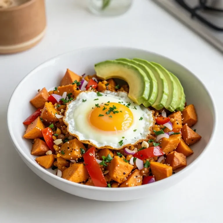 - 2 medium sweet potatoes, peeled and diced - 1 bell pepper, diced (any color) - 1 small red onion, chopped - 4 large eggs (or tofu for vegan) Sweet potatoes are the star. They bring sweetness and color. Next, we add a bell pepper for crunch. Choose any color you like! The red onion gives a nice flavor boost. You can swap eggs for tofu if you want a vegan meal. - Smoked paprika - Cumin - Salt and pepper Smoked paprika adds warmth and depth. Cumin gives it a nice earthy flavor. Salt and pepper bring out all the tastes. These spices make the dish more exciting. - Fresh parsley - Avocado slices Fresh parsley adds a pop of color and freshness. Avocado slices are creamy and tasty. You can add these for extra flavor and fun. {{ingredient_image_1}} - Peeling and Dicing Sweet Potatoes First, take two medium sweet potatoes. Using a peeler, remove the skin. Next, cut the sweet potatoes into small cubes. Aim for even pieces so they cook well. - Sautéing Vegetables In a large skillet, heat two tablespoons of olive oil over medium heat. Add the diced sweet potatoes first. Cook them for about ten minutes. Stir them often until they start to soften. Then, add one chopped small red onion and one diced bell pepper. Cook for another five to seven minutes. Keep stirring until everything is tender and the sweet potatoes are lightly browned. - Adding Seasonings and Cooking Eggs Now, add two minced garlic cloves, one teaspoon of smoked paprika, one teaspoon of cumin, and salt and pepper to taste. Stir everything together and cook for two to three more minutes. The garlic should smell nice and fragrant. Next, create four small wells in the mixture. Carefully crack one large egg into each well. If you prefer a vegan option, use crumbled tofu instead. Cover the skillet and cook for five to seven minutes. This will let the eggs set just right. - Final Touches and Garnishing When the eggs are cooked to your liking, take the skillet off the heat. Sprinkle some fresh chopped parsley on top for a pop of color. This adds great flavor too. - How to Present the Dish Serve the sweet potato breakfast hash in bowls. For a nice look, sprinkle some extra parsley on top. You can also arrange avocado slices around the dish for a beautiful touch. - Pairing Ideas This hash pairs well with a side of fresh fruit or whole-grain toast. Consider adding a light salad for extra greens. Enjoy this filling meal any day of the week! To ensure perfectly cooked sweet potatoes, cut them into even pieces. This helps them cook at the same rate. Sauté them for about 10 minutes until they soften. Stir them often to get a nice brown color. For eggs, crack them into small wells. Cover the skillet to help them cook evenly. Check them after 5 minutes and cook longer if needed. To add more flavor, try adding spices like chili powder or onion powder. You can also use fresh herbs like thyme or rosemary for a nice twist. Mix in veggies like zucchini or spinach for extra nutrition. These small changes make a big difference in taste. For visual appeal, serve the hash in bright bowls. Use a spoon to pile the hash high. Sprinkle fresh parsley on top for a pop of color. If you use avocado, slice it neatly and arrange it around the dish. This makes the meal look tempting and fresh. Pro Tips Perfectly Cooked Eggs: For a runny yolk, cover the skillet for the last few minutes of cooking. If you prefer firmer yolks, simply cook a little longer without the lid. Enhance Flavor: Experiment with different spices like chili powder or herbs like thyme for a unique twist on the classic flavor profile. Meal Prep Friendly: Prepare the sweet potato hash in advance and store it in the fridge. Reheat it in a skillet for a quick, nutritious breakfast throughout the week. Choosing Avocados: When selecting avocados, choose ones that yield slightly to gentle pressure for optimal creaminess to complement your hash. {{image_2}} You can easily make this dish vegetarian. Instead of using eggs, try tofu. Just crumble the tofu and cook it in the wells you make in the hash. This gives you a nice, protein-packed option. You can also add more veggies. Try zucchini, spinach, or mushrooms. They bring great taste and texture to the dish. Want to make it vegan? You can replace the eggs with tofu as mentioned. For added creaminess, use a non-dairy milk like almond or oat milk. This keeps the dish smooth without sacrificing flavor. You can also add avocado slices on top for a rich, creamy touch. If you like spice, add some heat! Try adding jalapeños or red pepper flakes. These will give your hash a kick. For a fresh taste, think about using different herbs. Fresh cilantro or chives can brighten up your meal. Mixing in these flavors helps create a dish that everyone will love. To store leftovers, let the hash cool first. Then, place it in an airtight container. This method keeps it fresh. Use a glass or plastic container with a tight lid for best results. Freezing the hash is easy. Scoop it into freezer-safe bags or containers. Make sure to remove as much air as possible. This helps prevent freezer burn. When ready to eat, thaw in the fridge overnight. Reheat in a skillet over medium heat. Stir gently until warmed through. In the fridge, the hash lasts about 3 to 5 days. In the freezer, it can last up to 2 to 3 months. Be sure to label your containers with the date. This way, you can enjoy your sweet potato breakfast hash at its best! Can I make Sweet Potato Breakfast Hash ahead of time? Yes, you can make this hash ahead of time. Cook it fully, then cool it down. Store it in an airtight container in the fridge for up to three days. When ready to eat, reheat it in the skillet. This saves time during busy mornings. What can I use instead of sweet potatoes? If you don’t have sweet potatoes, use regular potatoes. You can also try butternut squash or even zucchini. Each option will give a different taste but will still be yummy. Just adjust the cooking time as needed. Is this recipe gluten-free? Yes, this recipe is gluten-free. All the ingredients are free from gluten. This makes it a great option for those who avoid gluten in their diet. Enjoy it without worry! Can I reduce the calorie count in this dish? Yes, you can lower the calories. Use less olive oil or skip the eggs. You can also add more veggies to fill it up. This keeps it tasty and satisfying while cutting down on calories. What if I don't have a skillet? If you lack a skillet, use a large pot. A pot works well for cooking the hash too. Just follow the same steps, and it will turn out great! How to adapt the recipe for meal prep? To adapt for meal prep, cook the hash as usual. Then, divide it into meal prep containers. You can make individual servings for easy lunches or breakfasts. This way, you have meals ready to go! This blog post covers a simple, healthy sweet potato breakfast hash recipe. We explored the key ingredients, spices, and optional garnishes. I shared step-by-step instructions and tips for cooking and presentation. We also discussed variations for different dietary needs and how to store leftovers. This dish is easy to make and packed with flavor. Try it with your favorite toppings for a personalized touch. Enjoy making this hearty meal any day!