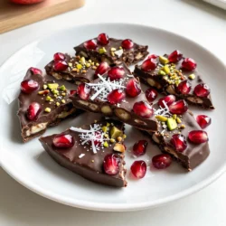 For a delicious Pomegranate Chocolate Bark, gather these key ingredients: - 2 cups dark chocolate chips (at least 70% cocoa) - 1 cup pomegranate seeds - 1/2 cup unsweetened shredded coconut - 1/4 cup chopped pistachios - A pinch of sea salt If you want to change things up, consider these options: - Use milk or white chocolate instead of dark chocolate. This will change the taste. - Swap pistachios for almonds or walnuts. You can also use sunflower seeds for a nut-free version. Choosing the right ingredients makes a big difference: - Quality of chocolate: Always pick high-quality chocolate. It melts better and tastes richer. - Freshness of pomegranate seeds: Use fresh pomegranate seeds. They add a juicy burst and great flavor. Avoid any that look dried out or mushy. These choices help your treat shine. Enjoy making your bark! {{ingredient_image_1}} To melt the chocolate, you have two great methods. - Double boiler method: Fill a pot with water and heat it. Place a heatproof bowl on top. Add dark chocolate chips to the bowl. Stir often until smooth. - Microwave method: Put chocolate chips in a microwave-safe bowl. Heat in 30-second bursts. Stir in between until melted. Both methods work well, but I prefer the double boiler. It gives me more control. Next, prepare your baking sheet. This step is important for easy cleanup and great results. - Importance of parchment paper: Line your baking sheet with parchment paper. This keeps the chocolate from sticking. - Ensuring a flat surface: Make sure the paper is smooth and flat. Bumps can cause uneven chocolate. Now it's time to spread the melted chocolate. - Techniques for spreading chocolate evenly: Pour the chocolate onto the baking sheet. Use a spatula to spread it into a rectangle. Aim for about 1/4 inch thick. - Pressing toppings into chocolate: While the chocolate is still warm, add the pomegranate seeds, coconut, and pistachios. Lightly press them down so they stick well. The last steps involve chilling and breaking the bark. - Timing for chilling: Place the baking sheet in the fridge. Chill for about 30 minutes. This helps the chocolate set firmly. - How to break into pieces: Once set, take the chocolate out. Use your hands or a knife to break it into irregular pieces. This gives it a rustic look. Now, enjoy your delicious pomegranate chocolate bark! To prevent chocolate from seizing, keep water away. Water can make chocolate clump. Use dry bowls and utensils. When melting, stir slowly. This helps the chocolate melt evenly. For a glossy finish, choose high-quality chocolate. The better the chocolate, the shinier your bark will be. After melting, let it cool slightly before spreading. This helps create the shine you want. You can garnish your bark with extra toppings. Try adding a few extra pomegranate seeds on top. This adds color and makes it pop. You might also drizzle white chocolate for a nice contrast. When serving, break the bark into uneven pieces. This gives it a rustic look. Serve on a pretty plate or in a clear jar. It makes a great gift too! Adding spices can boost flavor. A pinch of cinnamon or chili powder gives a nice twist. You can also add a few drops of vanilla extract for warmth. If you want to change up the chocolate, try flavored options. Orange or mint chocolate can add a fun twist. Experiment to find what you love most! Pro Tips Use Quality Chocolate: The better the chocolate, the better the bark! Choose high-quality dark chocolate with at least 70% cocoa for rich flavor. Patience is Key: Allow the chocolate to cool a bit before adding toppings. This helps prevent the toppings from sinking too deep into the chocolate. Experiment with Toppings: Don't hesitate to get creative! Try adding dried fruits, nuts, or even a sprinkle of chili powder for a spicy kick. Storage Matters: Keep the chocolate bark in an airtight container to maintain its crispness and freshness for longer. {{image_2}} You can change the fruit in this recipe. Try other berries like strawberries, blueberries, or raspberries. Dried fruits also work well. Think of dried cranberries, apricots, or cherries. Seasonal fruits are great too. In fall, use apples or pears. In winter, try citrus fruits like oranges or mandarins. Each choice adds a unique flavor. Nuts add crunch and depth. You can mix in different nuts, like almonds or walnuts. They bring a nice texture. Nut butter swirls can add creaminess. Try almond butter or peanut butter. Just drop spoonfuls on the melted chocolate and swirl gently. This creates a fun pattern while adding rich flavor. You can easily adapt this recipe for different diets. For vegan options, use dairy-free chocolate. Many brands offer good quality vegan dark chocolate. For gluten-free adjustments, check the chocolate label. Most dark chocolates are gluten-free, but it&rsquo;s always good to confirm. Enjoy this treat without worry! Store your pomegranate chocolate bark in an airtight container. This keeps it fresh. If you leave it out, it can pick up odors. You can keep it at room temperature, but the fridge works too. Just make sure the container seals well. At room temperature, it lasts about two weeks. In the fridge, it can last even longer. To keep it fresh, avoid exposing it to heat or moisture. Always check for any signs of spoilage before eating. Yes, you can freeze chocolate bark! Cut it into pieces before freezing. Use a freezer-safe container or bag. To thaw, leave it in the fridge overnight. This helps maintain its texture and flavor. Enjoy your sweet treat anytime! Yes, you can use milk chocolate. However, it changes the texture and taste. Milk chocolate is creamier and sweeter than dark chocolate. This change makes the bark less intense. If you like a rich flavor, stick with dark chocolate. You can make the recipe healthier by reducing the sugar. Try using alternative sweeteners like honey or maple syrup. You can also swap out some chocolate for cocoa powder. This will lower the sugar and add a nice flavor. You can use leftover pomegranate seeds in salads or smoothies. Shredded coconut is great in oatmeal or yogurt. Chopped pistachios can top a grain bowl or be mixed into trail mix. These ideas help avoid waste and keep meals interesting. This blog post explored how to make delicious chocolate bark. You learned the main ingredients, like dark chocolate and pomegranate, and how to prepare them. We discussed essential steps, like melting, spreading, and chilling the bark. Tips for better texture and beautiful garnishes helped enhance your treats. You also saw storage methods to keep them fresh. In conclusion, you now have all the tools to create tasty and fun chocolate bark. Enjoy sharing your creations with family and friends!