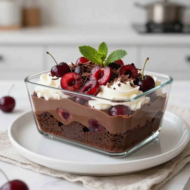 To make a Chocolate Cherry Brownie Trifle, you'll need these key ingredients: - 1 batch of homemade brownies (or store-bought, about 9x9 inch pan) - 2 cups fresh or frozen cherries, pitted and halved - 1 cup heavy whipping cream - ½ cup powdered sugar - 1 teaspoon vanilla extract - 1 cup chocolate pudding (store-bought or homemade) - ½ cup chocolate shavings (for garnish) - Fresh mint leaves (for garnish) These ingredients come together to create rich flavors and textures. The brownies add a soft base, while the cherries bring a nice tartness. The whipped cream and chocolate pudding provide smooth layers that make each bite delightful. Feel free to personalize your trifle with these optional add-ins: - A splash of cherry juice for extra cherry flavor - Nuts like walnuts or pecans for crunch - A drizzle of chocolate sauce for added sweetness Using these add-ins can take your trifle to the next level. Experiment and find what you love best. Gather these tools to make your trifle easy to assemble: - A large glass trifle dish or individual serving cups - Mixing bowls for the cream and cherries - A whisk or electric mixer for whipping the cream - A sharp knife for cutting brownies Having the right equipment simplifies the process. You’ll create a stunning dessert with ease! {{ingredient_image_1}} Start by making the brownies. You can use a homemade recipe or store-bought ones. If you choose homemade, bake them first. Follow your favorite recipe and let them cool. Once cool, cut the brownies into bite-sized cubes. If using store-bought, simply open the package and cut them into cubes, too. Next, it's time for the cherry filling. Take 2 cups of fresh or frozen cherries. Make sure they are pitted and halved. Place them in a medium bowl and add 2 tablespoons of powdered sugar. Gently toss the cherries to mix in the sugar. Let them sit for about 15 minutes. This will help the cherries release their juices and become even more flavorful. Now, let's whip the cream. In a large mixing bowl, pour in 1 cup of heavy whipping cream. Add the remaining powdered sugar and 1 teaspoon of vanilla extract. Begin beating the cream with an electric mixer. Watch closely; you want soft peaks to form. Be careful not to overbeat, or the cream will turn into butter. It's time to layer all the delicious components. Grab a large glass trifle dish or individual cups. Start with a layer of brownie cubes at the bottom. Next, add a layer of chocolate pudding. After that, layer on the cherry mixture. Finally, top it off with a layer of whipped cream. Repeat these layers until you fill the dish or cups, ending with whipped cream on top. Now, cover your trifle with plastic wrap. Place it in the fridge for at least 2 hours. This chilling time lets the flavors blend and the layers set perfectly. When you are ready to serve, take it out and enjoy the delightful layers you've created! To get the best whipped cream, start with cold tools. Use a chilled bowl and beaters. This helps the cream whip faster and stay fluffy. Mix the heavy cream with powdered sugar and vanilla extract. Beat until soft peaks form. Be careful not to overbeat. If you do, the cream can turn into butter. Layering is key to making your trifle look great. Start with brownie cubes at the bottom. This gives a strong base. Then, add a layer of chocolate pudding. Next, spoon in the cherry mixture. Finally, top it with whipped cream. Repeat this until you fill your dish. Using clear glass dishes makes the layers pop. You can see the dark chocolate, bright cherries, and fluffy cream. For a fun touch, add a cherry on top. This adds color and makes it look fancy. For the best experience, chill the trifle for at least 2 hours. This helps the flavors mix well. Serve it cold. Garnish with chocolate shavings and fresh mint leaves right before serving. This adds a nice touch. You can serve the trifle in individual cups for easy sharing. It’s perfect for parties or family dinners. Everyone loves a tasty dessert that looks beautiful! Pro Tips Use Quality Ingredients: The flavor of your trifle is only as good as the ingredients you use. Opt for high-quality chocolate and fresh cherries for the best results. Chill Before Serving: Allowing the trifle to chill for a few hours helps the flavors meld, resulting in a more delicious dessert. Experiment with Layers: Feel free to get creative with the layers! Consider adding crushed cookies or alternate fruits for a unique twist. Presentation Matters: Serve the trifle in clear glass dishes to showcase the beautiful layers, and don’t forget to garnish with mint for a pop of color. {{image_2}} You can change the fruit in this trifle to suit your taste. Try strawberries or raspberries for a fun twist. Blueberries also work well and add a nice color. If you want a tropical vibe, use diced pineapple or mango. Each fruit brings its own flavor, making your trifle unique. Just make sure to prepare the fruit the same way you do for cherries. If chocolate pudding isn’t your favorite, you have options. Vanilla pudding gives a nice contrast to the chocolate and cherries. Butterscotch pudding adds a sweet, rich flavor that pairs well with the brownies. You can also try caramel pudding for a dessert that is both sweet and salty. Feel free to mix and match puddings to create your perfect dessert. You can easily make this trifle gluten-free. Just use gluten-free brownies instead of regular ones. Many stores sell good gluten-free options. For a vegan version, swap the heavy cream for coconut cream or a plant-based whipped topping. Use dairy-free pudding to keep it vegan. These adaptations let everyone enjoy this tasty treat! To keep your chocolate cherry brownie trifle fresh, cover it tightly. Use plastic wrap or a lid to seal it. Store the trifle in the fridge. It can last for up to three days. The flavors will blend and become even better over time. Just make sure it stays covered to avoid drying out. Freezing the trifle is tricky but doable. I recommend freezing the brownie cubes and cherry filling separately. This way, you keep the texture. When you want to serve, layer them fresh. If you freeze the whole dish, the whipped cream may lose its fluffiness. It’s best to add that layer fresh before serving. If you have extra ingredients, use them in fun ways! Leftover cherries can top yogurt or oatmeal. You can also mix chocolate pudding into smoothies. The leftover whipped cream is great on pancakes or hot cocoa. Be creative and enjoy every part of your dessert! Yes, you can use store-bought brownies. They save time and still taste great. Just make sure to cut them into cubes like homemade brownies. You want to keep the texture nice for layering in the trifle. You can keep the trifle in the fridge for up to three days. The layers stay fresh, but the longer it sits, the softer the brownies become. Enjoy your trifle within those days for the best taste. Absolutely! You can make the trifle a day ahead. Just layer it and chill it in the fridge. This waiting time helps the flavors blend well. When it’s time to serve, just add your garnishes. If you need a substitute for heavy cream, you can use coconut cream. It adds a nice flavor and still whips well. You can also try using half-and-half or a non-dairy milk mixed with cornstarch. In this blog, we covered how to make a delicious trifle with brownies and cherry filling. We discussed essential ingredients, step-by-step instructions, and helpful tips. You can create variations and store any leftovers easily. This dessert looks great and tastes even better. Enjoy the process, and don’t hesitate to experiment with flavors. A homemade trifle is a treat everyone will love!