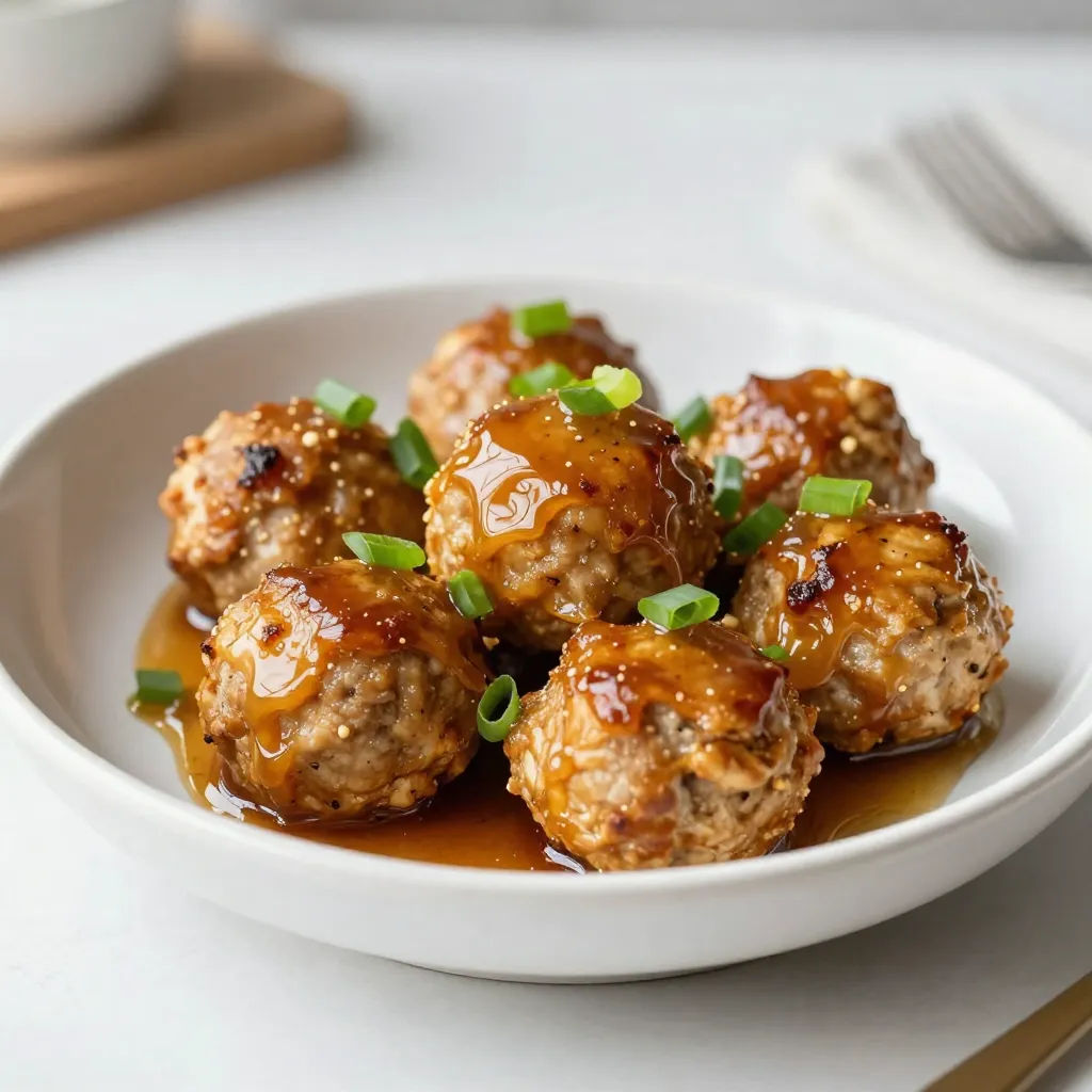 Making honey garlic chicken meatballs is simple. You need fresh, tasty ingredients. This recipe uses ground chicken, breadcrumbs, and Parmesan cheese. You also need herbs, spices, and a few sauces. Together, these make meatballs that burst with flavor. - Ground chicken: It keeps the meatballs light and moist. - Breadcrumbs: These help bind the meatballs. They also add a nice texture. - Parmesan cheese: This adds a salty and nutty flavor. - Fresh parsley: It gives a pop of color and freshness. - Garlic: Minced garlic adds depth and aroma. - Honey: This sweetens the sauce and balances the flavors. - Soy sauce: It adds umami and saltiness. - Apple cider vinegar: This gives a tangy kick. - Sesame oil: It adds a nutty flavor. - Green onion: This is for garnish and adds crunch. You can make this recipe your own. Here are some swaps: - Ground turkey: Use it instead of ground chicken for a leaner option. - Gluten-free breadcrumbs: These can replace regular breadcrumbs for a gluten-free meal. - Parmesan cheese: You can swap it for another cheese like pecorino or nutritional yeast for dairy-free. - Maple syrup: This can be used instead of honey for a vegan alternative. - Coconut aminos: This works as a soy sauce substitute for a soy-free option. These substitutions keep the dish tasty while catering to different diets. Enjoy cooking! {{ingredient_image_1}} To make honey garlic chicken meatballs, start by gathering your ingredients. You need: - 1 lb ground chicken - 1/2 cup breadcrumbs - 1/4 cup grated Parmesan cheese - 1/4 cup fresh parsley, chopped - 2 cloves garlic, minced - 1 egg - 1 teaspoon salt - 1/2 teaspoon pepper - 1/2 teaspoon onion powder In a large bowl, mix the ground chicken, breadcrumbs, and Parmesan cheese. Add the chopped parsley and minced garlic. Crack the egg into the bowl and sprinkle in the salt, pepper, and onion powder. Use your hands to mix all the ingredients well. Next, wet your hands so the mixture does not stick. Form the mixture into 1-inch meatballs. Place each meatball on a lined baking sheet. Make sure they are spaced apart for even cooking. Now it's time to bake the meatballs. Preheat your oven to 400°F (200°C). Once the oven is hot, put the baking sheet in the oven. Bake the meatballs for 20-25 minutes. Flip them halfway through to help them brown evenly. When they are golden brown and cooked through, take them out of the oven. While the meatballs bake, prepare the sweet and savory sauce. In a small saucepan over medium heat, combine: - 1/2 cup honey - 1/4 cup soy sauce - 1 tablespoon apple cider vinegar - 1 teaspoon sesame oil Stir the mixture well and bring it to a gentle simmer. Let it cook for about 5-7 minutes, stirring occasionally. You want the sauce to thicken slightly. When the meatballs are ready, transfer them to a large mixing bowl. Drizzle the honey garlic sauce over the meatballs. Toss them gently to coat each meatball evenly. Now you have a delicious dish ready to serve! To make the best meatballs, start with ground chicken. Use a mix of fresh herbs and cheese. This adds great flavor. Make sure your hands are wet when shaping the meatballs. This helps prevent sticking. Aim for uniform size around one inch. This ensures even cooking. Bake them until they turn golden brown. To boost the taste, try adding more garlic. You can also mix in some spices. A touch of smoked paprika or cayenne can add heat. If you like a twist, use ginger in the sauce. Adding lime juice brightens the flavor too. Don’t forget to garnish with green onions. They add a fresh crunch. One common mistake is over-mixing the meatball mix. This can make the meatballs tough. Another mistake is not preheating the oven. This can lead to uneven cooking. Always check the meatballs with a thermometer. They should reach 165°F for safety. Avoid skipping the sauce; it’s what makes the dish special. Pro Tips Use Fresh Ingredients: Always opt for fresh garlic and parsley for a more vibrant flavor in your meatballs. Moisture Matters: To keep your meatballs moist, avoid over-mixing the ingredients and ensure the chicken is not too lean. Customize Your Sauce: Feel free to adjust the sweetness of the honey garlic sauce by adding more or less honey according to your taste. Perfect Pairings: These meatballs pair wonderfully with steamed rice or a fresh salad for a complete meal. {{image_2}} You can easily make honey garlic chicken meatballs gluten-free. Just swap the breadcrumbs with gluten-free breadcrumbs. Many stores sell these now. You can also use ground oats as a binder. It works well and adds a nice texture. Just make sure to check for gluten-free labels on all ingredients! While the honey garlic sauce is delicious, you can try different flavors. For a spicy kick, add some sriracha or chili paste to the sauce. If you love teriyaki, mix honey with teriyaki sauce for a sweet twist. You can also use barbecue sauce for a smoky taste. The options are endless! You can switch up the meat in these meatballs. Ground turkey works great if you want a leaner choice. Ground pork gives a juicy, flavorful bite. If you're feeling adventurous, try ground beef or even a mix of proteins. Each option will bring its own unique taste to the dish! To keep your honey garlic chicken meatballs fresh, store them in an airtight container. Make sure they cool down before you seal them. You can keep them in the fridge for up to three days. For best results, separate the meatballs from the sauce. This way, the meatballs stay firm. If you want to save some meatballs for later, freezing is a great option. Place the cooked meatballs on a baking sheet in a single layer. Freeze them for about an hour until they are solid. Then, transfer them to a freezer-safe bag or container. They can last up to three months in the freezer. When you're ready to eat, just thaw them in the fridge overnight. Reheating your meatballs is simple. You can use the oven, microwave, or stovetop. To use the oven, preheat it to 350°F (175°C). Place the meatballs on a baking sheet and warm them for about 10-15 minutes. If you prefer the microwave, place them in a bowl and cover them. Heat in short bursts, checking often. For stovetop reheating, add a little sauce in a pan and warm the meatballs over low heat. Enjoy your tasty meal again! Yes, you can use ground turkey. It gives a similar taste and texture. Ground turkey is leaner than chicken. This makes the meatballs a bit drier. To fix this, you can add a little extra honey or soy sauce. This will help keep them moist. You can tell the meatballs are done by checking their color. They should be golden brown on the outside. The inside should no longer be pink. You can also use a meat thermometer. The internal temperature should reach 165°F (74°C). This ensures they are safe to eat. These meatballs pair well with many sides. You can serve them over rice or noodles. Steamed veggies like broccoli or snap peas make a good match. You can also use them in a wrap or sandwich. They taste great with a fresh salad too! This article covered important steps to make honey garlic chicken meatballs. You learned about key ingredients, how to prepare and bake the meatballs, and ways to enhance their flavor. I also provided tips for avoiding common mistakes and ways to store leftovers. You can now enjoy variations like gluten-free options and different sauces. Remember, the right ingredients and method will make your dish shine. Happy cooking!