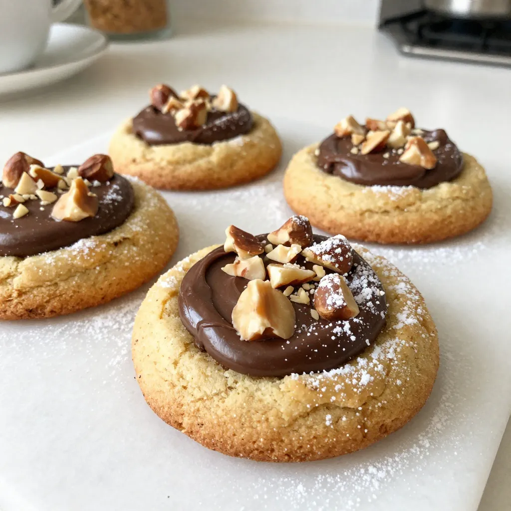 - 1 cup unsalted butter, softened - 3/4 cup brown sugar, packed - 1/2 cup granulated sugar - 1 large egg - 1 teaspoon vanilla extract - 2 1/4 cups all-purpose flour - 1 teaspoon baking soda - 1/2 teaspoon salt - 1 cup dark chocolate chips - 1/2 cup hazelnuts, chopped (plus extra for topping) - 1/2 cup chocolate hazelnut spread (like Nutella) When baking, measuring correctly is key. Use a dry measuring cup for flour. Spoon flour into the cup and level it off. This avoids packing too much flour. For butter, soften it at room temperature. It should be soft but not melted. Use fresh chocolate chips and hazelnuts for the best taste. Check the expiration date on your chocolate hazelnut spread, too. Quality ingredients make a big difference in flavor. You can change the nuts if you like. Try walnuts or pecans for a new twist. For a fun flavor, add a sprinkle of cinnamon or nutmeg. You can swap all-purpose flour for a gluten-free blend, too. If you want less sugar, use sugar substitutes that measure cup-for-cup. You can also add more chocolate chips or even peanut butter chips for richness. The choice is yours! {{ingredient_image_1}} To start, preheat your oven to 350°F (175°C). Line a baking sheet with parchment paper to make cleanup easy. In a large bowl, mix 1 cup of softened unsalted butter, 3/4 cup of brown sugar, and 1/2 cup of granulated sugar. Cream them together until they are light and fluffy. This step is crucial because it adds air and makes your cookies soft. Next, beat in 1 large egg and 1 teaspoon of vanilla extract until everything is well blended. In another bowl, whisk together 2 1/4 cups of all-purpose flour, 1 teaspoon of baking soda, and 1/2 teaspoon of salt. Slowly add this dry mix to your wet ingredients. Mix just until combined. You want to avoid overmixing. Finally, fold in 1 cup of dark chocolate chips and 1/2 cup of chopped hazelnuts. Make sure they are evenly spread throughout the dough. For the filling, you will need 1/2 cup of chocolate hazelnut spread, like Nutella. This spread adds a rich flavor and delightful creaminess. If you want extra crunch, chop some hazelnuts as a topping. Set this aside as you prepare to assemble your cookies. Now it's time to fill your cookies! Take about 2 tablespoons of dough and flatten it in your hand. Place a teaspoon of the chocolate hazelnut spread in the center. Wrap the dough around the filling and roll it into a ball. Repeat this with the remaining dough and spread. Place the dough balls on your lined baking sheet, leaving space for them to spread as they bake. For an added touch, gently press some chopped hazelnuts on top of each cookie. This gives them a nice crunch and a beautiful look. Bake the cookies for about 10 to 12 minutes. You want the edges to be golden brown but the centers to stay soft. Let them cool on the baking sheet for 5 minutes before moving them to a wire rack to cool completely. Enjoy your warm cookies, perhaps with a glass of milk! To get a nice soft cookie, use room temperature butter. This helps it mix better. Cream the butter and sugars until fluffy. This adds air and lightness. Don’t overmix your dough after adding flour. Mix just until combined to keep it tender. Bake until the edges are golden, but the center looks soft. This ensures a chewy bite. Always use dry measuring cups for flour and sugar. Spoon the flour into the cup, then level it off with a knife. Don't pack the flour down, as this adds extra weight. For brown sugar, pack it tightly into the cup. This gives the right amount. Use a kitchen scale for accuracy when possible. It makes measuring easy and precise. One big mistake is overbaking the cookies. This makes them hard instead of soft. Another mistake is not cooling the dough. Allowing it to chill for 10-15 minutes helps the flavors meld. Avoid skipping the salt; it enhances the sweetness. Lastly, don’t forget to leave space between the dough balls on the baking sheet. They will spread while baking, so give them room to grow. Pro Tips Chill the Dough: For thicker cookies, refrigerate the dough for at least 30 minutes before baking. This helps prevent spreading and gives a chewier texture. Use Quality Chocolate: Choose high-quality dark chocolate chips for a richer flavor. The better the chocolate, the more delicious your cookies will be! Experiment with Fillings: Try adding different fillings like peanut butter or caramel in place of hazelnut spread for a unique twist on this classic cookie. Store Properly: Keep your cookies in an airtight container at room temperature for up to a week. For longer storage, freeze them in a sealed bag for up to three months. {{image_2}} You can enhance your cookies with spices or extracts. Try adding cinnamon for warmth. A pinch of nutmeg can also add a nice twist. If you like a hint of orange, use orange zest. You can also swap vanilla extract for almond extract for a new flavor. Each choice gives your cookies a fun twist. To make these cookies a bit healthier, consider using whole wheat flour instead of all-purpose flour. This change adds fiber. You can also replace half the butter with unsweetened applesauce. This keeps the cookies moist while cutting back on fat. If you want less sugar, use coconut sugar or even honey. These swaps may change the texture slightly but still taste great. Variety is the spice of life! Instead of chocolate hazelnut spread, try peanut butter or almond butter. You can also use caramel for a gooey center. If you prefer fruit, add a dollop of raspberry jam or lemon curd. Each filling offers a new taste experience and keeps your cookies exciting! To keep your chocolate hazelnut stuffed cookies fresh, store them in an airtight container. They stay soft and tasty this way. Place parchment paper between layers to avoid sticking. These cookies can last up to five days at room temperature. If you want them to last longer, consider refrigerating them. Just make sure to let them come to room temp before enjoying. If you want to save time, freeze the cookie dough. To do this, scoop the dough into balls and place them on a baking sheet. Freeze them for about an hour until firm. Then, transfer the balls to a freezer bag. They can stay frozen for up to three months. When you’re ready to bake, no need to thaw. Just bake them straight from the freezer. You may need to add a minute or two to the baking time. To keep baked cookies fresh, let them cool completely before storing. If they’re warm, moisture can build up and make them soggy. For long-term storage, wrap them tightly in plastic wrap or foil. You can also place them in a freezer-safe container. This keeps them delicious and prevents freezer burn. Remember, the key is to minimize air exposure. Yes, you can use other nuts. Almonds, walnuts, or pecans work well. Each nut adds its own flavor. Just chop them up like the hazelnuts. This change keeps the cookie tasty and fun. To make gluten-free cookies, swap all-purpose flour with a gluten-free blend. Look for a mix that has xanthan gum added. This helps keep the cookies soft and chewy. You may need to adjust the liquid a bit. Start with the same amount and add more if the dough feels too dry. To reheat cookies, use the oven or microwave. For the oven, set it to 350°F (175°C). Place cookies on a baking sheet and warm for 5 minutes. For the microwave, heat for 10-15 seconds. This warms the cookies and makes them soft again. Enjoy them just like they were fresh! In this post, we explored how to make chocolate hazelnut stuffed cookies. We covered essential ingredients and provided tips to improve your baking. You learned how to prep the dough, create the filling, and assemble the cookies. We also shared variations to try and ways to store your treats. As you bake, remember that practice makes perfect. Enjoy the process and share your cookies with friends!