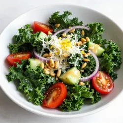 - 1 bunch of kale, stems removed and leaves chopped - 1/2 cup freshly grated Parmesan cheese - 1/4 cup toasted pine nuts - 1/2 cup cherry tomatoes, halved - 1/2 cup cucumber, diced - 1/4 red onion, thinly sliced Kale is the star of this salad. It has a great texture and taste. Parmesan cheese adds a salty bite. Pine nuts bring a nice crunch. Cherry tomatoes give sweetness. Cucumber adds coolness, and red onion gives a sharp kick. - 1/4 cup lemon juice (about 2 lemons) - 3 tablespoons extra-virgin olive oil - 1 clove garlic, minced - Salt and pepper to taste - Zest of 1 lemon The dressing is bright and fresh. Lemon juice offers a zesty punch. Olive oil adds richness, while garlic boosts flavor. Salt and pepper balance everything. Lemon zest brightens it all up. - Mixing bowls - Whisk - Knife and cutting board You will need some simple tools. Mixing bowls help combine ingredients. A whisk ensures a smooth dressing. A knife and cutting board help chop veggies. These tools make your prep easy and fun. {{ingredient_image_1}} Start by removing the stems from the kale. Then chop the leaves into bite-sized pieces. This gives you a nice base for your salad. Next, place the chopped kale in a large bowl. Add a pinch of salt. Using your hands, massage the kale for about 2-3 minutes. This makes the leaves softer and more tender. You will notice the kale wilting slightly. This step is key to making your salad enjoyable. In a small bowl, whisk together lemon juice and olive oil. Add minced garlic and lemon zest for extra flavor. Then, sprinkle in some salt and pepper. Keep whisking until the mixture is well combined. This dressing is bright and refreshing. It will bring life to the salad. Pour the dressing over the massaged kale. Toss the kale well to coat each leaf. This ensures every bite is full of flavor. Next, add grated Parmesan cheese, toasted pine nuts, cherry tomatoes, diced cucumber, and thinly sliced red onion. Mix everything together gently. You want to combine the flavors without tearing the kale. Now it's time to taste your salad. If it needs more flavor, add more salt, pepper, or lemon juice. Adjusting the seasoning is essential. It helps to bring out the best in your ingredients. Let your salad sit for about 10 minutes. This helps the flavors meld together. The resting time makes a big difference in taste. Serve it fresh and enjoy! To massage kale, start with clean hands. Take a bunch of kale and remove the stems. Chop the leaves into bite-sized pieces. Add a pinch of salt to the bowl with kale. Then, use your hands to squeeze and rub the leaves. Do this for about 2-3 minutes. You will notice the leaves change color and become softer. This step makes the kale less bitter and more tender. You can add herbs and spices for extra flavor. Try adding fresh basil or parsley for a lift. A pinch of red pepper flakes can add some heat. Adjust the salad's acidity by adding more lemon juice. If you want it richer, add more olive oil. Taste as you go. This way, you can find the perfect balance for your palate. For serving, use a large bowl or individual plates. This salad looks great when served fresh. Garnish with extra Parmesan flakes on top for a nice touch. A sprinkle of lemon zest adds color and brightness. You can also place lemon wedges on the side for a pop of color. This makes the dish more inviting and fun to eat. Pro Tips Massage the Kale: Massaging the kale with salt helps to break down its tough fibers, making the leaves more tender and palatable. Fresh Lemon Juice: Always use freshly squeezed lemon juice for the best flavor; bottled lemon juice can taste flat and less vibrant. Customize Your Add-ins: Feel free to add or substitute ingredients like avocado, bell peppers, or cooked quinoa for extra nutrition and flavor. Let It Rest: Allowing the salad to sit for about 10 minutes before serving helps the flavors to meld and enhances the overall taste experience. {{image_2}} You can add protein to your Lemon Parmesan Kale Salad to make it heartier. Grilled chicken or shrimp work well. They add a nice texture and boost the flavor. For a vegetarian option, try chickpeas. They bring protein and a bit of creaminess, making the salad filling and tasty. Want to add more crunch? Dice up some bell peppers or carrots. They add color and a great bite. If you prefer creaminess, slice up an avocado. It pairs well with the lemon and cheese, making the salad rich and smooth. You can change up the nuts for a new flavor. Sunflower seeds make a great substitute for pine nuts. They give a nice crunch and are also nutritious. Walnuts add a different flavor profile. They have a rich taste that can make your salad interesting and unique. To store leftovers, place the salad in an airtight container. This keeps the salad fresh. Make sure to remove any extra dressing if possible. The dressing can make the kale soggy if it sits too long. You can store it in the fridge for up to three days. You can prepare this salad in advance. Chop the kale and veggies ahead of time. Store the kale, tomatoes, cucumbers, and onions separately in containers. This way, they stay crisp. Mix the dressing in a jar for easy use. Combine everything just before serving for the best taste. When stored properly, this salad lasts about three days in the fridge. The kale may lose its crunch after a day or two. The other veggies will stay fresh longer. Be sure to check for any signs of spoilage before eating. Yes, you can use other greens instead of kale. Some tasty options include: - Spinach - Arugula - Swiss chard - Collard greens These greens vary in flavor and texture. Each offers a unique twist to the salad. This salad stays fresh for about three days in the fridge. To keep it crisp: - Store in an airtight container. - Keep the dressing separate until you serve. This way, the greens stay crunchy and tasty! Absolutely! You can make the dressing in advance. Here&rsquo;s how to do it: - Whisk together the lemon juice, olive oil, garlic, lemon zest, salt, and pepper. - Store in a sealed jar in the fridge. The dressing will stay good for up to a week. Just shake it well before using! This blog post covered a fresh kale salad bursting with flavors. You learned about the main ingredients, dressing components, and essential tools needed. We walked through each step, from prepping kale to letting the salad rest for better taste. I shared tips for massaging kale and suggested tasty variations to suit your taste. Remember, storage is key for freshness. Enjoy this vibrant salad, and feel free to get creative with your ingredients!