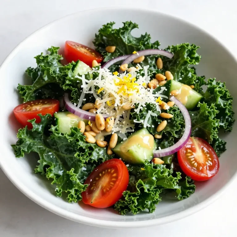 - 1 bunch of kale, stems removed and leaves chopped - 1/2 cup freshly grated Parmesan cheese - 1/4 cup toasted pine nuts - 1/2 cup cherry tomatoes, halved - 1/2 cup cucumber, diced - 1/4 red onion, thinly sliced Kale is the star of this salad. It has a great texture and taste. Parmesan cheese adds a salty bite. Pine nuts bring a nice crunch. Cherry tomatoes give sweetness. Cucumber adds coolness, and red onion gives a sharp kick. - 1/4 cup lemon juice (about 2 lemons) - 3 tablespoons extra-virgin olive oil - 1 clove garlic, minced - Salt and pepper to taste - Zest of 1 lemon The dressing is bright and fresh. Lemon juice offers a zesty punch. Olive oil adds richness, while garlic boosts flavor. Salt and pepper balance everything. Lemon zest brightens it all up. - Mixing bowls - Whisk - Knife and cutting board You will need some simple tools. Mixing bowls help combine ingredients. A whisk ensures a smooth dressing. A knife and cutting board help chop veggies. These tools make your prep easy and fun. {{ingredient_image_1}} Start by removing the stems from the kale. Then chop the leaves into bite-sized pieces. This gives you a nice base for your salad. Next, place the chopped kale in a large bowl. Add a pinch of salt. Using your hands, massage the kale for about 2-3 minutes. This makes the leaves softer and more tender. You will notice the kale wilting slightly. This step is key to making your salad enjoyable. In a small bowl, whisk together lemon juice and olive oil. Add minced garlic and lemon zest for extra flavor. Then, sprinkle in some salt and pepper. Keep whisking until the mixture is well combined. This dressing is bright and refreshing. It will bring life to the salad. Pour the dressing over the massaged kale. Toss the kale well to coat each leaf. This ensures every bite is full of flavor. Next, add grated Parmesan cheese, toasted pine nuts, cherry tomatoes, diced cucumber, and thinly sliced red onion. Mix everything together gently. You want to combine the flavors without tearing the kale. Now it's time to taste your salad. If it needs more flavor, add more salt, pepper, or lemon juice. Adjusting the seasoning is essential. It helps to bring out the best in your ingredients. Let your salad sit for about 10 minutes. This helps the flavors meld together. The resting time makes a big difference in taste. Serve it fresh and enjoy! To massage kale, start with clean hands. Take a bunch of kale and remove the stems. Chop the leaves into bite-sized pieces. Add a pinch of salt to the bowl with kale. Then, use your hands to squeeze and rub the leaves. Do this for about 2-3 minutes. You will notice the leaves change color and become softer. This step makes the kale less bitter and more tender. You can add herbs and spices for extra flavor. Try adding fresh basil or parsley for a lift. A pinch of red pepper flakes can add some heat. Adjust the salad's acidity by adding more lemon juice. If you want it richer, add more olive oil. Taste as you go. This way, you can find the perfect balance for your palate. For serving, use a large bowl or individual plates. This salad looks great when served fresh. Garnish with extra Parmesan flakes on top for a nice touch. A sprinkle of lemon zest adds color and brightness. You can also place lemon wedges on the side for a pop of color. This makes the dish more inviting and fun to eat. Pro Tips Massage the Kale: Massaging the kale with salt helps to break down its tough fibers, making the leaves more tender and palatable. Fresh Lemon Juice: Always use freshly squeezed lemon juice for the best flavor; bottled lemon juice can taste flat and less vibrant. Customize Your Add-ins: Feel free to add or substitute ingredients like avocado, bell peppers, or cooked quinoa for extra nutrition and flavor. Let It Rest: Allowing the salad to sit for about 10 minutes before serving helps the flavors to meld and enhances the overall taste experience. {{image_2}} You can add protein to your Lemon Parmesan Kale Salad to make it heartier. Grilled chicken or shrimp work well. They add a nice texture and boost the flavor. For a vegetarian option, try chickpeas. They bring protein and a bit of creaminess, making the salad filling and tasty. Want to add more crunch? Dice up some bell peppers or carrots. They add color and a great bite. If you prefer creaminess, slice up an avocado. It pairs well with the lemon and cheese, making the salad rich and smooth. You can change up the nuts for a new flavor. Sunflower seeds make a great substitute for pine nuts. They give a nice crunch and are also nutritious. Walnuts add a different flavor profile. They have a rich taste that can make your salad interesting and unique. To store leftovers, place the salad in an airtight container. This keeps the salad fresh. Make sure to remove any extra dressing if possible. The dressing can make the kale soggy if it sits too long. You can store it in the fridge for up to three days. You can prepare this salad in advance. Chop the kale and veggies ahead of time. Store the kale, tomatoes, cucumbers, and onions separately in containers. This way, they stay crisp. Mix the dressing in a jar for easy use. Combine everything just before serving for the best taste. When stored properly, this salad lasts about three days in the fridge. The kale may lose its crunch after a day or two. The other veggies will stay fresh longer. Be sure to check for any signs of spoilage before eating. Yes, you can use other greens instead of kale. Some tasty options include: - Spinach - Arugula - Swiss chard - Collard greens These greens vary in flavor and texture. Each offers a unique twist to the salad. This salad stays fresh for about three days in the fridge. To keep it crisp: - Store in an airtight container. - Keep the dressing separate until you serve. This way, the greens stay crunchy and tasty! Absolutely! You can make the dressing in advance. Here’s how to do it: - Whisk together the lemon juice, olive oil, garlic, lemon zest, salt, and pepper. - Store in a sealed jar in the fridge. The dressing will stay good for up to a week. Just shake it well before using! This blog post covered a fresh kale salad bursting with flavors. You learned about the main ingredients, dressing components, and essential tools needed. We walked through each step, from prepping kale to letting the salad rest for better taste. I shared tips for massaging kale and suggested tasty variations to suit your taste. Remember, storage is key for freshness. Enjoy this vibrant salad, and feel free to get creative with your ingredients!