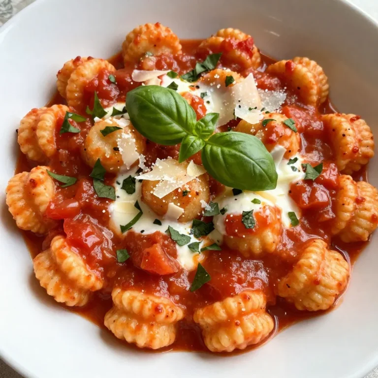 To create a delicious creamy tomato basil gnocchi, you need the following ingredients: - 1 pound store-bought gnocchi - 2 tablespoons olive oil - 2 cloves garlic, minced - 1 can (14 oz) crushed tomatoes - 1 cup heavy cream - 1/2 cup grated Parmesan cheese - Salt and pepper to taste - 1 cup fresh basil leaves, torn - Fresh basil leaves for garnish - Parmesan shavings for garnish These ingredients come together to make a rich and flavorful dish. You can enhance the taste of your gnocchi with these optional ingredients: - 1/4 teaspoon red pepper flakes for a spicy kick - A splash of balsamic vinegar for tanginess - A squeeze of lemon juice for brightness Adding these can elevate the dish and cater to your taste. If you don't have some ingredients, consider these substitutions: - Use half-and-half instead of heavy cream for a lighter sauce. - Swap Parmesan for pecorino Romano for a sharper flavor. - Try using homemade gnocchi for a personal touch. These alternatives keep your dish flexible and fun to make. {{ingredient_image_1}} Start by bringing a large pot of salted water to a boil. This step is key to cooking the gnocchi just right. Once the water boils, add 1 pound of store-bought gnocchi. Cook the gnocchi according to the package instructions. You will know they are ready when they float to the top. This usually takes about 2 to 3 minutes. After they float, drain the gnocchi and set them aside. Next, grab a large skillet and heat 2 tablespoons of olive oil over medium heat. When the oil is warm, add 2 cloves of minced garlic. Sauté the garlic for about 1 minute until you smell its great aroma. Then, pour in a 14-ounce can of crushed tomatoes. Bring this mixture to a simmer and let it cook for 5 to 7 minutes. This helps all the flavors blend together. After that, reduce the heat to low. Stir in 1 cup of heavy cream gently. Mixing well will give you a smooth and creamy sauce. Then add 1/2 cup of grated Parmesan cheese. Stir until the cheese melts into the sauce. If you like a little spice, add 1/4 teaspoon of red pepper flakes. Season the sauce with salt and pepper to taste. Now it's time to bring everything together. Gently fold in the cooked gnocchi and 1 cup of torn fresh basil leaves. Make sure every piece of gnocchi gets a nice coat of sauce. Let the dish cook for another 2 to 3 minutes. This will heat everything through and let the flavors combine even more. Serve the creamy tomato basil gnocchi warm. For a lovely touch, garnish each bowl with fresh basil leaves and some Parmesan shavings. Enjoy this comforting and flavorful dish! To cook gnocchi well, bring a large pot of salted water to a boil. Add the gnocchi and watch closely. They are ready when they float to the top. This usually takes about two to three minutes. Drain them gently using a colander and set them aside. Make sure not to overcook them, as they can turn mushy. Seasoning is key for great flavor. Start with fresh garlic to boost taste. Sauté it in olive oil until it smells good. Then add crushed tomatoes and let them cook for a few minutes. This helps develop a rich flavor. After adding heavy cream, stir in grated Parmesan cheese. Don't forget to season with salt and pepper. If you want some heat, add red pepper flakes for a kick. Presentation makes your dish look more inviting. Serve the gnocchi in shallow bowls. Top with torn fresh basil leaves for a pop of color. Add a sprinkle of extra Parmesan for flavor and style. A sprig of basil on top adds a nice touch. This makes your creamy tomato basil gnocchi look just as good as it tastes! Pro Tips Use Fresh Ingredients: For the best flavor, use fresh basil and high-quality canned tomatoes. This will elevate the overall taste of your dish. Don’t Overcook Gnocchi: Keep an eye on the gnocchi while cooking; they should float to the surface when done. Remove them promptly to prevent a mushy texture. Adjust Creaminess: If you prefer a lighter sauce, reduce the amount of heavy cream or substitute with half-and-half for a less rich option. Add Protein: For a heartier meal, consider adding cooked chicken or shrimp. Simply mix them in with the gnocchi before serving. {{image_2}} You can make your creamy tomato basil gnocchi even heartier by adding protein. Chicken or shrimp work well. Just sauté them in olive oil before adding the garlic. Cook them until they are done, then follow the rest of the recipe. For a meatier dish, diced sausage or ground beef can add a savory touch. Cook these proteins first, then mix in the sauce and gnocchi. If you want a vegetarian option, simply skip the meat. This dish is already rich and creamy. You can add more veggies like spinach, mushrooms, or zucchini. For a vegan version, substitute heavy cream with coconut cream or cashew cream. Use nutritional yeast instead of Parmesan cheese. This gives a similar flavor without dairy. You can get creative with flavors in this dish. Adding fresh herbs like thyme or oregano can enhance the taste. A splash of balsamic vinegar can add a sweet tang. Try mixing in sun-dried tomatoes for an extra burst of flavor. For spice lovers, consider adding extra red pepper flakes or a dash of hot sauce. These variations keep the dish exciting and fresh every time you make it! After enjoying your creamy tomato basil gnocchi, let it cool down. Place leftovers in an airtight container. This keeps it fresh. Store it in the fridge for up to three days. Make sure to separate any extra sauce, as it may change the texture. To reheat, you can use a skillet or microwave. If using a skillet, add a splash of water or cream. Heat on low, stirring gently. This keeps the gnocchi soft. In the microwave, cover the dish with a damp paper towel. Heat in short bursts, stirring in between, until warm. You can freeze creamy tomato basil gnocchi, but it’s best to freeze it without the sauce. First, cook the gnocchi and let it cool. Place it in a freezer-safe bag and remove as much air as possible. You can freeze it for up to two months. When ready, cook the gnocchi in water and then add your sauce. This helps keep the flavor and texture right. You can pair creamy tomato basil gnocchi with various sides. A simple green salad adds a fresh touch. You can also serve garlic bread for a crunchy side. A glass of white wine, like Pinot Grigio, complements the flavors well. Roasted or steamed vegetables make a great addition. For a heartier meal, consider grilled chicken or shrimp on the side. All these options enhance the dish and create a lovely meal. Making gnocchi from scratch is fun and easy! Start with 2 pounds of potatoes. Bake them until soft, then peel and mash. Mix the mashed potatoes with 1 cup of flour and 1 egg. Knead the dough until smooth. Roll it into long ropes and cut into small pieces. Use a fork to create ridges on each piece. Boil in salted water until they float. This homemade gnocchi will taste fresh and delightful! Yes, you can use many sauces with this dish! A basil pesto sauce adds a vibrant flavor. Alfredo sauce gives a rich and creamy twist. A simple marinara sauce can also work well. For a spicy kick, try arrabbiata sauce. Each sauce changes the dish's taste while keeping it delicious. Feel free to experiment and find your favorite sauce! In this blog post, we covered how to make creamy tomato basil gnocchi. I shared the ingredients, including options for flavor and useful substitutions. You learned step-by-step instructions for preparing the dish and tips for perfecting the gnocchi. We explored variations to suit your taste, along with storage tips. In closing, this dish is versatile and simple. Enjoy experimenting, and make it your own!