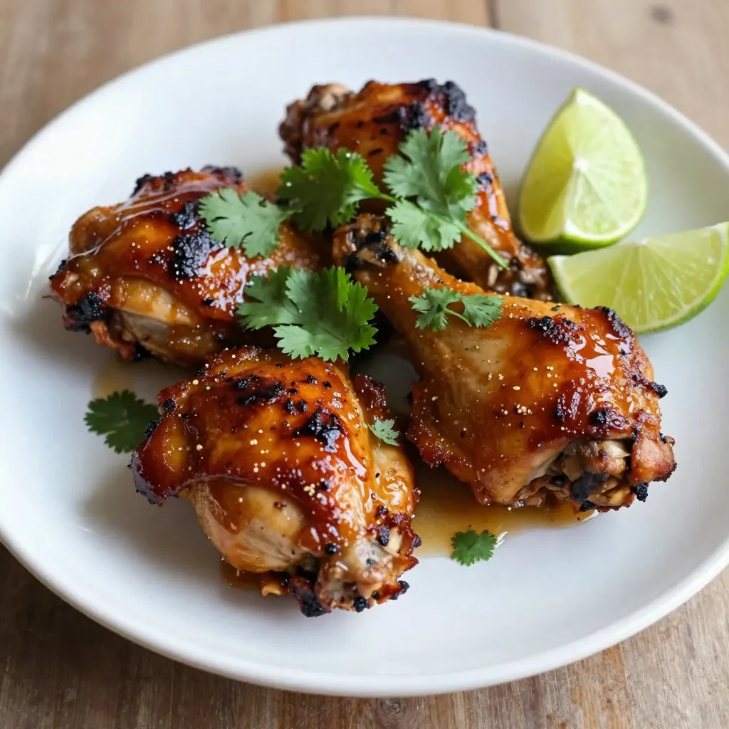 To make Chipotle Honey Chicken Thighs, you need a few key ingredients: - 4 bone-in, skin-on chicken thighs - 2 tablespoons chipotle peppers in adobo sauce, minced - 3 tablespoons honey - 2 tablespoons olive oil - 4 cloves garlic, minced - 1 teaspoon smoked paprika - 1 teaspoon cumin - Salt and pepper to taste These items come together to create a rich flavor. The chicken thighs stay juicy while cooking. You can add some optional ingredients for extra taste: - A squeeze of fresh lime juice - Fresh herbs like oregano or thyme - A dash of cayenne pepper for heat These additions can boost the overall flavor. Experimenting can lead to your perfect mix. When serving, I love to garnish my dish with: - Fresh cilantro, chopped - Lime wedges These garnishes not only add color but also enhance the taste. They give a refreshing touch to each bite. {{ingredient_image_1}} To start, grab a large bowl. In this bowl, mix 2 tablespoons of minced chipotle peppers with 3 tablespoons of honey. Add 2 tablespoons of olive oil and 4 minced garlic cloves. Then, sprinkle in 1 teaspoon of smoked paprika and 1 teaspoon of cumin. Season with salt and pepper to taste. Stir this mix well. This marinade gives the chicken a sweet and spicy flavor. Next, take your 4 bone-in, skin-on chicken thighs. Add them to the bowl with the marinade. Make sure every piece is well-coated. Cover the bowl with plastic wrap. Place it in the fridge for at least 30 minutes. If you have more time, let it marinate for up to 2 hours. This step is key. It fills the chicken with flavor. You can cook the chicken in two ways: grilling or baking. If you choose grilling, preheat your grill to medium heat. Remove the chicken from the marinade and shake off the extra sauce. Place the thighs skin-side down on the grill. Cook them for about 6-8 minutes per side. Use a meat thermometer to check the inside. It should reach 165°F. If you prefer baking, preheat your oven to 375°F (190°C). Place the chicken thighs skin-side up in a baking dish. Bake for 35-40 minutes. The skin should be crispy and the chicken fully cooked. Let the chicken rest for 5 minutes once done. This helps keep it juicy. To get the best flavor, use fresh ingredients. Fresh garlic and cilantro make a big difference. The chipotle peppers add heat and depth. Honey balances the spiciness with sweetness. Marinade the chicken for at least 30 minutes. For more flavor, marinate for up to 2 hours. This lets the spices soak into the meat. For crispy skin, start with bone-in, skin-on thighs. These have more fat, which helps crisp up while cooking. When you grill, place the chicken skin-side down first. This helps render the fat out. If baking, use a high heat of 375°F (190°C). Don't cover the chicken while it cooks. This keeps the skin dry and lets it crisp up. Resting the chicken thighs is key to juicy meat. After cooking, let them rest for 5 minutes. This allows the juices to redistribute. Cutting into them too soon can release the juices. You want every bite to be moist and flavorful. Use this time to prepare the garnish and lime wedges. Enjoy your perfectly cooked chicken! Pro Tips Marination Time: For the best flavor, marinate the chicken thighs for at least 2 hours, or even overnight if you have the time. Grill Temperature: Make sure your grill is preheated to medium heat to ensure even cooking and crispy skin. Internal Temperature: Always check the internal temperature with a meat thermometer; chicken should reach 165°F (75°C) for safe consumption. Resting Period: Let the chicken rest for at least 5 minutes after cooking to allow the juices to redistribute for maximum tenderness. {{image_2}} To kick up the heat, add more chipotle peppers. You can double the amount to really feel the spice. If you want extra flavor, mix in a teaspoon of cayenne pepper. This will give you a delightful kick. Adjust the honey based on your heat level. More honey will soften the spice for a nice balance. You can cook the chicken thighs in different ways. If you prefer not to grill, bake them in the oven. Set your oven to 375°F (190°C). Place the thighs in a dish skin-side up. Bake for 35-40 minutes until they are crispy. You can also use an air fryer. Cook at 380°F (193°C) for about 25 minutes. Each method gives you juicy chicken with great flavor. Serve your chicken thighs with lime wedges for a fresh taste. You can also add a sprinkle of chopped cilantro for color. Pair it with grilled veggies or a light salad for a complete meal. If you want something heartier, serve it with rice or warm tortillas. This dish works well for casual dinners or special occasions. To store leftover chicken thighs, let them cool first. Place the chicken in an airtight container. You can also wrap them tightly in plastic wrap. Keep the chicken in the fridge for up to four days. This keeps it fresh and safe to eat. When reheating, use the oven or stovetop for the best taste. If using the oven, preheat it to 350°F (175°C). Place the chicken on a baking sheet. Heat for about 15 minutes or until warm. You can also reheat in a skillet over medium heat. Add a splash of water to keep it moist. You can freeze the chicken for longer storage. Wrap each piece well in plastic wrap. Then, place them in a freezer bag. This keeps out air and prevents freezer burn. Chicken can last in the freezer for up to three months. When ready to use, thaw it in the fridge overnight. You can use smoked paprika as a milder option. It gives a nice smoky flavor. You can also try jalapeño peppers for heat without the smoke. For a sweet touch, add some cayenne pepper. Each choice changes the taste, so pick what you like best. Yes, boneless chicken thighs work great too. They cook faster, so check them often. Boneless thighs stay juicy and tender, just like bone-in. Adjust cooking time to about 20-25 minutes if baking. If grilling, cook them for 5-6 minutes per side. Use a meat thermometer to check the chicken. The internal temperature should reach 165°F (75°C). If you don’t have a thermometer, cut into the thickest part. The juices should run clear, not pink. This helps ensure your chicken is safe to eat. Many sides go well with this dish. Grilled vegetables add a fresh touch. A simple salad with lime dressing is also nice. You could serve rice or quinoa for a filling meal. Corn on the cob is a fun side too. Choose what you love! In this post, we covered the ingredients and steps for making Chipotle Honey Chicken Thighs. You learned about key flavors, cooking methods, and tips for crispy skin. I also shared variations and storage tips for leftovers. Cooking these chicken thighs can be fun and tasty. Remember to use quality ingredients and follow the steps closely. Enjoy your delicious meal with great sides and company! Happy cooking!