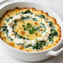 To make roasted garlic spinach dip, you&rsquo;ll need these key ingredients: - 1 bulb garlic - 2 tablespoons olive oil - 2 cups fresh spinach, chopped - 1 cup cream cheese, softened - 1/2 cup sour cream - 1/2 cup Greek yogurt - 1 cup shredded mozzarella cheese - 1/2 cup grated Parmesan cheese - 1 teaspoon onion powder - 1 teaspoon salt - 1/2 teaspoon black pepper - 1/4 teaspoon red pepper flakes (optional) These ingredients blend to create a rich and creamy dip. Roasting garlic gives it a sweet, mellow flavor. The spinach adds both color and nutrition. Cream cheese and Greek yogurt make the dip smooth and creamy, while the mozzarella and Parmesan provide a cheesy depth. To elevate your dip, consider garnishing with fresh herbs like parsley or chives. They add a pop of color and freshness. You can also drizzle a little olive oil on top for extra flavor. For serving, use warm pita bread, tortilla chips, or crisp vegetable sticks. They all pair well with the creamy texture of the dip. When it comes to pairing, think about what complements the flavors. - Pita Chips: Their crunch balances the creamy dip. - Veggie Sticks: Carrots, celery, and bell peppers add a fresh touch. - Crackers: Choose your favorite type for added crunch. This dip is perfect for parties, game days, or a cozy night in. Enjoy! {{ingredient_image_1}} To make roasted garlic, first, preheat your oven to 400&deg;F (200&deg;C). Take a bulb of garlic and slice off the top. This step helps the garlic roast evenly. Drizzle 1 tablespoon of olive oil over the exposed cloves. Wrap the garlic in aluminum foil. Place it in the oven and roast for 30-35 minutes. The garlic should be soft and caramelized. Once done, take it out and let it cool. Squeeze the soft garlic out of the skins into a bowl. Next, heat your skillet over medium heat. Add the remaining 1 tablespoon of olive oil. Once hot, toss in 2 cups of chopped spinach. Saut&eacute; for about 2-3 minutes. You want the spinach to wilt but not burn. After that, remove the skillet from heat and let the spinach cool for a bit. In a large mixing bowl, combine the roasted garlic, 1 cup of softened cream cheese, 1/2 cup of sour cream, and 1/2 cup of Greek yogurt. Add 1 cup of shredded mozzarella cheese, 1/2 cup of grated Parmesan cheese, 1 teaspoon of onion powder, 1 teaspoon of salt, 1/2 teaspoon of black pepper, and red pepper flakes if you like spice. Use a hand mixer to blend everything until smooth and creamy. Now stir in the saut&eacute;ed spinach until it's evenly mixed. Preheat your oven to 350&deg;F (175&deg;C). Transfer the dip mixture into a baking dish and spread it out. Bake for 25-30 minutes until the dip is bubbly and golden on top. For the best flavor, roast your garlic well. Roasting gives garlic a sweet and rich taste. Use fresh spinach for a vibrant color and taste. Adding onion powder boosts the dip's flavor. You can also try adding red pepper flakes for a little heat. Taste your dip as you mix to find the right balance. One common mistake is not roasting the garlic long enough. Undercooked garlic tastes sharp and harsh. Another mistake is overcooking the spinach. You want it wilted, not mushy. Always let the dip cool before serving. This helps the flavors blend well. Don't skip the fresh herbs for garnish; they add freshness. To make the dip creamier, blend the ingredients well. Use a hand mixer for a smooth texture. Mixing in cream cheese, sour cream, and Greek yogurt gives a rich mouthfeel. If you want it extra creamy, add more cream cheese. For a fun twist, try adding a splash of heavy cream. This will make the dip luscious and indulgent. Pro Tips Roast the Garlic Properly: Make sure to roast the garlic until it is soft and caramelized for the best flavor. This process enhances the sweetness and depth of the garlic. Fresh Spinach is Key: Use fresh spinach instead of frozen for the best texture and flavor in your dip. Fresh spinach wilts nicely and maintains its vibrant color. Cheese Variations: Feel free to experiment with different cheeses. Adding a bit of cheddar or feta can give the dip a unique twist. Serving Suggestions: For an extra indulgent treat, serve this dip with a variety of dippers like baguette slices, crackers, or fresh vegetable sticks to cater to everyone&rsquo;s tastes. {{image_2}} You can boost the flavor of your roasted garlic spinach dip with fun add-ins. Here are some ideas: - Sun-Dried Tomatoes: Chopped sun-dried tomatoes add a sweet and tangy taste. - Artichoke Hearts: They provide a nice texture and a unique taste. - Cooked Bacon: Crumbled bacon gives a smoky flavor and a crunch. - Chopped Jalape&ntilde;os: For a spicy kick, add some chopped jalape&ntilde;os. These options can turn your dip into a new dish each time you make it. Changing up the cheese can give your dip a new twist. Here are some great options: - Cream Cheese: Stick with this for a classic base. - Feta Cheese: It adds a salty and tangy flavor. - Goat Cheese: This gives a creamy and rich taste. - Pepper Jack Cheese: For those who love spice, this cheese can add heat. Mixing different cheeses can make each dip special and fun. If you want a vegetarian or vegan dip, you can easily make changes. Here's how: - Cream Cheese: Use a vegan cream cheese substitute. - Sour Cream and Greek Yogurt: Swap them for cashew cream or coconut yogurt. - Cheeses: Look for vegan cheeses to blend in. - Add Nutritional Yeast: This gives a cheesy flavor without dairy. With these swaps, you can enjoy a tasty dip that fits your diet. To keep your roasted garlic spinach dip fresh, cool it down first. Place it in an airtight container. Store it in the fridge for up to four days. Make sure to cover it well. This keeps the flavors strong and prevents drying out. You can freeze this dip for later use. Use a freezer-safe container or a heavy-duty freezer bag. Leave some space at the top, as the dip may expand. It can stay good for up to three months. When ready to eat, thaw it overnight in the fridge. To reheat, use the oven for best results. Preheat your oven to 350&deg;F (175&deg;C). Place the dip in an oven-safe dish. Bake for about 20 minutes or until hot. Stir it halfway through to heat evenly. If you want to use a microwave, heat in short bursts. Stir between each burst to avoid hot spots. Enjoy your warm, cheesy dip! Yes, you can make this dip ahead of time. Prepare the dip and store it in the fridge for up to two days. Just cover it tightly. When you are ready to bake, preheat your oven and heat it for about 30 minutes. This dip tastes great when made early. The flavors blend well and get even better! You can use plain yogurt or cottage cheese. Both options give a similar creamy texture. If you prefer a dairy-free option, try using cashew cream or silken tofu. Both will keep your dip smooth and rich. These substitutes work well without changing the dip's taste too much. The dip is done when it is bubbly and golden on top. This usually takes about 25 to 30 minutes at 350&deg;F (175&deg;C). You can also insert a knife in the center. If it comes out hot and clean, it's ready. The top should look slightly toasted for that perfect finish! This blog post explored the delicious world of roasted garlic spinach dip. We discussed main ingredients, tips for flavor, and steps to make it. I shared ideas for variations and how to store leftovers. Cooking should be fun and tasty. You can impress friends with this dip at your next gathering. With a few tweaks, you can make it your own. Enjoy this tasty treat that brings everyone together. Now, it's your turn to create something special!