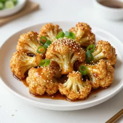 To make sticky sesame cauliflower, you will need: - 1 medium head of cauliflower, cut into florets - 1/2 cup all-purpose flour (or gluten-free flour) - 1/2 cup water - 1 teaspoon garlic powder - 1 teaspoon onion powder - Salt and pepper to taste - 1/4 cup sesame oil, divided - 1/4 cup soy sauce (or tamari for gluten-free) - 1/4 cup honey or maple syrup - 1 tablespoon rice vinegar - 1 tablespoon sesame seeds, toasted - 2 green onions, sliced for garnish Each of these ingredients plays a key role in flavor and texture. The cauliflower serves as the star, while the sesame oil adds richness. The flour helps create a nice crispy coating. You can easily swap some of these ingredients if needed: - Cauliflower: You can use broccoli or Brussels sprouts for a different taste. - Flour: Almond flour or chickpea flour works well for gluten-free options. - Soy Sauce: Use coconut aminos for a soy-free alternative. - Honey: Maple syrup or agave syrup can replace honey for a vegan option. - Rice Vinegar: Apple cider vinegar is a good substitute if you don&rsquo;t have rice vinegar. These swaps keep the dish tasty while catering to your dietary needs. This recipe serves 4 people. Here&rsquo;s a rough estimate of the nutritional info per serving: - Calories: 250 - Protein: 6g - Carbohydrates: 30g - Fat: 12g - Fiber: 3g - Sugar: 8g This dish is a delightful blend of flavors and textures. It is not only satisfying but also offers some nutritional benefits, especially from the cauliflower. Enjoy the balance of taste and health with each bite! {{ingredient_image_1}} First, get your cauliflower ready. Cut one medium head of cauliflower into small florets. This helps them cook evenly. Next, make the batter. In a bowl, mix 1/2 cup of all-purpose flour with 1/2 cup of water. Add 1 teaspoon each of garlic powder and onion powder. Don&rsquo;t forget to sprinkle in salt and pepper to taste. Whisk it all together until you have a smooth batter. Dip each floret into the batter, letting the extra drip off. Place them on a lined baking sheet. Now, let&rsquo;s bake to get that crispiness. Preheat your oven to 400&deg;F (200&deg;C). Drizzle 2 tablespoons of sesame oil over the cauliflower florets. Toss them well to coat evenly. Bake for 20 to 25 minutes. Flip the florets halfway through to ensure they cook nicely on both sides. You want them golden brown and crispy. While your cauliflower bakes, it&rsquo;s time for the sticky sauce. In a small saucepan, mix 1/4 cup of soy sauce with 1/4 cup of honey or maple syrup. Add 1 tablespoon of rice vinegar and the remaining 2 tablespoons of sesame oil. Heat over medium heat until it simmers. Stir often for about 3 to 5 minutes until it thickens slightly. When your cauliflower is done, take it out of the oven. Drizzle the sticky sauce over the hot florets. Toss to coat all of them well. Finally, sprinkle toasted sesame seeds on top and return them to the oven for another 5 minutes. This will caramelize the sauce just right. Enjoy your sticky sesame cauliflower! To get that amazing crunch, start with dry cauliflower. Remove excess moisture by patting it with a towel. The batter helps create a crunchy layer. Make sure to coat each floret evenly. Bake them until golden brown. Flip them halfway to ensure even cooking. This way, each bite stays crispy and delicious. You can enhance flavor by adding spices. Try chili powder or smoked paprika for a kick. Add more garlic powder for a richer taste. If you love sesame, increase the toasted sesame seeds. You can also add a touch of lime juice for brightness. Experiment with different sauces too. Peanut sauce or sriracha can give new dimensions. Serve this dish hot for the best taste. Pair it with rice or quinoa for a full meal. It also works well as an appetizer. Garnish with fresh herbs or extra green onions for color. You can even make it a part of a veggie platter. Everyone will love the sticky and crunchy combo! Pro Tips Use Fresh Cauliflower: Fresh cauliflower will give you the best texture and flavor, so choose a head that is firm and has tightly packed florets. Adjust Sauce Sweetness: Depending on your taste preference, feel free to adjust the amount of honey or maple syrup in the sauce to create your desired level of sweetness. Experiment with Spices: Add extra spices such as cayenne pepper or smoked paprika to the batter for a unique flavor twist that complements the cauliflower. Serve Immediately: For the best taste and texture, serve the sticky sesame cauliflower immediately after baking, as it will lose its crispiness over time. {{image_2}} You can easily make Sticky Sesame Cauliflower vegan. Instead of honey, use maple syrup. This swap keeps the sweetness while fitting a vegan diet. If you want a gluten-free option, substitute soy sauce with tamari. You can also use gluten-free all-purpose flour for the batter. This way, everyone can enjoy this tasty dish! The recipe is flexible. You can add your favorite spices to the batter. Try adding paprika for some heat or smoked paprika for a nice depth. For a sweet twist, mix in some ginger or chili paste into the sticky sauce. You can also add a splash of orange juice for a citrus note. Each addition gives you a new flavor experience. Sticky Sesame Cauliflower pairs well with many dishes. Serve it as a side with rice or quinoa. It also goes great with a fresh salad. If you want a more filling meal, add it to stir-fried veggies or noodles. This dish is versatile and fits well into any meal plan. To keep your sticky sesame cauliflower fresh, let it cool first. Place leftovers in an airtight container. Store it in the fridge for up to three days. This way, you can enjoy it later without losing its taste. When ready to eat your leftovers, preheat your oven to 350&deg;F (175&deg;C). Spread the cauliflower on a baking sheet. Heat it for about 10-15 minutes, or until warm. This method keeps the cauliflower crispy and tasty. You can also use a microwave, but it may lose some crunch. If you choose the microwave, heat in short bursts to avoid sogginess. If you want to store your cauliflower for a longer time, freezing is a great option. First, let it cool completely. Then, arrange the florets on a baking sheet in a single layer. Freeze them for about an hour. This prevents them from sticking together. After that, transfer the cauliflower to a freezer-safe bag. It can last up to three months in the freezer. When you&rsquo;re ready to eat, thaw it overnight in the fridge, then reheat as mentioned above. Yes, you can easily make Sticky Sesame Cauliflower gluten-free. Simply swap the all-purpose flour with gluten-free flour. Also, use tamari instead of soy sauce. This keeps the dish tasty and safe for those avoiding gluten. To adjust the spiciness, add red pepper flakes to the sticky sauce. Start with a pinch and taste. You can always add more if you like heat. If you prefer it mild, skip the red pepper flakes. Sticky Sesame Cauliflower pairs well with rice or quinoa. You can also serve it alongside steamed veggies or a fresh salad. These sides balance the dish's flavors and make a complete meal. This blog post covered key points for making Sticky Sesame Cauliflower. We discussed essential ingredients, baking steps, and how to create the perfect sauce. You learned tips for achieving crunch and flavor. Variations let you explore vegan options and flavor swaps. Finally, we shared storage methods to keep leftovers fresh. These steps and tips will help you cook with ease and joy. Enjoy your delicious creation!