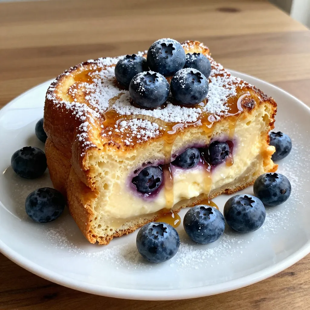 To make the best Blueberry Cheesecake French Toast, you need: - 8 slices of thick bread (Brioche or Challah works best) - 4 ounces cream cheese, softened - 1/4 cup powdered sugar - 1 teaspoon vanilla extract - 2 cups fresh blueberries (or frozen, thawed) Thick bread gives your French toast a rich texture. Brioche or Challah absorbs the cream cheese mix well. The cream cheese mixture brings that cheesecake flavor. Use softened cream cheese to mix easily. Powdered sugar adds sweetness, while vanilla adds a warm, lovely aroma. Fresh blueberries burst with flavor and color. You can use frozen blueberries if fresh ones are not available. You must also gather these ingredients: - 4 large eggs - 1 cup milk - 1 teaspoon cinnamon - 1 tablespoon butter (for greasing) - Maple syrup (for serving) The eggs and milk create a creamy base for the egg dip. Mixing in cinnamon gives your dish a warm spice. Butter is essential for a non-stick skillet and adds flavor. Finally, serve with maple syrup for extra sweetness. You can also add more fresh blueberries on top for a fun touch. {{ingredient_image_1}} First, take 4 ounces of softened cream cheese. In a medium bowl, mix it with 1/4 cup of powdered sugar. Add 1 teaspoon of vanilla extract. Beat this mixture until it is smooth and creamy. Then, gently fold in 2 cups of fresh blueberries. Be careful not to crush them. Set this aside for later. Next, grab a large bowl. Whisk together 4 large eggs, 1 cup of milk, and 1 teaspoon of cinnamon. Make sure everything is well combined. This egg mixture is key to getting that rich flavor. Now, heat a large skillet over medium heat. Add 1 tablespoon of butter and let it melt. Once the skillet is ready, take a slice of thick bread. Spread a generous amount of the cream cheese mixture on one side. Place another slice on top to make a sandwich. Dip each sandwich into the egg mixture. Make sure both sides are coated well. Place the dipped sandwiches on the heated skillet. Cook them for about 3-4 minutes on each side. Look for a golden brown color to know they’re ready. Repeat this with the remaining sandwiches, adding more butter to the skillet as needed. Serve warm, drizzled with maple syrup. Optionally, add more fresh blueberries on top for a beautiful finish. To make perfect French toast, start with the right cooking temperature. I recommend medium heat. This heat cooks the bread evenly and helps it brown nicely. If your skillet is too hot, the outside burns while the inside stays soggy. For the best flavor, use thick bread. Brioche or Challah works great. Their rich taste adds depth to your dish. These breads soak up the egg mixture well, giving you a creamy texture inside. To make your French toast even better, add spices or flavorings. A pinch of nutmeg can add warmth. You can also try a splash of almond extract for a nice twist. For toppings, think beyond syrup. Fresh strawberries or sliced bananas pair well with blueberries. You can also use whipped cream for extra richness. Try mixing some lemon zest with the cream cheese for a bright flavor kick. Pro Tips Use Day-Old Bread: For the best texture, use bread that is a day or two old. This allows it to absorb the egg mixture without becoming too soggy. Mix Cream Cheese Smoothly: Ensure the cream cheese is fully softened before mixing. This will make it easier to blend with the powdered sugar and vanilla, resulting in a smoother filling. Don’t Overcrowd the Pan: Cook the French toast sandwiches in batches to avoid overcrowding the skillet. This helps achieve even browning and prevents steaming. Experiment with Toppings: Feel free to get creative with toppings! Try adding whipped cream, nuts, or even a sprinkle of lemon zest for a unique twist. {{image_2}} You can switch blueberries for other fruits. Strawberries, raspberries, or blackberries work well. They add unique tastes and colors. Try peaches in summer or apples in fall. Each fruit gives a new flavor twist to your French toast. You can also mix fruits. Use a blend of berries for a colorful dish. This brings a fun taste to your breakfast table. If you need gluten-free options, choose gluten-free bread. Many brands offer great choices. Look for ones that are soft and thick, like gluten-free brioche. For a dairy-free option, try using vegan cream cheese. Brands like Tofutti or Kite Hill can work nicely. They taste great and keep the creamy texture. These simple swaps make the recipe fit your diet. Enjoy your Blueberry Cheesecake French Toast in many ways! To store leftovers, let the French toast cool first. Place the pieces in an airtight container. You can keep them in the fridge for up to three days. If you want to store them longer, freeze the French toast. Wrap each piece in plastic wrap, then place them in a freezer bag. They will last up to two months in the freezer. When reheating, I recommend using an oven or a toaster oven. Preheat the oven to 350°F (175°C). Place the French toast on a baking sheet and heat for about 10-15 minutes. This method helps keep the bread crispy. For quicker reheating, use a microwave. Heat on high for 30 seconds to 1 minute. However, this method can make the bread a bit soggy. You can make some parts ahead of time. Prepare the cream cheese mixture the day before. Store it in the fridge in an airtight container. This way, it’s ready when you want to assemble the French toast. You can also slice the bread in advance. Keep it in a sealed bag to stay fresh. When you're ready for breakfast, just dip the bread in the egg mixture and cook. This makes your morning meal quick and easy. Enjoy delicious French toast with less hassle! Yes, you can use frozen blueberries in this recipe. Just remember to thaw them first. Frozen blueberries are just as tasty as fresh ones. They may be softer, but they will still add great flavor. If you use frozen berries, be careful not to crush them too much when mixing with the cream cheese. To make this recipe vegan, swap a few ingredients. Use plant-based cream cheese instead of regular cream cheese. You can also use maple syrup or agave syrup instead of powdered sugar. For the eggs, use a mixture of 1 tablespoon of ground flaxseed and 3 tablespoons of water for each egg. Finally, choose almond milk or soy milk for the milk. This way, you still get a creamy and delicious dish. Yes, you can prepare this dish overnight. To do this, make the cream cheese mixture and egg mixture in advance. Assemble the sandwiches and place them in a greased baking dish. Cover the dish with plastic wrap and store it in the fridge. In the morning, cook them straight from the fridge. This saves time and keeps breakfast simple. Enjoy warm with maple syrup! You now have all the steps to make delicious French toast. We covered essential ingredients like thick bread, cream cheese, fresh blueberries, and tasty spices. You learned how to prepare the filling, mix the egg batter, and cook it all to a golden crisp. Remember, you can switch fruits or make this dish vegan. Store any leftovers properly, and consider meal prepping for busy mornings. Enjoy experimenting with flavors and toppings. Happy cooking!