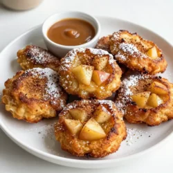 To make delicious cinnamon sugar apple fritters, gather these ingredients: - 2 large apples, peeled, cored, and diced (Granny Smith or Honeycrisp work well) - 1 cup all-purpose flour - 1/4 cup granulated sugar - 1 tablespoon baking powder - 1/2 teaspoon ground cinnamon (plus extra for dusting) - 1/4 teaspoon salt - 1 large egg - 1/3 cup milk - 1 teaspoon vanilla extract - Vegetable oil for frying - 1/2 cup powdered sugar (for dusting) You can swap some ingredients if needed. Here are a few ideas: - Use other apples, like Fuji or Golden Delicious, for a different taste. - Substitute almond milk or oat milk for regular milk if you want a dairy-free option. - If you don't have all-purpose flour, try using whole wheat flour, though it may change the texture slightly. Choosing the right apples is key for great fritters. Here are my tips: - Look for firm apples. They hold their shape when cooked. - Choose apples with a bright color. This means they are fresh and ripe. - Smell the apples. They should have a sweet, fruity aroma. - Avoid apples with bruises or soft spots. They may spoil quickly. Selecting the right apples will make your fritters even tastier! {{ingredient_image_1}} Start by peeling and coring two large apples. I like using Granny Smith or Honeycrisp for a nice tartness. Dice the apples into small pieces. In a medium bowl, mix the diced apples with one tablespoon of granulated sugar. Add a sprinkle of cinnamon for extra flavor. Let the apples sit for a bit. This step helps them release moisture, making the fritters extra juicy. In a large bowl, combine one cup of all-purpose flour, the remaining granulated sugar, one tablespoon of baking powder, half a teaspoon of ground cinnamon, and a pinch of salt. Whisk these dry ingredients together until they blend well. In a separate bowl, whisk together one large egg, one-third cup of milk, and one teaspoon of vanilla extract. Pour this mixture into the dry ingredients. Mix until just combined. Gently fold the apple mixture into the batter. Make sure the apples spread evenly throughout. Next, heat about two inches of vegetable oil in a deep pan over medium heat. You want the oil to reach 350&deg;F (175&deg;C). Carefully drop spoonfuls of the batter into the hot oil. Be careful not to overcrowd the pan. Fry the fritters for about three to four minutes on each side. They should turn a beautiful golden brown. Once done, use a slotted spoon to remove the fritters. Place them on a plate lined with paper towels to soak up excess oil. While the fritters are still warm, prepare the cinnamon sugar. In a small bowl, mix half a cup of powdered sugar with a pinch of cinnamon. Dust the fritters generously with this mixture. The warm fritters will soak up the sweetness nicely. For a delightful touch, serve them warm, maybe with a side of caramel sauce for dipping. Enjoy your crispy treats! To fry fritters just right, heat your oil to 350&deg;F. Use a thermometer to check the temperature. If the oil is too cool, the fritters will soak up grease. If it's too hot, they will burn. Fry in small batches to keep the temperature steady. This way, you get a crispy outside and a soft inside. For a light and fluffy fritter, don&rsquo;t overmix the batter. Gently fold in the apples after mixing the wet and dry ingredients. This keeps air in the batter. Also, let the batter rest for a few minutes before frying. This helps develop a better texture and flavors. Serve your fritters warm for the best taste. Dust them with powdered sugar and a sprinkle of cinnamon. For a fun twist, offer a side of warm caramel sauce for dipping. You can also pair them with ice cream or whipped cream. These treats are perfect for breakfast, dessert, or a sweet snack! Pro Tips Choose the Right Apples: Using tart apples like Granny Smith or sweet ones like Honeycrisp will enhance the flavor of your fritters. Mix and match for a more complex taste. Don't Overmix the Batter: To keep the fritters light and fluffy, mix the batter just until combined. Overmixing can lead to dense fritters. Monitor Oil Temperature: Using a thermometer to keep the oil at 350&deg;F (175&deg;C) is crucial. Too hot, and the fritters will burn; too cool, and they'll absorb too much oil. Serve Immediately: Fritters are best enjoyed fresh and warm. If you need to make them ahead of time, reheat them in the oven to restore crispiness before serving. {{image_2}} You can easily add nuts or raisins to your fritters. Chopped walnuts or pecans add a nice crunch. Add about 1/2 cup of your favorite nuts to the batter. For raisins, use golden or regular ones. About 1/4 cup works well. Just fold them in with the apples before frying. They bring extra flavor and texture. If you want to change the cinnamon sugar, try other spices. You can mix powdered sugar with nutmeg or cardamom. These spices give a new twist. You can also use maple sugar for a unique taste. Just dust your fritters right after frying. This gives them a sweet and warm flavor. To make gluten-free fritters, swap the all-purpose flour for a gluten-free mix. Look for a blend that works for baking. Use the same amount as the recipe states. You can also use almond flour for a nutty flavor. Just remember, the texture may change a bit. Your fritters will still taste great! To store leftover fritters, let them cool first. Place them in an airtight container. You can layer them with paper towels to absorb extra moisture. Keep the container in the fridge. This helps keep the fritters from getting soggy. You can freeze fritters for later use. First, let them cool completely. Then, place them in a freezer bag. Remove as much air as possible before sealing. To reheat, bake them in the oven at 350&deg;F (175&deg;C) for about 10-15 minutes. This keeps them crispy and warm. When stored in the fridge, fritters last for about 2-3 days. If frozen, they can last up to 2 months. Always check for any off smells or changes in texture before eating. Enjoy your delicious treats while they are fresh! Yes, you can! Fritters are fun with various fruits. Try pears, peaches, or berries. Each fruit adds its own taste. Just keep the fruit diced small, like apples. This helps them cook well and mix into the batter. Vegetable oil works great for frying. It has a high smoke point, so it won't burn. You can also use canola oil or peanut oil. Both have a mild flavor that won't change the taste of the fritters. To make fritters healthier, you can use whole wheat flour. This adds fiber and nutrients. You can also cut back on sugar. Try using less granulated sugar in the batter. Or, swap some sugar for mashed bananas or applesauce. This adds sweetness without extra sugar. Cinnamon sugar apple fritters taste best when served hot. The warm fritters are crispy on the outside and soft inside. You can enjoy them right after frying. If you want to eat them later, warm them up in the oven. This keeps them crispy. You learned how to make delicious apple fritters from my blog post. We covered the necessary ingredients, step-by-step cooking tips, and helpful tricks. I shared ways to add variety and how to store them for later. Remember, the key to great fritters is the right apples and frying technique. Enjoy making these treats for friends or family. You can try different fruits and flavors too. Happy frying, and enjoy your tasty creations!