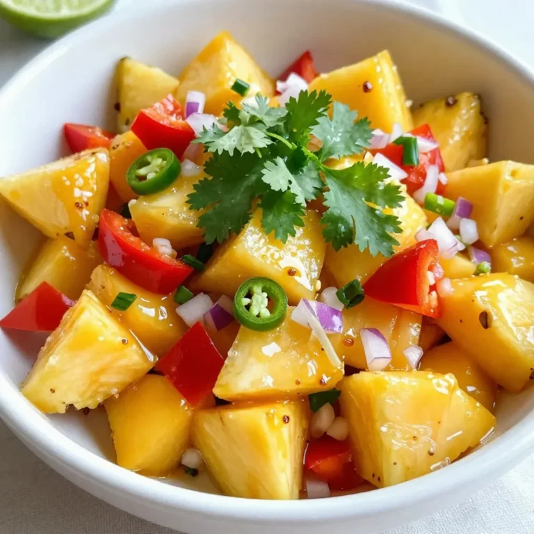 To make a tasty mango pineapple salsa, gather these fresh ingredients: - 1 ripe mango, diced - 1 cup fresh pineapple, diced - 1/2 red bell pepper, finely chopped - 1/4 red onion, finely chopped - 1 small jalapeño, deseeded and minced - 2 tablespoons fresh cilantro, chopped - Juice of 1 lime These ingredients create a bright and zesty flavor. The mango and pineapple bring sweetness, while the jalapeño adds a kick. You can add extra flavor with these optional ingredients: - 1 tablespoon honey (for sweetness) If you like a sweeter salsa, honey works great. Adjust the amount based on your taste. To season your salsa, use: - Salt to taste - Pepper to taste Salt and pepper balance the sweetness of the fruit. Taste as you go to find your ideal mix. {{ingredient_image_1}} Start by gathering all your ingredients. You need one ripe mango, diced into small chunks. Next, take one cup of fresh pineapple and dice it too. Then, finely chop half of a red bell pepper. Follow this by chopping a quarter of a red onion. If the onion is too strong, you can soak it in cold water for ten minutes. This will help reduce its sharpness. Now, take one small jalapeño. Carefully deseed it and mince it. If you love spice, keep some seeds for extra heat. In a mixing bowl, combine the diced mango, pineapple, red bell pepper, red onion, and jalapeño. This mix already looks colorful and fresh! Now, add two tablespoons of fresh cilantro and the juice of one lime. If you like a touch of sweetness, add one tablespoon of honey. Using a spatula, gently fold all the ingredients together. Be careful not to mash the mango and pineapple. Season your salsa with salt and pepper to taste. Adjust these to your liking. Once mixed, let your salsa rest for at least 15 minutes. This is key! Resting helps all the flavors blend together. The lime juice will soften the fruit, making it juicy and bright. After 15 minutes, give it a quick stir before serving. Enjoy your fresh and flavorful mango pineapple salsa! To make the best mango pineapple salsa, start with ripe fruits. Look for a mango with a slight give when you press it. The skin should have a mix of green and yellow tones. For pineapple, choose one that smells sweet at the base. It should feel firm but not hard. Ripe fruit gives the salsa great flavor. If you want a milder salsa, skip the jalapeño or remove the seeds. For more heat, keep some seeds. You can also add more jalapeño if you love spice. Start small, taste, and add more if needed. This way, you control the heat level. Serve your salsa in a chilled bowl. Garnish it with a sprig of cilantro for a fresh touch. Pair it with crunchy tortilla chips for a tasty snack. You can also use it as a topping on grilled fish or chicken. The bright flavors make any dish pop! Pro Tips Choose Ripe Fruits: For the best flavor, ensure your mango and pineapple are perfectly ripe. Look for a sweet aroma and slight give when gently pressed. Customize Spice Level: Adjust the heat by varying the amount of jalapeño used. For a milder salsa, consider replacing jalapeño with a bell pepper. Let It Rest: Allowing the salsa to sit for at least 15 minutes lets the flavors meld beautifully, enhancing the overall taste. Experiment with Add-Ins: Feel free to add other ingredients like diced avocado or even black beans for extra texture and flavor variations. {{image_2}} To make your mango pineapple salsa even more vibrant, try adding other fruits. You can include diced kiwi for a tart punch. Papaya adds a creamy texture and a sweet taste. Try adding diced strawberries for a pop of color and sweetness. These fruits blend well and bring a unique twist to your salsa. If you love heat, consider adding different peppers. A serrano pepper gives it a nice kick. You could also add a splash of hot sauce for extra zest. For a tangy flavor, mix in some diced green apple or a bit of pickled jalapeño. These additions give your salsa a spicy and zesty profile. This salsa is already vegan, but you can enhance it further. Swap honey for agave syrup or maple syrup to keep it plant-based. You could also add diced avocado for creaminess and healthy fats. Another idea is to mix in black beans for protein and a heartier texture. These changes make the salsa even more satisfying. To keep your mango pineapple salsa fresh, store it in an airtight container. Ensure the lid seals tightly. Place it in the fridge right after you make it. This will help keep the flavors bright and the ingredients crisp. If you plan to enjoy it later, avoid adding salt until serving. Salt can draw out moisture and make the salsa watery. When stored properly, mango pineapple salsa stays fresh for about 3 to 5 days. You may notice the colors and textures change over time. The salsa will taste best within the first few days. If you see any signs of spoilage, like a sour smell or mold, it’s time to toss it out. Always trust your senses! You can freeze mango pineapple salsa if you want to keep it longer. Use a freezer-safe container or a heavy-duty freezer bag. Leave some space at the top for expansion. Salsa can last for about 2 to 3 months in the freezer. When ready to use, thaw it in the fridge overnight. The texture may change slightly, so it’s best for cooked dishes or dips rather than fresh serving. Yes, you can use canned pineapple. It saves time and is easy. Just make sure to drain it well. Canned pineapple can be sweeter than fresh. This might change the taste of your salsa. If you prefer a fresher taste, stick with fresh pineapple. You can store your salsa for about three days in the fridge. Use an airtight container to keep it fresh. The flavors may change as the salsa sits. It’s best to eat it sooner for the best taste. If you see any signs of spoilage, throw it out. Mango pineapple salsa is very versatile. It tastes great with grilled chicken or fish. You can also serve it with tortilla chips for a snack. Try it on tacos or over a fresh salad. The sweet and spicy flavors enhance many dishes. In this article, I shared how to make mango pineapple salsa. We covered the fresh and optional ingredients, plus seasonings to boost flavor. I explained each step of preparing and mixing the salsa, letting it rest for the best taste. I also shared tips for ripe fruits, spice adjustments, and serving ideas. Don’t forget the fun variations, storage tips, and answers to common questions. Enjoy your mango pineapple salsa with your favorite dishes and get creative with it!
