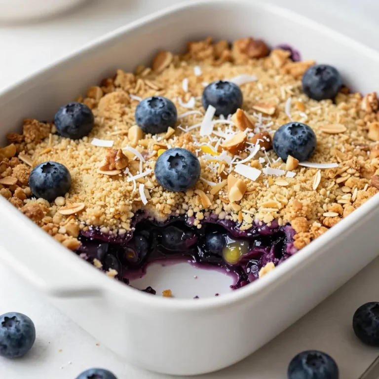 You can use either fresh or frozen blueberries for this recipe. I love fresh berries when they are in season. They burst with flavor and color. If fresh berries are not available, frozen ones work just as well. They are picked at their peak ripeness and frozen right away. This keeps their taste and nutrients intact. Use 2 cups of blueberries for the best results. The base of the crumble comes from dry ingredients. You will need 1 cup of almond flour, which gives a nice nutty flavor. Add 1 cup of unsweetened shredded coconut for a tropical twist. Then, include 1/2 cup of rolled oats for some chewiness. Combine these with 1/4 cup of brown sugar or coconut sugar for sweetness. Finally, add 1/2 teaspoon of cinnamon and 1/4 teaspoon of salt to enhance the flavors. To add a touch of brightness, use 1 tablespoon of lemon juice. This helps balance the sweetness of the blueberries. If you want extra sweetness, you can add 1 tablespoon of maple syrup. This makes the dish even more delightful. The lemon juice and syrup work together to make the blueberries shine. For that crunchy topping, you can add 1/4 cup of chopped nuts. Almonds or pecans work great for this. They add a lovely crunch that pairs well with the soft blueberries. This extra texture makes every bite exciting. {{ingredient_image_1}} First, preheat your oven to 350°F (175°C). This step is key for the crumble to cook well. While the oven warms up, gather your ingredients. It helps to have everything in one place. Next, take a mixing bowl and add 2 cups of blueberries. If you use frozen blueberries, there's no need to thaw them. Squeeze 1 tablespoon of lemon juice over the blueberries. This adds freshness and brightens the flavor. If you like more sweetness, add 1 tablespoon of maple syrup. Gently toss the blueberries with your hand or a spoon. Make sure they are coated well, then set this bowl aside. In another mixing bowl, combine the dry ingredients. Use 1 cup of almond flour, 1 cup of shredded coconut, and 1/2 cup of rolled oats. Add 1/4 cup of brown sugar, 1/2 teaspoon of cinnamon, and 1/4 teaspoon of salt. Mix these dry ingredients together well. Now, pour in 1/2 cup of melted coconut oil. Stir until the mixture looks crumbly. This will be the topping for your blueberries. Grease an 8x8 inch baking dish with a little coconut oil. Spread the blueberry mixture evenly across the bottom of the dish. Then, sprinkle the crumble mixture over the blueberries. Make sure it covers them completely. If you want more crunch, add 1/4 cup of chopped nuts on top. Place the dish in the oven and bake for 25-30 minutes. Look for a golden brown color and bubbly edges. Once done, take it out and let it cool for a few minutes before serving. Choose fresh blueberries. Look for firm, plump berries with a deep blue color. Avoid any soft or wrinkled ones. If using frozen, pick high-quality brands without added sugar. Rinse them gently before use to keep their flavor and texture intact. Opt for unsweetened shredded coconut. This choice keeps your crumble from being overly sweet. Look for coconut flakes that are fresh and fragrant. If you can find organic options, that’s even better for taste and health. Mix your dry ingredients well before adding coconut oil. This helps distribute flavors evenly. When you add the oil, stir until the mixture is crumbly. Avoid overmixing; you want a nice texture, not a dough. Serve your crumble warm for the best flavor. Top it with a scoop of vanilla coconut ice cream. A dollop of whipped coconut cream adds creaminess. Finish with a few fresh blueberries and some coconut flakes for a pretty look. Pro Tips Choose the Right Blueberries: Opt for fresh blueberries when in season for the best flavor, but frozen blueberries work well too—just ensure they're not thawed before mixing. Customize Your Sweetness: Feel free to adjust the maple syrup according to your taste preference. You can also substitute it with agave syrup or honey if desired. Texture Matters: Mix in different nuts or seeds for added crunch. Pecans, walnuts, or even sunflower seeds can enhance the texture and nutritional value. Let It Rest: Allow the crumble to cool for a few minutes before serving. This helps the juices thicken up, making it easier to cut and serve. {{image_2}} To make this blueberry coconut crumble gluten-free, use almond flour. Almond flour is naturally gluten-free and adds a nice nutty flavor. Ensure that your rolled oats are certified gluten-free. This small change keeps the dish safe for those with gluten sensitivities. You can easily make this crumble vegan. Replace the butter with melted coconut oil. Use maple syrup as a sweetener instead of honey. This keeps the dish plant-based while still tasting amazing. You won’t miss the dairy at all! Want to make your crumble even more exciting? Try adding a splash of vanilla extract or a sprinkle of nutmeg. You can also mix in some chopped fruit like strawberries or peaches for a fruity twist. For a tropical touch, add a bit of shredded pineapple to the blueberry layer. These small changes will make your dessert stand out even more. After baking your blueberry coconut crumble, let it cool. This helps the flavors settle. Once cool, cover it with plastic wrap or foil. Store it in the fridge. It will stay fresh for about three days. If you want to keep it longer, freezing is a great option. To enjoy your crumble again, simply reheat it. Preheat your oven to 350°F (175°C). Place the crumble in an oven-safe dish. Heat it for about 10-15 minutes. This warms it up and keeps the topping crisp. You can also microwave it for a quick fix. Just heat it in short bursts to avoid sogginess. If you want to freeze your crumble, first let it cool completely. Then, cut it into portions. Wrap each piece in plastic wrap and then foil. This prevents freezer burn. You can store it for up to three months. When you're ready to enjoy it, thaw it in the fridge overnight. Then, reheat as mentioned above. Yes, you can use frozen blueberries. They work well and save time. Just toss them in the bowl with lemon juice and maple syrup. No need to thaw them first. They will bake nicely and add great flavor. You can use other oils like canola or vegetable oil if you prefer. Butter also works if you want a richer taste. Just make sure the oil or butter is melted. This helps mix well into the crumble. To make the topping crunchier, add nuts like almonds or pecans. Chopped nuts add great texture and flavor. You can also try adding more oats or bake it a bit longer. Just watch it closely to avoid burning. Yes, this recipe is very adaptable. You can use fruits like apples, peaches, or raspberries. Just remember to adjust the sweetener based on the fruit's natural sweetness. Mix it up and enjoy different flavors! This blog post covered the key steps to make a delicious blueberry crumble. We explored the best ingredients, from fresh to frozen blueberries, and essential dry ingredients. You learned how to layer and bake your dish for maximum flavor. I shared tips to select the best blueberries and achieve perfect crumble consistency. Remember, this dessert is versatile, allowing for gluten-free and vegan options. With proper storage and reheating tips, you can enjoy it later. Enjoy experimenting with this recipe and making it your own!