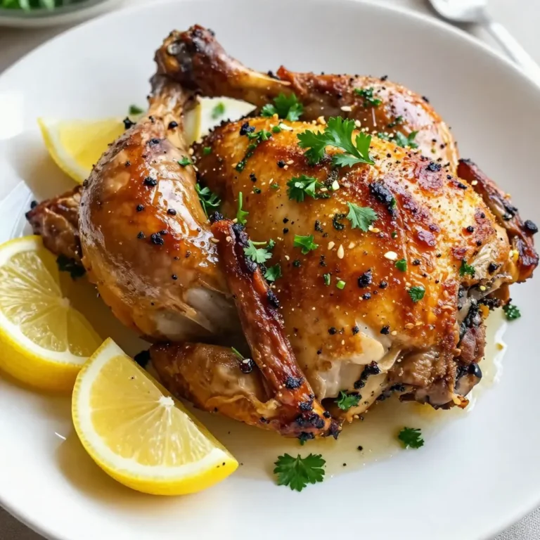 Here’s what you need for Garlic Herb Roasted Turkey Legs: - 4 turkey legs - 4 tablespoons olive oil - 6 cloves garlic, minced - 2 teaspoons dried rosemary - 2 teaspoons dried thyme - 2 teaspoons dried oregano - 1 teaspoon paprika - Salt and pepper to taste - 1 lemon, zested and juiced - Fresh parsley for garnish These ingredients come together to create a flavor-packed dish. The turkey legs provide a juicy base, while the olive oil adds richness. Garlic brings a strong, savory taste that many love. The dried herbs—rosemary, thyme, and oregano—add depth. Paprika gives a slight warmth and beautiful color. Using fresh parsley as a garnish not only adds color but also freshness to each bite. The lemon zest and juice brighten the dish, making it pop with flavor. This mix of ingredients is simple yet effective. You can easily find them at your local store. Each component plays a role in making the turkey legs juicy and flavorful. {{ingredient_image_1}} - Preheat Oven: Set your oven to 375°F (190°C). This makes sure your turkey cooks evenly. - Prepare Herb Marinade: In a bowl, mix together 4 tablespoons of olive oil, 6 minced garlic cloves, 2 teaspoons each of dried rosemary, thyme, oregano, 1 teaspoon of paprika, zest and juice from 1 lemon, and salt and pepper to taste. This mix will bring out great flavors. - Pat Turkey Legs Dry: Use paper towels to dry the turkey legs. This helps the skin get crispy when roasting. - Coating the Turkey Legs: Rub the herb marinade all over the turkey legs. Make sure to cover every inch for the best taste. - Lifting Skin for Extra Flavor: Gently lift the skin on the turkey legs and spread some marinade underneath. This step adds even more flavor to the meat. - Organizing in Roasting Pan: Place the marinated turkey legs in a roasting pan. Make sure they have space around them to cook well. - Cooking Time and Temperature: Roast the legs in your preheated oven for about 1 hour and 15 minutes. Check that the internal temperature hits 165°F (74°C) for safe eating. - Basting for Moisture: Halfway through cooking, use the pan juices to baste the turkey legs. This keeps them moist and tasty. To get that perfect crispy skin on your turkey legs, start by drying them well. Use paper towels to pat the legs until they are dry. This helps the skin crisp up in the oven. Basting is also key. Baste the turkey legs with the pan juices halfway through cooking. This adds flavor and keeps the meat moist. If you want to switch things up, try using fresh herbs instead of dried ones. Fresh rosemary, thyme, and oregano can give your dish a bright taste. Just remember to use about three times more fresh herbs than dried. Adjust the seasoning to your liking. Taste the herb marinade before applying it to the turkey. You can add more salt or pepper if needed. For a beautiful presentation, serve the turkey legs on a large platter. Drizzle the pan juices over them for added flavor. Garnish with lemon wedges and fresh herbs like parsley. This adds color and makes the dish look more inviting. Pro Tips Marinade Time: For deeper flavor, let the turkey legs marinate in the herb mixture in the refrigerator for at least 2 hours, or ideally overnight. Skin Crispiness: Ensure the turkey skin is dry before applying the marinade; this helps achieve a beautifully crispy skin while roasting. Basting Technique: Use a baster or spoon to baste the turkey legs with pan juices halfway through cooking to keep the meat moist and flavorful. Resting Period: Allow the turkey legs to rest for at least 10 minutes after roasting; this helps the juices redistribute, leading to juicier meat. {{image_2}} You can change the dried herbs to fit your taste. For a fresh twist, use fresh herbs instead. Fresh rosemary, thyme, or oregano can boost the flavor. Just use three times the amount of fresh herbs compared to dried. Adding spicy elements can make it fun. Try adding a pinch of cayenne pepper or red pepper flakes. This will give your turkey a little heat. Mix it into the herb marinade for a spicy kick. Using a slow cooker is a great option for tender turkey legs. Just season the legs and place them in the cooker. Cook on low for 6 to 8 hours. This will let the flavors blend and keep the meat juicy. Grilling is another fun choice. Marinate the turkey legs as usual, then grill them over medium heat. Cook for about 30 to 40 minutes. Turn them often to get that smoky flavor and crispy skin. Pair your turkey legs with tasty side dishes. Roasted vegetables, mashed potatoes, or rice work well. A fresh salad can add a nice crunch, too. Sauces can enhance the dish. A tangy barbecue sauce or a rich gravy can be perfect. You can also serve it with a citrus sauce for a fresh taste. Enjoy these combinations to make your meal even better! - Refrigeration Tips: Store leftover turkey legs in an airtight container. Make sure to keep them in the fridge. They will stay fresh for about three to four days. Always let them cool down before sealing the container. - Freezing Instructions: To freeze, wrap the turkey legs tightly in plastic wrap, then place them in a freezer bag. Remove as much air as possible. They can last up to three months in the freezer. Label the bag with the date to keep track. - Best Practices for Reheating: The best way to reheat turkey legs is in the oven. Preheat your oven to 350°F (175°C). Place the turkey legs on a baking sheet and cover them with foil. Heat for about 20 to 30 minutes, or until warmed through. - Avoiding Dryness: To keep the turkey legs moist, add a splash of broth or water to the baking sheet. This will create steam and help maintain moisture. Avoid using a microwave, as it can dry out the meat quickly. You should cook turkey legs for about 1 hour and 15 minutes. This time ensures they become tender and juicy. The key is to roast them at 375°F (190°C). Cooking them too long can dry them out. Always check them around the one-hour mark to avoid any overcooking. The safe internal temperature for cooked turkey legs is 165°F (74°C). Use a meat thermometer to check the thickest part of the leg. This ensures the meat is safe to eat and fully cooked. If the temperature is lower, return the legs to the oven until they reach the right temperature. Yes, you can use fresh herbs instead of dried ones. Fresh herbs can add a brighter flavor to your dish. To use fresh herbs, simply chop them finely. You can use about three times the amount of fresh herbs as dried. For example, if a recipe calls for 2 teaspoons of dried rosemary, use 6 teaspoons of fresh rosemary. Mix them into your marinade just like you would with dried herbs. In this post, we explored how to cook turkey legs perfectly. We discussed the essential ingredients, preparation steps, marinades, and roasting techniques. I shared tips for crispy skin and flavor enhancements, along with ways to serve and store leftovers. Cooking turkey legs can be fun and easy. With these steps, you can impress everyone at your meal. Enjoy making your dish and experimenting with flavors!