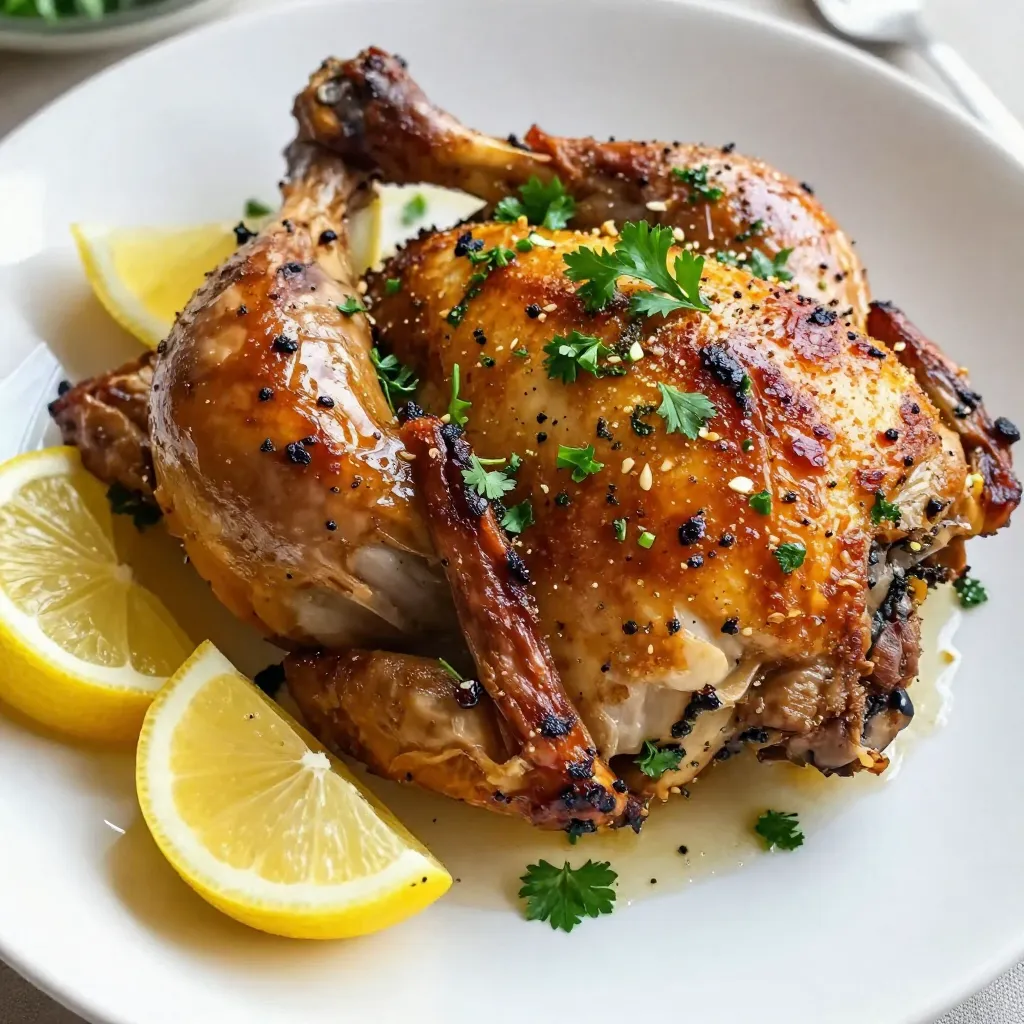 Here’s what you need for Garlic Herb Roasted Turkey Legs: - 4 turkey legs - 4 tablespoons olive oil - 6 cloves garlic, minced - 2 teaspoons dried rosemary - 2 teaspoons dried thyme - 2 teaspoons dried oregano - 1 teaspoon paprika - Salt and pepper to taste - 1 lemon, zested and juiced - Fresh parsley for garnish These ingredients come together to create a flavor-packed dish. The turkey legs provide a juicy base, while the olive oil adds richness. Garlic brings a strong, savory taste that many love. The dried herbs—rosemary, thyme, and oregano—add depth. Paprika gives a slight warmth and beautiful color. Using fresh parsley as a garnish not only adds color but also freshness to each bite. The lemon zest and juice brighten the dish, making it pop with flavor. This mix of ingredients is simple yet effective. You can easily find them at your local store. Each component plays a role in making the turkey legs juicy and flavorful. {{ingredient_image_1}} - Preheat Oven: Set your oven to 375°F (190°C). This makes sure your turkey cooks evenly. - Prepare Herb Marinade: In a bowl, mix together 4 tablespoons of olive oil, 6 minced garlic cloves, 2 teaspoons each of dried rosemary, thyme, oregano, 1 teaspoon of paprika, zest and juice from 1 lemon, and salt and pepper to taste. This mix will bring out great flavors. - Pat Turkey Legs Dry: Use paper towels to dry the turkey legs. This helps the skin get crispy when roasting. - Coating the Turkey Legs: Rub the herb marinade all over the turkey legs. Make sure to cover every inch for the best taste. - Lifting Skin for Extra Flavor: Gently lift the skin on the turkey legs and spread some marinade underneath. This step adds even more flavor to the meat. - Organizing in Roasting Pan: Place the marinated turkey legs in a roasting pan. Make sure they have space around them to cook well. - Cooking Time and Temperature: Roast the legs in your preheated oven for about 1 hour and 15 minutes. Check that the internal temperature hits 165°F (74°C) for safe eating. - Basting for Moisture: Halfway through cooking, use the pan juices to baste the turkey legs. This keeps them moist and tasty. To get that perfect crispy skin on your turkey legs, start by drying them well. Use paper towels to pat the legs until they are dry. This helps the skin crisp up in the oven. Basting is also key. Baste the turkey legs with the pan juices halfway through cooking. This adds flavor and keeps the meat moist. If you want to switch things up, try using fresh herbs instead of dried ones. Fresh rosemary, thyme, and oregano can give your dish a bright taste. Just remember to use about three times more fresh herbs than dried. Adjust the seasoning to your liking. Taste the herb marinade before applying it to the turkey. You can add more salt or pepper if needed. For a beautiful presentation, serve the turkey legs on a large platter. Drizzle the pan juices over them for added flavor. Garnish with lemon wedges and fresh herbs like parsley. This adds color and makes the dish look more inviting. Pro Tips Marinade Time: For deeper flavor, let the turkey legs marinate in the herb mixture in the refrigerator for at least 2 hours, or ideally overnight. Skin Crispiness: Ensure the turkey skin is dry before applying the marinade; this helps achieve a beautifully crispy skin while roasting. Basting Technique: Use a baster or spoon to baste the turkey legs with pan juices halfway through cooking to keep the meat moist and flavorful. Resting Period: Allow the turkey legs to rest for at least 10 minutes after roasting; this helps the juices redistribute, leading to juicier meat. {{image_2}} You can change the dried herbs to fit your taste. For a fresh twist, use fresh herbs instead. Fresh rosemary, thyme, or oregano can boost the flavor. Just use three times the amount of fresh herbs compared to dried. Adding spicy elements can make it fun. Try adding a pinch of cayenne pepper or red pepper flakes. This will give your turkey a little heat. Mix it into the herb marinade for a spicy kick. Using a slow cooker is a great option for tender turkey legs. Just season the legs and place them in the cooker. Cook on low for 6 to 8 hours. This will let the flavors blend and keep the meat juicy. Grilling is another fun choice. Marinate the turkey legs as usual, then grill them over medium heat. Cook for about 30 to 40 minutes. Turn them often to get that smoky flavor and crispy skin. Pair your turkey legs with tasty side dishes. Roasted vegetables, mashed potatoes, or rice work well. A fresh salad can add a nice crunch, too. Sauces can enhance the dish. A tangy barbecue sauce or a rich gravy can be perfect. You can also serve it with a citrus sauce for a fresh taste. Enjoy these combinations to make your meal even better! - Refrigeration Tips: Store leftover turkey legs in an airtight container. Make sure to keep them in the fridge. They will stay fresh for about three to four days. Always let them cool down before sealing the container. - Freezing Instructions: To freeze, wrap the turkey legs tightly in plastic wrap, then place them in a freezer bag. Remove as much air as possible. They can last up to three months in the freezer. Label the bag with the date to keep track. - Best Practices for Reheating: The best way to reheat turkey legs is in the oven. Preheat your oven to 350°F (175°C). Place the turkey legs on a baking sheet and cover them with foil. Heat for about 20 to 30 minutes, or until warmed through. - Avoiding Dryness: To keep the turkey legs moist, add a splash of broth or water to the baking sheet. This will create steam and help maintain moisture. Avoid using a microwave, as it can dry out the meat quickly. You should cook turkey legs for about 1 hour and 15 minutes. This time ensures they become tender and juicy. The key is to roast them at 375°F (190°C). Cooking them too long can dry them out. Always check them around the one-hour mark to avoid any overcooking. The safe internal temperature for cooked turkey legs is 165°F (74°C). Use a meat thermometer to check the thickest part of the leg. This ensures the meat is safe to eat and fully cooked. If the temperature is lower, return the legs to the oven until they reach the right temperature. Yes, you can use fresh herbs instead of dried ones. Fresh herbs can add a brighter flavor to your dish. To use fresh herbs, simply chop them finely. You can use about three times the amount of fresh herbs as dried. For example, if a recipe calls for 2 teaspoons of dried rosemary, use 6 teaspoons of fresh rosemary. Mix them into your marinade just like you would with dried herbs. In this post, we explored how to cook turkey legs perfectly. We discussed the essential ingredients, preparation steps, marinades, and roasting techniques. I shared tips for crispy skin and flavor enhancements, along with ways to serve and store leftovers. Cooking turkey legs can be fun and easy. With these steps, you can impress everyone at your meal. Enjoy making your dish and experimenting with flavors!