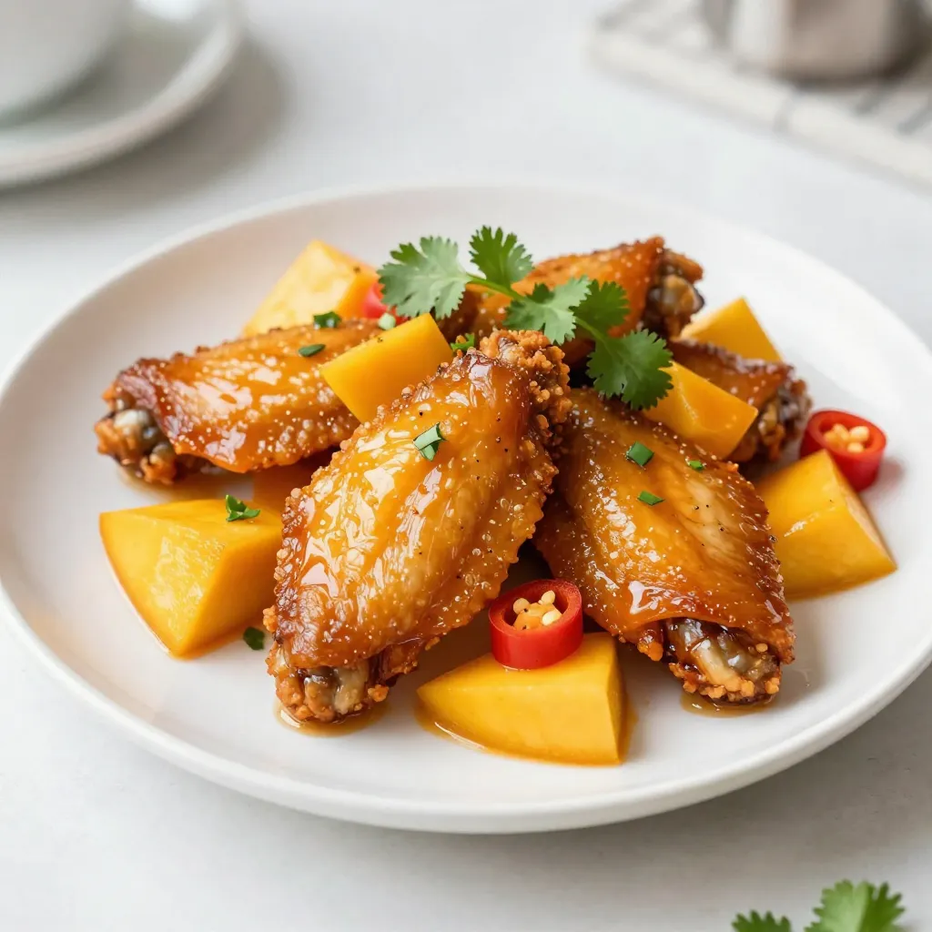 - 2 pounds chicken wings - 1 ripe mango, peeled and diced - 2 habanero peppers, deseeded and minced - 1/4 cup honey - 1/4 cup soy sauce - 2 tablespoons lime juice - 1 tablespoon ginger, grated - 3 cloves garlic, minced - Salt and pepper to taste - 1 tablespoon vegetable oil These main ingredients bring flavor and heat to your wings. The mango gives a sweet touch, while the habanero adds a kick. Honey balances the heat, and soy sauce brings depth. Ginger and garlic enhance the taste and aroma. - Fresh cilantro - Green onions Using fresh cilantro or green onions adds color and freshness to your dish. These garnishes brighten the plate and enhance the flavor. - Large bowl - Blender - Baking sheet - Parchment paper - Rack (optional) These tools help you prepare and cook your wings easily. A blender is key for making the marinade. A baking sheet with parchment makes cleanup simple. A rack can help wings get crispy all around. {{ingredient_image_1}} Start by making the marinade. Grab a blender and add these items: - 1 ripe mango, peeled and diced - 2 habanero peppers, deseeded and minced - 1/4 cup honey - 1/4 cup soy sauce - 2 tablespoons lime juice - 1 tablespoon ginger, grated - 3 cloves garlic, minced Blend these ingredients until smooth. This mix should be sweet and spicy. The mango gives a nice flavor, while the habaneros add heat. Now, let’s marinate the chicken wings. Take 2 pounds of chicken wings and put them in a large bowl. Pour your mango habanero sauce over the wings. Make sure each wing is well coated in this tasty mix. Cover the bowl with plastic wrap. Place it in the fridge for at least 1 hour. If you have time, leave it overnight for even more flavor. Next, preheat your oven to 425°F (220°C). Line a baking sheet with parchment paper. If you have a rack, place it on top for better airflow. Take the wings out of the marinade. Let any extra sauce drip off. Arrange the wings in a single layer on the rack or directly on the baking sheet. Drizzle them lightly with vegetable oil. Season with salt and pepper. Bake the wings for 25-30 minutes. Flip them halfway through for even cooking. They should turn golden brown and crispy. In the last few minutes, brush them with more mango habanero sauce. This gives them a nice shiny glaze. Once done, take the wings out and let them rest for a few minutes. Garnish with fresh cilantro or chopped green onions before serving. Enjoy your sweet heat mango habanero wings! To get the best flavor, marinate the wings for at least one hour. If you have time, try marinating overnight. This allows the sweet heat to soak in. The blend of mango and habanero creates a great balance. Use a ripe mango; it adds more sweetness. Be careful with the habaneros; they pack a punch! Adjust the amount to suit your taste. Preheat your oven to 425°F (220°C) for crispy wings. Bake them for 25-30 minutes. Flip them halfway to ensure even cooking. When they turn golden brown, they are likely done. Check the wings with a meat thermometer; they should reach 165°F (74°C) inside. A higher temperature helps them get crispy on the outside. Serve these wings hot, garnished with fresh cilantro or green onions. They pair well with a cooling dip, like ranch or blue cheese. Add some fresh lime wedges for a zesty kick. These wings are great for parties or game day. Serve them with a side of veggies or a simple salad for a full meal. Pro Tips Adjust the Heat: If you prefer milder wings, reduce the number of habanero peppers or remove the seeds completely, as they contain most of the heat. Use Fresh Mango: For the best flavor, use a ripe, fresh mango. Canned mango can be used in a pinch, but fresh provides a more vibrant taste. Marinate Overnight: For deeper flavor, marinate the wings overnight. This allows the flavors to penetrate the meat more effectively. Serve with Dipping Sauce: Consider serving the wings with a cooling dipping sauce, such as yogurt or ranch, to balance the heat from the habaneros. {{image_2}} You can adjust the heat in your wings! If you want more heat, add more habanero peppers. For a milder taste, use jalapeños instead. You can also skip the peppers and try sweet bell peppers. This keeps the flavor while lowering the spice. Always taste your marinade before using it. This way, you can find the right heat level for you. Mango is great, but other fruits can work too! Pineapple adds a tangy twist. Peaches give a nice sweetness. You can even try apricots for a unique flavor. Just make sure the fruit is ripe. This helps create a smooth marinade. Blend the fruit the same way you do with mango. This keeps the wings tasty and fun. Baking wings is easy and safe. You control the heat and time, which makes them crispy. But grilling gives a smoky flavor. It adds nice char marks that make the wings look great. If you grill, keep an eye on them. They cook faster than in the oven. Both methods work well, so pick what you like! To keep your leftover wings fresh, place them in an airtight container. This helps lock in flavor and moisture. You can also wrap them tightly in plastic wrap. Make sure to store them in the fridge. They should last for up to three days. If you want to save them longer, consider freezing. When it's time to enjoy your wings again, there are a few ways to reheat them. The best method is to use the oven. Preheat your oven to 350°F (175°C). Place the wings on a baking sheet and heat for about 15-20 minutes. This keeps them crispy. You can also use a microwave if you're short on time. Just heat them in 30-second bursts, checking often. Be careful not to overcook. To freeze your wings, first, let them cool completely. This prevents ice crystals from forming. Place the wings in a freezer-safe container or bag. Remove as much air as possible to avoid freezer burn. You can store them for up to three months. When ready to eat, thaw in the fridge overnight before reheating. Yes, you can use frozen chicken wings. Just make sure to thaw them first. Place them in the fridge overnight or use cold water. Once thawed, pat them dry before marinating. This step helps the wings get crispy when baked. You can serve many sides with mango habanero wings. Here are some great options: - Coleslaw: The crunch adds a nice contrast. - Corn on the cob: Sweet corn pairs well with spicy wings. - Rice or quinoa: They soak up the sauce flavors. - Veggie sticks: Carrots and celery cool down the heat. - Dipping sauces: Ranch or blue cheese work well too. Habanero peppers are quite spicy. They rank around 100,000 to 350,000 Scoville Heat Units (SHU). For reference, jalapeños are about 2,500 to 8,000 SHU. This makes habaneros many times hotter. If you want less heat, use fewer peppers or add more mango. You’ve learned how to make sweet heat mango habanero wings. We covered key ingredients, tasty marinades, and cooking methods. The tips will help you get the best flavor and crunch. You can even try different fruits or heat levels. Don't forget how to store and reheat your wings after the feast. Enjoying these wings will impress your friends and family. Get ready for a fun cooking adventure!