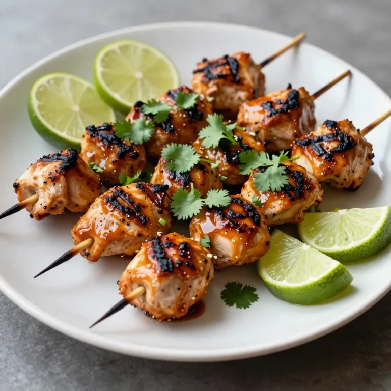 - 1 lb (450g) boneless, skinless chicken breasts, cut into 1-inch cubes - 2 tablespoons chipotle in adobo sauce, minced - 3 tablespoons olive oil - 2 tablespoons fresh lime juice - 1 teaspoon lime zest - 2 cloves garlic, minced - 1 teaspoon cumin - 1 teaspoon smoked paprika - 1 teaspoon salt - 1/2 teaspoon black pepper - Wooden or metal skewers (if using wooden skewers, soak them in water for 30 minutes before using) Chicken breasts are the star of this dish. They are tender and soak up flavors well. The marinade includes chipotle in adobo sauce, which gives a spicy kick. Olive oil and lime juice help keep the chicken moist while adding flavor. Garlic, cumin, and smoked paprika round out the taste, making each bite delicious. - Fresh cilantro, for garnish - Lime wedges, for serving Adding fresh cilantro brightens the dish and adds a pop of color. Lime wedges are perfect for squeezing over the skewers. This adds extra tang and enhances the whole experience. You can adjust the garnishes to your taste, but these options elevate the flavors beautifully. {{ingredient_image_1}} First, gather your ingredients. You need: - 2 tablespoons chipotle in adobo sauce, minced - 3 tablespoons olive oil - 2 tablespoons fresh lime juice - 1 teaspoon lime zest - 2 cloves garlic, minced - 1 teaspoon cumin - 1 teaspoon smoked paprika - 1 teaspoon salt - 1/2 teaspoon black pepper In a large mixing bowl, combine all these ingredients. Stir until they mix well. This creates a flavorful marinade. Now, cut your chicken into 1-inch cubes. Use 1 pound of boneless, skinless chicken breasts. Add the chicken to the marinade. Ensure each piece gets coated. Cover the bowl with plastic wrap. For the best flavor, marinate the chicken for at least 30 minutes. If you have time, let it sit for up to 2 hours. This longer time helps the flavors soak in. Keep the chicken in the fridge while marinating. This keeps it safe and fresh. Start by preheating your grill or grill pan over medium-high heat. While the grill heats, thread the marinated chicken onto your skewers. Leave a little space between each piece. This helps the chicken cook evenly. Once the grill is ready, place the skewers on it. Cook for 10 to 12 minutes. Turn the skewers occasionally. You want them to get nice grill marks. The chicken should reach an internal temperature of 165°F (75°C). After cooking, remove the skewers from the grill. Let them rest for a few minutes. This helps keep them juicy. Garnish with fresh cilantro and serve with lime wedges. Enjoy every bite! To make your marinade pop, you can swap some ingredients or add more. Try using lime zest for a zestier kick or fresh herbs like cilantro or parsley. If you want a sweeter taste, add a touch of honey or agave syrup. Marinating time is key. Aim for at least 30 minutes to let the chicken soak up those flavors. However, for the best taste, let it marinate for up to two hours. This extra time makes a big difference. When threading chicken onto skewers, keep the pieces a bit apart. This helps them cook evenly. If you crowd them, some pieces may not get enough heat. If you use wooden skewers, soak them in water for 30 minutes. This prevents them from burning on the grill. Metal skewers don’t need soaking and can hold heat well. Control the grill temperature for the best marks. Heat your grill to medium-high. If it’s too hot, the outside cooks fast while the inside stays raw. When cooking, flip the skewers every few minutes. This helps get those beautiful grill marks and ensures even cooking. Aim for about 10-12 minutes total cooking time. Your chicken should reach 165°F (75°C) for safe eating. Pro Tips Marinate Longer for Flavor: For a more intense flavor, consider marinating the chicken for up to 2 hours, allowing the spices to penetrate the meat deeply. Use a Meat Thermometer: To ensure your chicken is perfectly cooked, use a meat thermometer to check that the internal temperature reaches 165°F (75°C). Experiment with Vegetables: Add colorful bell peppers, onions, or zucchini to the skewers for extra flavor and nutrition, making it a complete meal. Rest Before Serving: Allow the skewers to rest for a few minutes after grilling; this helps the juices redistribute, making the chicken more tender and juicy. {{image_2}} You can change the flavor of your Chipotle Lime Chicken Skewers easily. Try different spices like: - Chili powder - Oregano - Coriander You can also add other ingredients to the marinade. Consider using: - Honey for sweetness - Pineapple juice for a tropical twist - Fresh herbs like parsley or basil for a fresh taste If you don’t have a grill, you can still enjoy these skewers. Here’s how to cook them in the oven: 1. Preheat your oven to 400°F (200°C). 2. Place the skewers on a baking sheet lined with foil. 3. Bake for 15-20 minutes until chicken reaches 165°F (75°C). For air fryer fans, here’s a quick method: 1. Preheat your air fryer to 375°F (190°C). 2. Arrange the skewers in the basket, ensuring they don’t touch. 3. Cook for about 10-12 minutes, flipping halfway through. These skewers pair well with many side dishes. I suggest: - Cilantro lime rice - Grilled vegetables - A fresh green salad You can also enjoy them with tasty sauces. Try: - Sour cream mixed with lime - A zesty avocado sauce - A simple salsa for extra flavor Store your chicken skewers in an airtight container. This keeps them fresh for later. You can place them in the fridge for up to three days. When you want to eat them, heat them in the microwave. Use medium power to avoid drying them out. You can also reheat them in a skillet over low heat. This makes them nice and warm without losing taste. To freeze your skewers, first let them cool completely. Wrap each skewer in plastic wrap. Then, place them in a freezer bag. Make sure to squeeze out the air before sealing. They can stay in the freezer for up to three months. When you're ready to eat, thaw them in the fridge overnight. After thawing, you can grill them again to warm them up and get those grill marks back. Cooked chicken skewers stay fresh in the fridge for three days. If you see any strange colors or smells, it's time to toss them. Signs of spoilage include a sticky texture or a sour smell. Always check before you eat. Proper storage helps keep your food safe and tasty. To keep your chicken juicy, marinate it well. The marinade helps lock in moisture. Use olive oil, which adds fat and flavor. Aim to marinate the chicken for at least 30 minutes. You can go up to 2 hours for a stronger taste. When grilling, avoid high heat. Medium-high works best. Flip the skewers often. This helps cook the chicken evenly. Always check the internal temperature; it should reach 165°F (75°C). Yes, you can use other meats! Pork is a great substitute. Try tender cuts like pork loin. Beef also works well; use sirloin or tenderloin. For a lighter option, shrimp is tasty and cooks fast. You can even use firm tofu for a vegetarian choice. Just adjust cooking times based on the meat you choose. Each meat will add its unique flavor and texture. Pair your skewers with fresh sides. Some great options include: - Grilled corn on the cob - Cilantro lime rice - Fresh guacamole - A crisp green salad - Roasted vegetables These sides complement the smoky and spicy flavors of the chicken. You can also add lime wedges for extra zest. Enjoy the mix of tastes and textures! In this post, we explored how to make delicious chipotle lime chicken skewers. We discussed the key ingredients, from chicken breasts to the marinade. I shared tips on marinating, grilling, and achieving those perfect grill marks. You also learned about variations and how to store leftovers. For tasty skewers, focus on flavor and proper cooking. With these steps, you'll impress friends and family. Enjoy your grilling adventure!