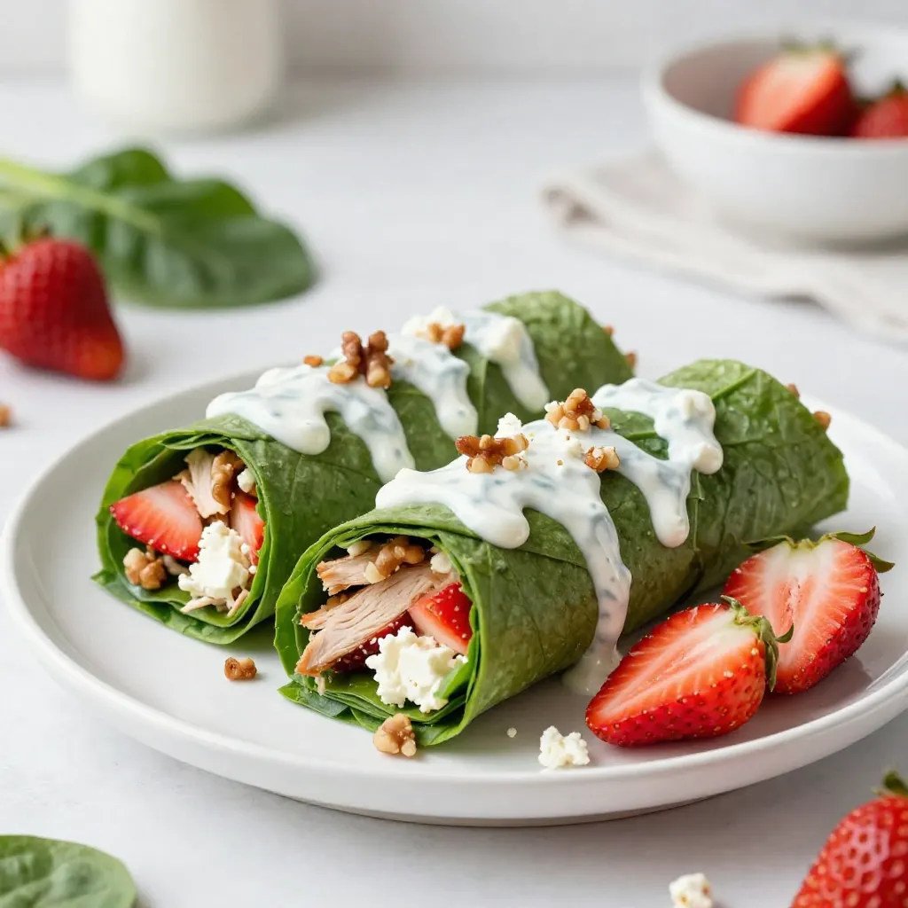 - 2 cups fresh spinach leaves - 1 cup strawberries, hulled and sliced - 1 cup cooked chicken breast, shredded or chopped - 1/4 cup feta cheese, crumbled - 1/4 cup walnuts, toasted and chopped - 1/4 cup plain Greek yogurt - 2 tablespoons honey - 1 tablespoon lemon juice - 4 large whole wheat or spinach wraps - Salt and pepper to taste This recipe makes four wraps. Each wrap has about: - Calories: 290 - Protein: 20g - Carbs: 30g - Fat: 12g - Fiber: 5g These wraps offer a balanced meal. They provide protein from chicken and healthy fats from walnuts. Spinach and strawberries add vitamins and minerals. - Spinach: Use young, fresh spinach for a crisp bite. - Strawberries: Choose ripe strawberries for the best flavor. Look for bright red and shiny ones. - Chicken: Use leftover cooked chicken or rotisserie chicken for ease. - Feta Cheese: Crumbled feta gives a tangy taste. Buy it fresh for better texture. - Walnuts: Toast them lightly to enhance their nutty flavor. - Greek Yogurt: Use full-fat or low-fat Greek yogurt for creaminess. - Honey and Lemon Juice: Fresh lemon juice adds brightness. Use raw honey for more nutrients. - Wraps: Whole wheat or spinach wraps add more fiber and nutrients than white wraps. These tips help ensure your wraps taste great and look fresh. {{ingredient_image_1}} To start, grab a small bowl. Mix together 1/4 cup of plain Greek yogurt, 2 tablespoons of honey, and 1 tablespoon of lemon juice. Add a pinch of salt and a dash of pepper. Stir this until smooth. This dressing adds flavor and creaminess to the wraps. Set it aside while you prepare the filling. In a large bowl, add 2 cups of fresh spinach leaves. Next, toss in 1 cup of hulled and sliced strawberries. Then, add 1 cup of shredded or chopped cooked chicken breast. Crumble in 1/4 cup of feta cheese and add 1/4 cup of toasted walnuts. Mix everything gently. This filling is colorful and packed with nutrients. Lay out your 4 large whole wheat or spinach wraps on a clean surface. Take the spinach mixture and divide it evenly among the wraps. Place the filling slightly off-center. Fold in the sides of each wrap. Roll them up tightly from the bottom over the filling. This keeps everything secure and makes eating easier. Once you finish rolling, slice each wrap in half diagonally. Arrange the halves with the cut side up on a plate. For a nice touch, garnish with extra strawberry slices and a sprinkle of feta. This makes the wraps look fresh and inviting. Enjoy your beautiful meal! You can change this recipe to fit your taste. Want more crunch? Add some sliced bell peppers or cucumbers. Prefer a different cheese? Use goat cheese or mozzarella. You can swap chicken for turkey or even tofu. Each choice gives a new flavor. Try different fruits, like blueberries or apples, for a twist. If you have leftover wraps, store them in the fridge. Wrap them in foil or plastic wrap. This keeps them fresh for about two days. The filling may get soggy over time. To avoid this, store the dressing separately. You can add it right before eating. These wraps are great for lunch or a picnic. Serve them with a side of chips or fruit. For a fun touch, cut the wraps into bite-sized pieces. This makes them easy to share at a party. You can also pair them with a light soup for a complete meal. Enjoy experimenting with your favorite sides! Pro Tips Use Fresh Ingredients: Always opt for the freshest spinach and strawberries to enhance the flavor and nutritional value of your wraps. Chill Before Serving: For the best taste, chill the wraps in the refrigerator for about 30 minutes before serving. This allows the flavors to meld together. Customize Your Wrap: Feel free to add other ingredients like avocado or grilled vegetables for extra texture and flavor. Perfectly Toasted Walnuts: Toast your walnuts in a dry skillet over medium heat for 3-5 minutes until fragrant. This will enhance their nutty flavor. {{image_2}} If you want to switch up the protein, try using turkey or tofu. Both options give a nice twist. You can also use shrimp for a seafood touch. Each choice adds a different flavor and texture. Choose what you enjoy most and keep it fresh! The dressing can change the whole taste of your wraps. If you want a creamy touch, try ranch or Caesar dressing. A balsamic vinaigrette can add a sweet and tangy kick. If you prefer a zesty flavor, mix in some lime juice with your yogurt. Experiment with different dressings to find your favorite! Feel free to swap out ingredients based on what you have. You can use kale instead of spinach for a heartier wrap. If strawberries are not in season, try blueberries or raspberries. Instead of feta, goat cheese works well too. Don't be afraid to make the recipe your own! Store any leftover wraps in an airtight container. Keep them in the fridge. They stay fresh for up to two days. If you have extra filling, store it separately. This keeps the wrap from getting soggy. You can freeze these wraps for later. Wrap them tightly in plastic wrap. Then, place them in a freezer bag. They last up to three months in the freezer. To eat, thaw in the fridge overnight. Then, enjoy them cold or warm them up. Check for signs of spoilage before eating leftovers. Look for changes in color or smell. If they seem off, it’s best to throw them away. Always trust your senses when it comes to food safety. Yes, you can make these wraps ahead of time. I suggest prepping the filling and dressing first. Keep the dressing in a separate container. This way, the wraps won't get soggy. When you're ready to eat, just assemble the wraps. This makes it quick and easy for lunch or dinner. If you don't like walnuts, you have options. You can use pecans or almonds instead. These nuts add a nice crunch, just like walnuts. If you need a nut-free version, try sunflower seeds or pumpkin seeds. They work great and give some extra texture. Yes, these wraps are healthy! They have fresh spinach, which is full of vitamins. Strawberries add antioxidants, and chicken gives protein. The Greek yogurt dressing is lower in fat compared to creamy dressings. Using whole wheat wraps makes them more filling, too. Enjoy these wraps as a tasty and healthy meal. This blog post detailed how to create delicious Strawberry Spinach Chicken Wraps. We covered the key ingredients, their nutritional value, and tips for quality selection. You learned step-by-step instructions for making the dressing, filling, and assembling the wraps. We offered helpful tricks for personalizing the recipe and storage tips for leftovers. Now you can be creative with variations and find answers to common questions. Enjoy making these tasty wraps for yourself and others. They’re simple, healthy, and great for any meal!