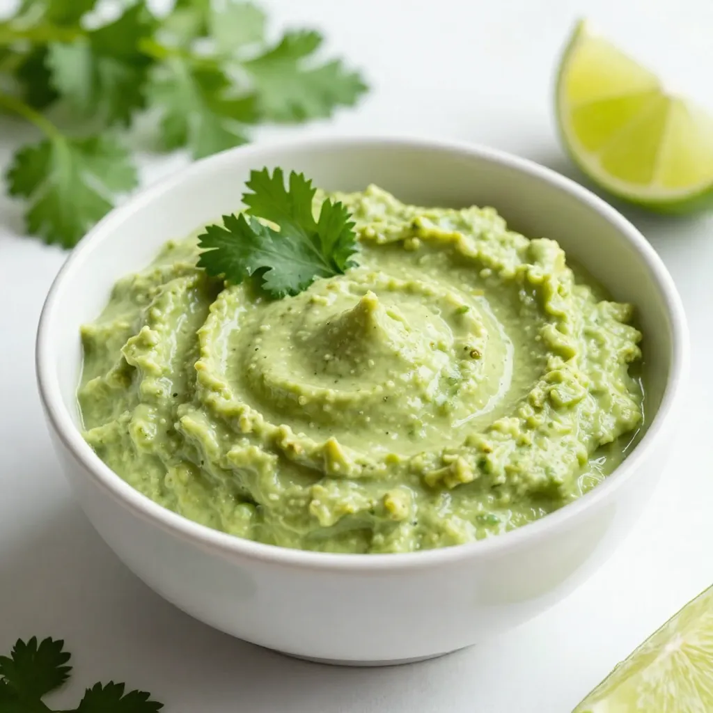 To make Creamy Avocado Cilantro Sauce, gather these simple ingredients: - 2 ripe avocados - 1 cup fresh cilantro leaves, tightly packed - 2 tablespoons fresh lime juice - 1 small garlic clove, minced - 1/2 cup Greek yogurt (or plant-based yogurt for a vegan option) - 1/4 cup water (adjust for desired thickness) - Salt and pepper to taste Each ingredient adds its own unique flavor. Ripe avocados make the sauce creamy. Fresh cilantro brings a bright note. Lime juice adds zing. Garlic gives a nice kick. Greek yogurt adds richness and protein. Water helps blend everything smoothly. Salt and pepper enhance the flavors. You can adjust any of these ingredients for your taste. If you like it tangy, add more lime juice. Want a thicker sauce? Use less water. The key is to taste as you go. This way, you create a dip that suits your palate perfectly. {{ingredient_image_1}} 1. Cutting and scooping avocados Start with two ripe avocados. Cut them in half and remove the pits. Use a spoon to scoop the green flesh into your blender. Make sure to get it all out for the best taste. 2. Adding ingredients to blender Next, add one cup of fresh cilantro leaves. Make sure they are tightly packed for maximum flavor. Now, squeeze in two tablespoons of fresh lime juice. Add one minced garlic clove for a nice kick. Spoon in half a cup of Greek yogurt for creaminess. Then, pour in a quarter cup of water to help blend everything smoothly. 3. Blending process and consistency adjustments Blend all the ingredients on high. Watch as they turn into a smooth and creamy sauce. If it feels too thick, don’t worry! Just add more water, one tablespoon at a time, until you reach the right thickness. 4. Final seasoning and blending for taste Now, it's time to season. Add salt and pepper to taste. Blend again briefly to mix it in. Take a quick taste. If you want more lime, salt, or water, adjust those now and blend once more. This way, you’ll get the perfect flavor for your sauce. 5. Finally, transfer your creamy avocado cilantro sauce to a serving bowl. It’s ready to enjoy with your favorite dishes! To get the right thickness for your sauce, adjust the water. Start with 1/4 cup. If it’s too thick, add more water, one tablespoon at a time. Blend well each time. This helps you control the creaminess. For a smooth texture, use a high-speed blender. Blend until all ingredients are fully mixed. Scrape down the sides to ensure everything is combined. This adds to the creaminess of your sauce. To stop avocados from browning, use lime juice right away. The acid helps keep them fresh. Store any leftover sauce in an airtight container. Add a thin layer of water on top before sealing to limit air exposure. You can boost flavors with extra spices like cumin or chili powder. These add depth and warmth. Try a pinch of smoked paprika for a smoky twist. Taste testing is key! After blending, taste your sauce. Adjust lime juice, salt, or pepper as needed. Small changes can make a big difference in flavor. Always blend briefly after adjustments to mix well. Pro Tips Choosing the Right Avocado: Make sure your avocados are ripe for the best flavor and creaminess. They should yield slightly to gentle pressure when squeezed. Fresh Ingredients Matter: Use fresh cilantro and lime juice for a brighter and more vibrant flavor. Avoid bottled lime juice if possible. Adjusting Consistency: If you prefer a thicker sauce, reduce the amount of water added. For a thinner sauce, increase the water gradually until you reach the desired creaminess. Storage Tips: To prevent browning, store any leftover sauce in an airtight container. You can also press plastic wrap directly onto the surface of the sauce before sealing. {{image_2}} You can swap Greek yogurt for plant-based yogurt. This change keeps the sauce creamy but makes it vegan. Look for a yogurt made from almond, coconut, or soy. Each option adds its unique flavor. You can also use blended silken tofu for a thick, creamy base. If you don’t have lime juice, use lemon juice instead. It will still give a bright taste. You can also try vinegar for a tangy kick. For fresh herbs, consider using parsley or basil. These herbs add a different flavor but still work well with avocado. This sauce is great as a dip for chips or veggies. You can also use it as a dressing for salads. It pairs well with tacos, grilled chicken, or fish. Try it on sandwiches for a fresh twist. The possibilities are endless, so get creative! To keep your creamy avocado cilantro sauce fresh, refrigerate it right away. Place it in an airtight container. This helps prevent air from getting in and keeps the sauce bright and green. If you don’t have an airtight container, use plastic wrap. Press it against the surface of the sauce to limit exposure to air. This sauce stays good in the fridge for about 2 to 3 days. The lime juice helps slow browning, but it will not last forever. If you want to store it longer, freezing is a great option. Spoon the sauce into a freezer-safe bag and press out the air before sealing. It can last up to 3 months in the freezer. To use it later, thaw it in the fridge overnight. Blend again to bring back the creamy texture before serving. Can I make this sauce ahead of time? Yes, you can make this sauce a day before. Just store it in the fridge. Keep it in an airtight container to stay fresh. How long does it last in the fridge? This creamy avocado cilantro sauce lasts about three days in the fridge. After that, it may turn brown and lose flavor. Can I use frozen avocados for this recipe? Frozen avocados can work in this recipe. Just let them thaw before using. This saves time and still gives a creamy texture. What can I use this sauce on besides tacos? This sauce is great for many dishes! Try it on grilled chicken, fish, or salads. You can also use it as a dip for chips or veggies. Enjoy exploring its versatile uses! This blog post covered how to make a creamy avocado cilantro sauce. We explored ingredients, from ripe avocados to Greek yogurt. I shared step-by-step instructions, tips for perfect consistency, and easy variations. Remember to taste as you go for the best flavor. Store the sauce properly to keep it fresh. This recipe is simple and versatile, making it a great addition to any meal. Now, let your creativity flow and enjoy making this delicious sauce!