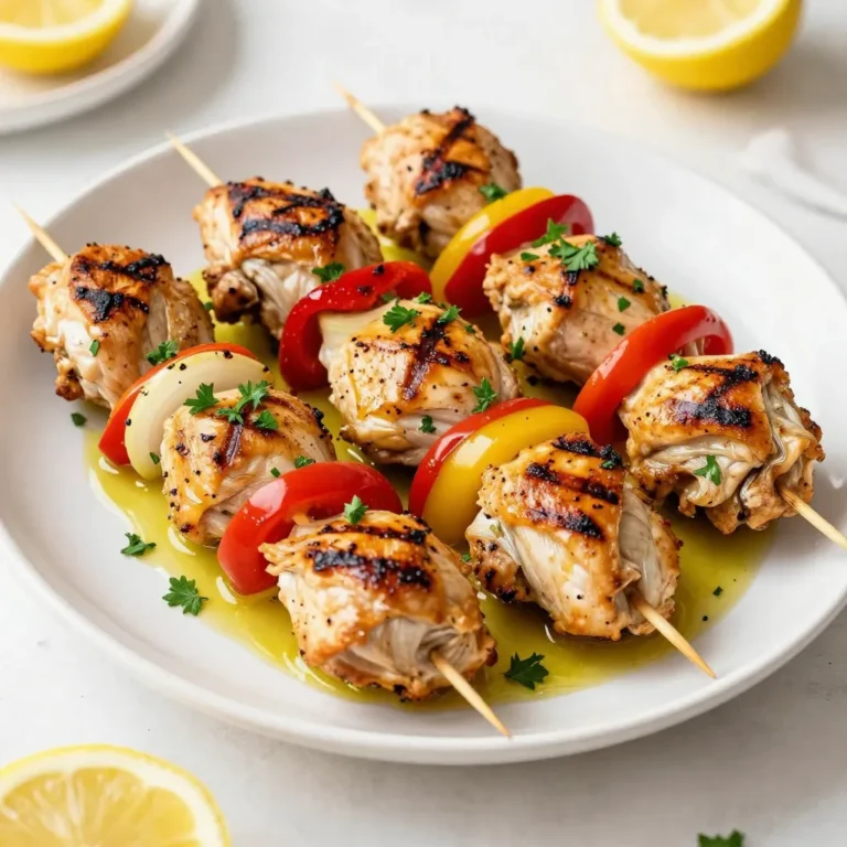 To make Greek lemon chicken kebabs, gather these main items: - 1 lb boneless, skinless chicken thighs, cut into 1-inch pieces - 3 tablespoons olive oil - Zest and juice of 2 large lemons - 3 cloves garlic, minced - 1 red bell pepper, cut into 1-inch pieces - 1 yellow bell pepper, cut into 1-inch pieces - 1 red onion, cut into wedges These ingredients will create a tasty base for your kebabs. The right spices make all the difference. You'll need: - 1 teaspoon dried oregano - 1 teaspoon ground cumin - Salt and pepper to taste These spices add depth and flavor to the chicken. Oregano brings a nice herb taste, while cumin adds warmth. Feel free to get creative. You can add: - Fresh parsley, chopped, for garnish Chopped parsley not only looks nice, but it also adds a fresh taste. You can also serve the kebabs with pita bread or a crisp Greek salad for a full meal. {{ingredient_image_1}} Start by gathering your ingredients. You need olive oil, lemon zest, lemon juice, minced garlic, oregano, cumin, salt, and pepper. In a large bowl, mix these ingredients well. The olive oil adds richness, while lemon gives it a fresh kick. Garlic adds depth, and spices bring warmth. This marinade will make your chicken super tasty. Cut your chicken thighs into 1-inch pieces. Next, add them to the bowl with the marinade. Stir well to coat every piece. Cover the bowl with plastic wrap and put it in the fridge. Let it marinate for at least one hour. If you have time, letting it sit overnight improves the flavor. While the chicken marinates, soak wooden skewers in water for about 15 minutes. This prevents burning when grilling. Preheat your grill or grill pan to medium-high heat. Thread the marinated chicken, bell peppers, and onion onto the skewers. Alternate the chicken and veggies for color and taste. Once the grill is hot, place the skewers on it. Cook for about 12 to 15 minutes. Turn them occasionally to ensure even cooking. You want beautiful grill marks and juicy chicken. When done, take them off the grill and let them rest for a few minutes. This helps the juices settle. Enjoy your delicious kebabs with a sprinkle of fresh parsley! Marinating chicken is key for flavor. Use a large bowl for mixing. Combine olive oil, lemon zest, lemon juice, garlic, oregano, cumin, salt, and pepper. Mix well to create a tasty marinade. Add chicken pieces next. Make sure each piece is well coated. Cover the bowl and chill it in the fridge. Marinate for at least 1 hour or overnight. Longer marinating gives better flavor. Get your grill hot! Preheat it to medium-high heat. This helps the chicken cook evenly. If you use a grill pan, heat it the same way. Place the kebabs on the grill carefully. Cook them for 12-15 minutes. Turn kebabs occasionally for even cooking. Look for nice grill marks and check the chicken's doneness. It should reach 165°F inside. For great kebabs, use soaked wooden skewers. Soak them in water for 15 minutes before grilling. This prevents burning. Alternate chicken, red and yellow peppers, and onion on the skewers. This mix adds color and flavor. Keep an eye on the grill. Avoid overcooking; it can dry out the chicken. Let the kebabs rest for a few minutes after grilling. Garnish with parsley for a fresh touch. Serve with pita or Greek salad for a complete meal. Pro Tips Marinate Longer for Flavor: For even more flavorful chicken, marinate the pieces overnight. The longer the chicken sits in the marinade, the more the flavors will infuse. Use Fresh Herbs: While dried oregano works well, using fresh herbs can elevate the dish. Consider adding fresh oregano or thyme for a vibrant flavor. Check Chicken Doneness: Use a meat thermometer to ensure the chicken is cooked through. The internal temperature should reach 165°F (75°C) for safe consumption. Customize Your Veggies: Feel free to mix and match vegetables based on your preference. Zucchini, mushrooms, or cherry tomatoes can also be delicious additions to your kebabs. {{image_2}} You can switch out chicken for other proteins. Try shrimp or beef cubes. Both add unique tastes. Tofu is great for a vegetarian option. You can also use firm vegetables like zucchini or mushrooms. They soak up the marinade well and grill nicely. The marinade is key to great flavor. Try adding yogurt for creaminess. You can mix in fresh herbs like dill or mint. A splash of red wine vinegar adds punch. If you want heat, add some red pepper flakes. This can spice up your kebabs. Serve these kebabs in many fun ways. Wrap them in warm pita bread for a sandwich. You can also lay them on a bed of rice. Top with a drizzle of tzatziki sauce for a cool touch. Pair with a crisp Greek salad for a full meal. To store leftover kebabs, let them cool to room temperature. Place them in an airtight container. Store them in the fridge for up to three days. If you want to keep them longer, consider freezing. To reheat the kebabs, you can use a microwave or oven. If using a microwave, place them in a microwave-safe dish. Heat for about 1-2 minutes. Check to ensure they are warm throughout. For the oven, preheat to 350°F (175°C). Place the kebabs on a baking sheet and heat for about 10-15 minutes. If you want to freeze the kebabs, wrap them tightly in plastic wrap. Then, place them in a freezer bag. Make sure to remove as much air as possible. They can last in the freezer for up to three months. To cook from frozen, thaw in the fridge overnight before reheating. Yes, you can use chicken breast. Just cut it into 1-inch pieces like the thighs. Chicken breasts are leaner, so they cook faster. This means you should check them earlier to avoid drying out. The marinade will still add great flavor to chicken breast. I recommend marinating for at least one hour. This helps the flavors soak in. For even better taste, marinate overnight. Just remember to cover the chicken well in the fridge. This keeps it fresh and tasty. Many sides go well with these kebabs. Consider serving with: - Pita bread - Greek salad - Tzatziki sauce - Roasted vegetables - Rice pilaf These sides will enhance the meal and add more flavor. Each one brings a nice balance to the dish. Enjoying them together makes for a great dining experience! Greek lemon chicken kebabs are simple and tasty. We covered the main ingredients, spices, and how to add garnishes. I shared steps for preparing the marinade, marinating the chicken, and grilling it right. You learned tips to perfect your kebabs, variations to try, and how to store leftovers. With these insights, you can create kebabs that impress. Enjoy your cooking adventure!