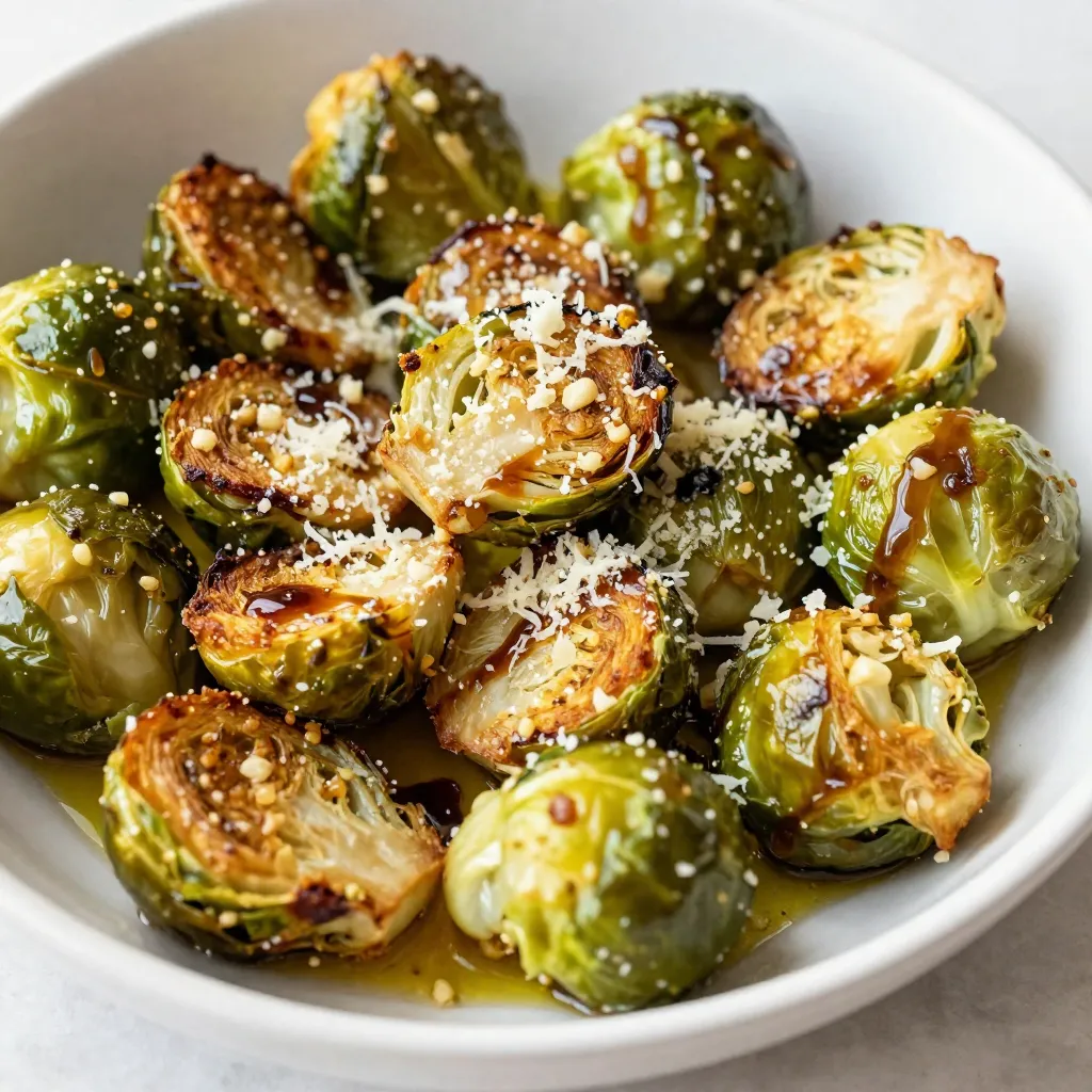 To make Garlic Parmesan Brussels Sprouts, gather these items: - 1 lb Brussels sprouts, trimmed and halved - 4 tablespoons olive oil - 4 cloves garlic, minced - 1/2 cup grated Parmesan cheese - 1 teaspoon salt - 1/2 teaspoon black pepper - 1/2 teaspoon red pepper flakes (optional) - 2 tablespoons balsamic glaze (for drizzling) For this dish, I use olive oil. It has a smooth flavor that works well. Olive oil helps the Brussels sprouts roast evenly. The garlic adds a strong taste that pairs perfectly with the cheese. Salt and pepper bring out the natural sweetness of the sprouts. If you like heat, add red pepper flakes. They give a nice kick without overpowering the dish. You can customize this recipe easily. Want a tangy touch? Try adding lemon zest. It brightens the flavors. If you prefer a different cheese, consider using feta or goat cheese. Both give a unique twist. For an extra crunch, sprinkle some toasted nuts on top. They add texture and flavor. Finally, you can drizzle balsamic glaze before serving. It adds sweetness and enhances the dish's taste. {{ingredient_image_1}} Start by preheating your oven to 400°F (200°C). This step is key to getting crispy Brussels sprouts. While the oven warms up, trim the Brussels sprouts. Cut off the stem and slice them in half. This helps them cook evenly and get that nice char. In a large bowl, combine the halved Brussels sprouts with olive oil, minced garlic, salt, black pepper, and red pepper flakes if you want spice. Toss everything together until the sprouts are well-coated. This mixture gives the sprouts a tasty flavor. Make sure each sprout gets a good amount of oil and seasoning. Spread the seasoned Brussels sprouts in a single layer on a baking sheet, cut side down. This positioning helps them roast better. Place the sheet in the oven and roast for 20 to 25 minutes. Halfway through, stir the sprouts for even cooking. When they finish, they should be tender and crispy. Right after you take them out, sprinkle grated Parmesan cheese on top. This cheese adds a rich, salty flavor. Return the baking sheet to the oven for 2 to 3 minutes. You want the cheese to melt and get slightly golden. Finally, drizzle some balsamic glaze over the sprouts for a sweet touch. Serve right away, and enjoy this delicious, flavorful side dish! To get your Brussels sprouts nice and crispy, cut them in half. This exposes more surface area to the heat. Use a good amount of olive oil to help them brown. Make sure to spread them out on the baking sheet. If they touch, they will steam instead of roast. Stir them halfway through cooking to get even crispiness. You can prep your Brussels sprouts in advance. Trim and halve them, then toss them with oil and spices. Store them in the fridge for up to 24 hours. When you are ready, simply roast them straight from the fridge. This saves time and keeps your meal on track. Serve these Brussels sprouts as a side dish with your favorite main course. They pair well with chicken, steak, or fish. Drizzle some extra balsamic glaze over them right before serving. You can also garnish with fresh herbs like parsley for a pop of color and flavor. Pro Tips Freshness Matters: Always choose Brussels sprouts that are firm and bright green for the best flavor and texture. Cut Evenly: Make sure to halve the Brussels sprouts evenly to ensure consistent cooking and browning. Don’t Skip the Glaze: The balsamic glaze adds a sweet and tangy finish that complements the savory Parmesan beautifully. Experiment with Cheese: Try using different types of cheese like Pecorino Romano or Asiago for a unique twist on flavor. {{image_2}} If you want to change the flavor, try other cheeses. Pecorino Romano adds a nice sharpness. Cheddar gives a rich and creamy taste. Feta brings a tangy twist. Experiment with your favorite cheese to find what you love best. You can cook Brussels sprouts in different ways. Air frying gives them a crispy texture with less oil. Set your air fryer to 375°F (190°C) and cook for about 15-20 minutes. Shake the basket halfway through. Grilling adds a smoky flavor. Toss the sprouts in olive oil, then grill them over medium heat for about 10-12 minutes. Both methods keep the sprouts tender inside. Want to spice things up? Add herbs like thyme or rosemary for fresh flavor. You can also toss in some bacon for a savory kick. If you like heat, sprinkle in more red pepper flakes. For a sweet touch, drizzle honey or maple syrup before serving. Adjust these flavors to match your taste. After you make Garlic Parmesan Brussels sprouts, let them cool. Place them in an airtight container. They stay fresh in the fridge for about 3 days. Make sure to store them right away for the best taste. If you see any moisture in the container, it’s best to dry it out. This helps keep the sprouts crispy. You can freeze Brussels sprouts, but they lose some texture. To freeze them, cool them first. Place them in a single layer on a baking sheet. Freeze for about an hour. After they are frozen, transfer them to a freezer bag. This way, they won’t stick together. They can last up to 3 months in the freezer. To reheat, use the oven for the best results. Preheat your oven to 375°F (190°C). Spread the Brussels sprouts on a baking sheet. Heat for about 10 minutes or until warm. This method helps keep them crispy. You can also use a skillet on medium heat. Just stir them gently until they are hot. Avoid the microwave, as it can make them soggy. To add heat, use red pepper flakes. Start with 1/2 teaspoon for mild spice. If you like it hotter, double the amount. You can also try adding fresh chopped chili peppers. Mixing in a dash of hot sauce is another tasty option. This way, you can control the spice level to suit your taste. Yes, you can use frozen Brussels sprouts. Just make sure to thaw and drain them first. Pat them dry with a towel to remove excess moisture. This helps them crisp up better in the oven. Keep in mind that frozen sprouts may take a little longer to cook. Check for tenderness and crispiness before serving. Garlic Parmesan Brussels sprouts pair great with many dishes. They go well with roasted meats like chicken or pork. They also complement fish, especially salmon. If you want a vegetarian option, serve them with quinoa or risotto. These sprouts can brighten up any meal with their rich flavor. Enjoy experimenting with your favorite dishes! This blog post explored all you need for perfect Garlic Parmesan Brussels Sprouts. We covered key ingredients, including oils and seasonings, and discussed fun variations. Step-by-step instructions guided you through each cooking phase for that crispy texture. I shared tips for meal prep and serving ideas that elevate your dish. Plus, we touched on storage and reheating to keep your sprouts fresh. With these insights, you can easily create a delicious side dish that impresses everyone. Enjoy experimenting with flavors and make this recipe your own!