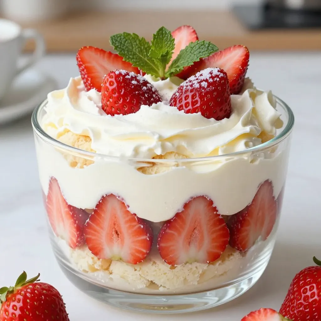 To make a delicious Strawberry Shortcake Trifle, you will need the following: - 2 cups fresh strawberries, hulled and sliced - 1/4 cup granulated sugar - 1 teaspoon vanilla extract - 1 package (8 oz) cream cheese, softened - 1 cup heavy cream - 1 cup powdered sugar - 1 teaspoon lemon juice - 1 pound sponge cake or ladyfingers, cut into cubes - Mint leaves for garnish Using fresh ingredients is key to a great trifle. Fresh strawberries bring bright flavor and sweetness. They add a juicy texture that balances the creamy layers. Fresh cream makes the dessert light and fluffy. The cream cheese should be soft, giving a smooth consistency. When you use fresh ingredients, your trifle tastes better and looks more inviting. The colors pop, making each layer stand out. This dessert is all about layers, and fresh ingredients make each one shine. Not every home has the same ingredients. Here are some easy swaps you can use: - Strawberries: Try blueberries or raspberries for a different fruit flavor. - Sponge Cake: Use store-bought pound cake if you don’t have sponge cake. - Cream Cheese: Greek yogurt can work in a pinch, but it changes the taste. - Heavy Cream: Use whipped topping if you're looking for a lighter option. - Sugar: You can use honey or maple syrup for a natural sweetness. These substitutions help you create a trifle that works for your taste and what you have on hand. Don't be afraid to get creative! {{ingredient_image_1}} Start with fresh strawberries. You need two cups. Hull and slice them. Place them in a medium bowl. Add a quarter cup of granulated sugar. Toss them together well. Let them sit for 15-20 minutes. This helps the strawberries release their sweet juices. You will see a lovely syrup form. Grab a large bowl and add one package of softened cream cheese. Use an electric mixer to beat it until smooth. Next, add one teaspoon of vanilla extract. Mix it in well. This gives the cream a rich flavor. In another bowl, pour one cup of heavy cream. Start whipping it gently. As it thickens, add one cup of powdered sugar. Also, add one teaspoon of lemon juice. Keep whipping until fluffy peaks form. This will make your cream light and airy. Now, it's time to layer! In a large trifle dish or individual cups, start with a layer of sponge cake or ladyfingers. Cut them into bite-sized cubes. Next, spoon a layer of your cream cheese mixture over the cake. Then, add a layer of your sweet strawberries. Repeat this until you reach the top. End with a thick layer of the cream cheese mix. For a nice touch, garnish with extra strawberries and mint leaves. To get the best texture, use fresh strawberries. They give a juicy burst in each bite. When you mix the cream cheese, whip it until smooth. This helps create a creamy base. For the whipped cream, whip until you see soft peaks. Don't overmix, or it will turn grainy. Gently fold the whipped cream into the cream cheese. This keeps the mixture light and airy. When you layer your trifle, start with the cake at the bottom. This holds the layers well. Use a clear trifle dish or glass cups. This lets the beautiful layers show through. Add fresh strawberries on top for a pop of color. A mint leaf adds a nice touch too. Serve it chilled for the best flavor and texture. You can also drizzle some sauce or syrup for extra flair. Avoid using overripe strawberries; they may taste mushy. Don't skip the chilling time; it helps the flavors meld. Make sure to measure your ingredients carefully. Too much cream cheese can make it heavy. If your whipped cream is too thick, it won't fold in well. Lastly, avoid overlayering; keep it balanced for easy serving. Pro Tips Perfect Strawberries: Choose ripe strawberries that are bright red and slightly firm for the best flavor and texture. Chill the Cream: For a fluffier whipped cream, chill your mixing bowl and beaters in the freezer for about 10 minutes before whipping. Layering Technique: To avoid soggy layers, allow the strawberry mixture to drain slightly before adding it to your trifle. Make Ahead: Prepare the trifle a few hours in advance and refrigerate it to let the flavors meld together beautifully. {{image_2}} You can swap strawberries with other fruits. Ripe peaches, blueberries, or raspberries work well. Each fruit brings a unique taste. For a tropical twist, try mango or pineapple. Mix and match fruits for fun flavors. Your trifle can be a new delight every time. To make this trifle gluten-free, use gluten-free sponge cake. Many brands offer great options. You can also bake your own using gluten-free flour. This way, you keep the texture light and fluffy. Your gluten-free guests will love it just as much! For a dairy-free version, use coconut cream instead of heavy cream. Chill a can of coconut milk overnight. Scoop the solid cream from the top. Whip it as you would with heavy cream. This gives your trifle a creamy texture and a slight coconut flavor. It’s a delicious twist! To keep your trifle fresh, cover it tightly with plastic wrap. Make sure it touches the surface of your trifle. This helps to stop air from drying out your dessert. If you use individual cups, seal them with lids or plastic wrap. Store the trifle in the fridge right after you finish making it. Chill your trifle for at least one hour before serving. This allows flavors to blend and the dessert to set. Serve it cold for the best taste. Use a large spoon for scooping, or serve in cups for easier handling. Always add mint leaves and fresh strawberries just before serving. This keeps them looking fresh and bright. Your trifle will stay fresh for about three days in the fridge. After that, the cake may become soggy. If you want to keep it longer, consider making the layers separately. Store the whipped cream and strawberries in separate containers. Assemble them just before you plan to serve. This way, your dessert stays light and tasty! Yes, you can make this dessert a day in advance. The flavors blend better when it sits overnight. Just cover it tightly with plastic wrap. Keep it in the fridge until ready to serve. This helps the cake soak up the strawberry juices. You will enjoy more flavor in every bite. If you want a different base, use ladyfingers or even pound cake. Both options work well in this trifle. For a gluten-free choice, opt for gluten-free cake. This way, everyone can enjoy it. Each option adds its own texture and taste. To make your trifle pop, layer the colors nicely. Use clear glass cups or dishes to show off the layers. Add fresh strawberry slices on top for color. Mint leaves also add a nice touch. A sprinkle of crushed cookies can add texture and style too. Freezing trifle is not recommended. The cream can separate and lose its texture. However, you can freeze the components separately. Freeze the strawberries and sponge cake, then assemble when ready. This keeps the trifle fresh and tasty. This article covered how to make a delicious Strawberry Shortcake Trifle. We discussed fresh ingredients, layering steps, and important tips for the best taste and look. You can try different fruits or make it gluten-free or dairy-free. For storage, keep it chilled and enjoy it fresh. Remember, each trifle layer can bring joy to your table. Enjoy creating your own tasty masterpiece!