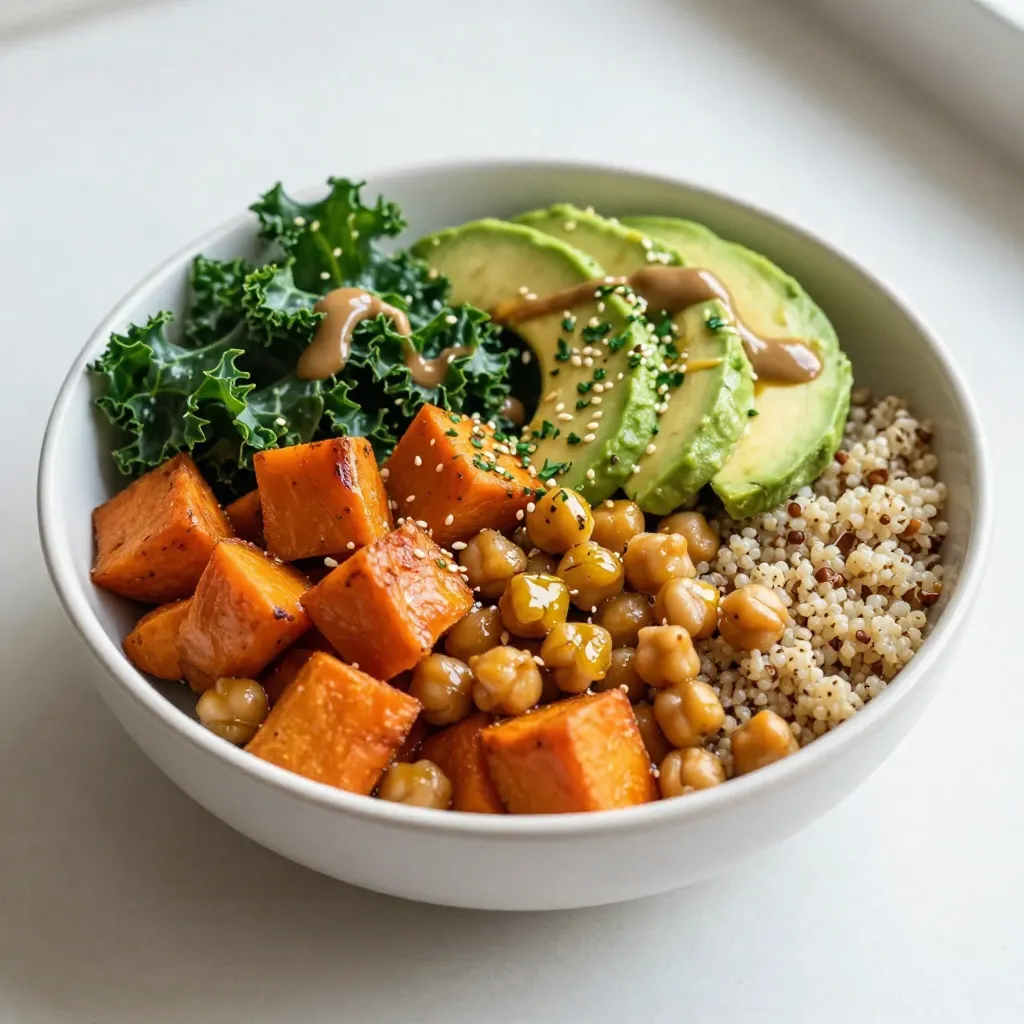 To make a Sweet Potato Chickpea Buddha Bowl, you need the following items: - 2 medium sweet potatoes, peeled and cubed - 1 can (15 oz) chickpeas, drained and rinsed - 2 tablespoons olive oil - 1 teaspoon paprika - 1 teaspoon cumin - Salt and pepper to taste - 2 cups cooked quinoa - 1 avocado, sliced - 1 cup kale, chopped - 1/4 cup tahini - 2 tablespoons lemon juice - 1 tablespoon maple syrup - 1-2 tablespoons water (to thin tahini sauce) - Sesame seeds for garnish - Fresh herbs (like cilantro or parsley) for garnish (optional) Each ingredient plays a key role in this dish. The sweet potatoes bring a natural sweetness and creaminess. Chickpeas add protein and a nice texture. Olive oil helps with roasting and adds flavor. Spices like paprika and cumin give depth to the taste. Quinoa serves as a hearty base, while avocado and kale add freshness. The tahini sauce ties everything together with its rich and nutty flavor. Finally, the garnishes add a finishing touch that looks great and tastes even better. {{ingredient_image_1}} First, set your oven to 425°F (220°C). Preheating helps cook the sweet potatoes and chickpeas evenly. This step is key for great texture. Next, peel and cube the sweet potatoes. You want them to be bite-sized. In a big mixing bowl, toss the sweet potatoes and chickpeas. Add 2 tablespoons of olive oil along with 1 teaspoon of paprika and 1 teaspoon of cumin. Don't forget to sprinkle salt and pepper. Mix well to coat everything evenly. Now, spread the sweet potatoes and chickpeas on a baking sheet. Make sure they are in a single layer; this helps them roast nicely. Place the baking sheet in your preheated oven. Roast for about 25-30 minutes. Stir them halfway through to ensure even cooking. Look for a golden color and tender texture. While the veggies roast, prepare the tahini sauce. In a small bowl, whisk together 1/4 cup of tahini, 2 tablespoons of lemon juice, and 1 tablespoon of maple syrup. Add 1-2 tablespoons of water to thin it out. Adjust the water until you reach a smooth consistency. To build your Buddha bowl, start with 2 cups of cooked quinoa as the base. Next, layer the roasted sweet potatoes and chickpeas on top. Add sliced avocado and chopped kale. Drizzle the tahini sauce over everything. Finally, sprinkle sesame seeds and fresh herbs for a lovely finish. Enjoy your colorful and nutritious meal! When picking sweet potatoes, look for ones that feel heavy and firm. They should have smooth skin without any dark spots or bruises. I recommend medium-sized sweet potatoes for this recipe. Their sweetness shines through when roasted, adding a lovely flavor to your bowl. To make a great tahini sauce, start with 1/4 cup of tahini. Mix in 2 tablespoons of lemon juice and 1 tablespoon of maple syrup. Add 1-2 tablespoons of water to thin the sauce. If it's too thick, add more water, one tablespoon at a time. You want it to be smooth and pourable, perfect for drizzling. Feel free to get creative with your Buddha bowl. You can swap chickpeas for other proteins like tofu or grilled chicken. Add different veggies like spinach or broccoli for color and crunch. Experiment with dressings too, like a zesty vinaigrette or spicy sriracha sauce. Make it your own and enjoy every bite! Pro Tips Roast Until Golden: Make sure to roast the sweet potatoes and chickpeas until they are golden brown and caramelized for the best flavor. Customize Your Greens: Feel free to substitute kale with other leafy greens like spinach or arugula based on your preference. Perfect Tahini Sauce: For a creamier tahini sauce, use warm water to thin it out, giving it a smoother texture. Meal Prep Friendly: This dish can be made ahead of time and stored in the fridge for up to 4 days, making it perfect for meal prep. {{image_2}} You can add different proteins to your Sweet Potato Chickpea Buddha Bowl. Try using tofu for a plant-based option. Simply cube and pan-fry it until golden. For a meatier choice, grilled chicken works great too. Just season it with salt and pepper before cooking. Both options boost protein and flavor. Feel free to switch up the vegetables in your bowl. Spinach adds a nice green touch. It cooks down easily and blends well with other flavors. Broccoli is another great choice. It gives a nice crunch and pairs perfectly with sweet potatoes. You can also add roasted bell peppers or zucchini for more variety. The tahini sauce is tasty, but you can try other dressings too. A lemon vinaigrette brightens the bowl with its zesty flavor. You could also use a creamy yogurt dressing for a richer taste. If you like spice, drizzle some sriracha or chili sauce for a kick. These options let you customize the bowl to your taste. To keep your Sweet Potato Chickpea Buddha Bowl fresh, place leftovers in an airtight container. Store them in the fridge for up to three days. Make sure to separate the tahini sauce if you want the toppings to stay crisp. This way, each bite remains full of flavor. You can freeze the roasted sweet potatoes and chickpeas for later use. Place them in a freezer-safe bag or container. They will stay good for up to two months. Avoid freezing the quinoa, avocado, or kale, as these do not freeze well. Thaw the mixture in the fridge before reheating. To reheat, simply use the microwave or oven. If using a microwave, heat in short bursts to avoid overcooking. For the oven, preheat to 350°F (175°C) and warm for about 15 minutes. Drizzle a bit of olive oil on top for added flavor. If you stored the tahini sauce separately, drizzle it on just before serving. This keeps everything fresh and tasty. A Buddha bowl is a colorful and healthy meal. It features a mix of grains, veggies, and protein. You can arrange it nicely in a bowl. The name comes from the round shape, like a Buddha's belly. Yes, this recipe is already vegan! All the ingredients are plant-based. Sweet potatoes, chickpeas, and quinoa make it filling. The tahini sauce adds creaminess without any animal products. To prepare quinoa, rinse it first under cold water. This removes any bitterness. Use a 2:1 water-to-quinoa ratio. Bring water to a boil, add quinoa, and reduce heat. Simmer for about 15 minutes until fluffy. Sweet potatoes are high in vitamins A and C. They also promote good digestion. Chickpeas are rich in protein and fiber, helping you feel full. Both ingredients support heart health and provide energy. This dish lasts about 3 to 5 days in the fridge. Store it in an airtight container. To keep the avocado fresh, add it just before serving. Reheat the sweet potatoes and chickpeas if desired. You’ve learned to make a delicious Buddha bowl with sweet potatoes, chickpeas, and quinoa. Each step, from roasting to assembling, ensures a tasty meal. Remember to customize your bowl with your favorite proteins and veggies. Storing leftovers properly keeps your meals fresh and ready. Enjoying this dish brings great flavor and nutrition. Dive in and explore these options. Your kitchen journey will be fun and tasty!