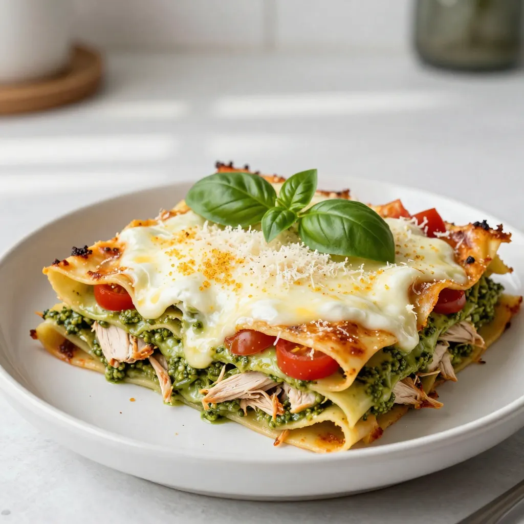 For this creamy pesto chicken lasagna, you will need the following: - 9 lasagna noodles - 2 cups cooked chicken, shredded - 1 ½ cups ricotta cheese - 2 cups shredded mozzarella cheese - 1 cup pesto sauce (store-bought or homemade) - 1 cup heavy cream - 1 cup cherry tomatoes, halved - 1 teaspoon garlic powder - ½ teaspoon salt - ½ teaspoon black pepper - ¼ cup grated Parmesan cheese - Fresh basil leaves for garnish You can easily swap some ingredients if needed: - Use whole wheat lasagna noodles for a healthier option. - Swap shredded chicken for cooked turkey or even diced vegetables for a vegetarian twist. - Substitute ricotta cheese with cottage cheese for a lighter texture. - For a dairy-free option, try using cashew cream in place of heavy cream. - If you can't find pesto, make a quick herb sauce using basil, olive oil, and nuts. This creamy pesto chicken lasagna offers a well-rounded meal. Here’s a quick look at the nutritional aspects per serving: - Calories: About 480 - Protein: 30g - Fat: 25g - Carbohydrates: 40g - Fiber: 2g - Sodium: 600mg This meal is hearty and packed with flavor, making it a delightful choice for family dinners. {{ingredient_image_1}} 1. Preheat the Oven: Start by preheating your oven to 375°F (190°C). 2. Cook the Lasagna Noodles: In a big pot, boil salted water. Add 9 lasagna noodles and cook them until they are al dente. Drain the noodles and set them aside. 3. Prepare the Creamy Mixture: In a mixing bowl, combine 1 ½ cups of ricotta cheese, 1 cup of heavy cream, 1 teaspoon of garlic powder, ½ teaspoon of salt, and ½ teaspoon of black pepper. Mix everything until it becomes smooth and creamy. 4. Combine Chicken and Pesto: In another bowl, mix 2 cups of shredded chicken with 1 cup of pesto sauce. Ensure the chicken is fully coated. 1. Layer the Bottom: In a greased 9x13 inch baking dish, spread a thin layer of the creamy mixture on the bottom. 2. First Layer of Noodles: Place 3 lasagna noodles over the creamy layer. 3. Add Chicken Mixture: Spread half of the chicken and pesto mixture over the noodles. 4. Add Creamy Mixture and Cheese: Next, add a layer of the creamy mixture, then sprinkle with 2 cups of shredded mozzarella cheese, and top with 1 cup of halved cherry tomatoes. 5. Repeat Layers: Repeat this layering process one more time. After that, top with the remaining 3 noodles. 6. Final Touches: Spread the rest of the creamy mixture on top and sprinkle with ¼ cup of grated Parmesan cheese for a golden finish. 1. Cover and Bake: Cover the lasagna with aluminum foil to keep it from browning too much. Place it in your preheated oven. 2. First Baking Phase: Bake for 25 minutes. 3. Remove Foil and Finish Baking: After 25 minutes, take off the foil. Bake for another 15-20 minutes until it is bubbly and golden brown. 4. Cool Before Serving: Allow the lasagna to sit for about 10 minutes before slicing. Garnish with fresh basil leaves for a nice touch. To cook your noodles just right, start with a big pot. Fill it with water and add salt. Bring it to a boil before adding the lasagna noodles. Cook them until they are al dente. This means they should be firm but not hard. Drain the noodles well and lay them flat. This keeps them from sticking together. For a creamy lasagna, blend the ricotta cheese and heavy cream well. This mix should be smooth without lumps. Adding garlic powder, salt, and pepper will boost the flavor. Make sure to spread this creamy mixture evenly between layers. This keeps each bite rich and delicious. To make this meal even better, think about sides. A green salad with light dressing goes well. You can also serve garlic bread for a nice crunch. If you want a drink, try a chilled white wine. This keeps your meal fresh and tasty. Pro Tips Use Fresh Pesto: For the best flavor, consider making homemade pesto with fresh basil, garlic, pine nuts, and olive oil. Mix Cheeses: Combine ricotta with a bit of cream cheese for an even creamier texture and richer flavor. Let it Rest: Allow the lasagna to sit for 10-15 minutes after baking to make slicing easier and to help the layers set. Add Vegetables: Enhance nutrition and flavor by adding sautéed spinach or zucchini between the layers. {{image_2}} If you want a meat-free dish, swap the chicken for vegetables. Use spinach, zucchini, or mushrooms. These veggies add flavor and texture. You can also use a mixture of roasted veggies for a hearty bite. For protein, try adding beans or chickpeas. They blend well with the creamy layers. You can easily change the protein in this dish. Try turkey or cooked shrimp instead of chicken. For a fun twist, use Italian sausage for a spicy kick. You can also use shredded beef for a rich taste. Each protein brings its own flavor to the lasagna. Add a twist to your lasagna with extra flavors. Mix in sun-dried tomatoes for a sweet touch. You can also add fresh herbs like thyme or oregano to boost the taste. A dash of red pepper flakes can give a nice heat. Experiment with different cheeses, like goat cheese or provolone, to create a unique taste. You can store leftover creamy pesto chicken lasagna in your fridge. Place it in an airtight container. It will stay fresh for about 3 to 5 days. Make sure to let it cool down before putting it away. This way, it won't steam and get soggy. If you want to keep it longer, freezing is a great option. Cut the lasagna into portions. Wrap each piece tightly in plastic wrap, then place it in a freezer-safe bag. It can last for up to 2 months in the freezer. When you're ready to eat, just take out a piece and let it thaw overnight in the fridge. Reheating is easy! For best results, use the oven. Preheat it to 350°F (175°C). Place a piece of lasagna in a baking dish. Cover it with foil to keep it moist. Heat for about 20 minutes or until hot all the way through. If you're in a hurry, you can use the microwave. Heat on medium power for 2 to 3 minutes. Enjoy your delicious meal again! Yes, you can make this lasagna ahead of time. Prepare it up to the baking step. Cover it with foil and refrigerate for up to 24 hours. When ready to bake, let it sit at room temperature for 30 minutes. Then, bake as directed. This helps keep it from getting too cold in the oven. If you do not have ricotta cheese, try cottage cheese. Blend it until smooth for a similar texture. Cream cheese also works well, but you may want to add a bit of milk to thin it. Greek yogurt can be a great option too, adding a nice tang. You’ll know the lasagna is done when it bubbles and the top is golden brown. A knife inserted into the center should come out hot. You can also check that the cheese is melted and slightly browned. If it looks like this, it is ready to eat! This blog post covered key steps to make lasagna, from ingredients to cooking tips. You learned how to pick the right ingredients and what to swap if needed. I shared important steps for preparing, assembling, and baking your dish. Tips for perfect noodles and creamy layers will enhance your meal. You can explore tasty variations and know how to store leftovers. Now, you can confidently create your lasagna masterpiece with these insights. Enjoy the process and delicious results!