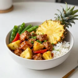 To make Pineapple Teriyaki Chicken Bowls, gather these ingredients: - 2 boneless, skinless chicken breasts, diced - 1 cup pineapple chunks (fresh or canned) - 1/4 cup low-sodium soy sauce - 2 tablespoons honey - 2 tablespoons rice vinegar - 1 tablespoon sesame oil - 1 teaspoon grated ginger - 2 cloves garlic, minced - 1 red bell pepper, thinly sliced - 1 cup snap peas - 2 green onions, sliced (for garnish) - 2 cups cooked jasmine rice or brown rice - Sesame seeds (for garnish) Using fresh, seasonal ingredients makes this dish shine. Look for ripe pineapples, as they add sweetness. When choosing chicken, select breasts that feel firm and moist. For bell peppers, pick ones that are vibrant and crisp. Fresh snap peas should be bright green and crunchy. These choices enhance flavor and nutrition. You can easily swap some ingredients. If you can't find fresh pineapple, canned works well. Use tamari instead of soy sauce for a gluten-free option. Honey can be replaced with maple syrup for a vegan twist. If you dislike garlic or ginger, leave them out. This recipe is flexible, so feel free to adjust it to your taste! {{ingredient_image_1}} To make the teriyaki sauce, grab a bowl. In the bowl, whisk together these ingredients: - 1/4 cup low-sodium soy sauce - 2 tablespoons honey - 2 tablespoons rice vinegar - 1 tablespoon sesame oil - 1 teaspoon grated ginger - 2 cloves garlic, minced Mix these until smooth. This sauce adds rich flavor and sweetness. You can taste it to check if you want more honey or soy sauce. Set this sauce aside for now. Next, heat a large skillet or wok over medium heat. Add a drizzle of oil to the pan. Once the oil is hot, add the diced chicken breasts. Cook the chicken for about 5 to 7 minutes. Stir it often. The chicken should turn golden brown and be fully cooked. Make sure it reaches an internal temperature of 165&deg;F. This step is key for juicy and tasty chicken. When the chicken is ready, it&rsquo;s time to add the veggies. Toss in the thinly sliced red bell pepper and snap peas. Stir-fry these for about 3 minutes. You want them to stay tender-crisp. After that, add in the pineapple chunks. Pour the teriyaki sauce over everything. Cook this mix for an extra 2 to 3 minutes. Stir until the sauce thickens and coats the chicken and vegetables well. The fruity taste of pineapple pairs perfectly with the savory sauce. To make a great teriyaki sauce, you need balance. Sweet, salty, and tangy flavors work together. Use low-sodium soy sauce to cut salt. Honey adds sweetness, while rice vinegar gives a nice tang. Adjust these to suit your taste. If you like it sweeter, add more honey. For a tangy kick, add more vinegar. Always taste as you mix. This will help you find the right balance. Tender chicken is key in this dish. Start with boneless, skinless chicken breasts. Dice them into even pieces for quick cooking. Heat a skillet over medium heat, and add a bit of oil. Cook the chicken for about 5-7 minutes. Look for a golden brown color. If you cook it too long, it may dry out. Use a meat thermometer; the inside should reach 165&deg;F for safety. Serve the chicken and veggies over jasmine or brown rice. This gives a nice base. You can also add a side of steamed broccoli or a fresh salad. For extra crunch, sprinkle sesame seeds on top. Garnish with sliced green onions for color and flavor. These simple touches make your meal look great and taste even better. Pro Tips Use Fresh Pineapple: Fresh pineapple adds a bright, juicy flavor that canned pineapple can't replicate. If using canned, opt for those packed in juice, not syrup. Marinate for Extra Flavor: For more depth of flavor, marinate the diced chicken in the teriyaki sauce for at least 30 minutes before cooking. Customize Your Veggies: Feel free to swap in other vegetables like broccoli, carrots, or bell peppers based on your preference or what you have on hand. Serve with a Side: Pair these bowls with a side of steamed vegetables or a light salad for a complete meal that's packed with nutrients. {{image_2}} You can swap chicken for other proteins. Tofu works well for a plant-based twist. Use firm tofu and press it to remove extra water. Cut it into cubes, then cook until golden. Shrimp is another tasty option. Simply saut&eacute; shrimp until they turn pink. Both choices pair nicely with the sweet teriyaki sauce. For a vegan version, use tofu or tempeh. Both absorb flavors well. Replace honey with maple syrup to keep it plant-based. Use rice vinegar to add tang. This way, you keep the dish flavorful and satisfying. You can also add more veggies to bulk up the meal. Feel free to mix in your favorite veggies. Broccoli, carrots, and zucchini add great flavor and color. Snap peas work well for crunch. You can also add mushrooms for an earthy taste. Just remember to cut them into bite-sized pieces. Stir-fry them until tender, just like the other veggies. After enjoying your Pineapple Teriyaki Chicken Bowls, let the leftovers cool. Transfer the chicken and rice to an airtight container. You can store the dish in the fridge for up to three days. Make sure to separate the rice from the chicken if you can. This helps keep the rice from getting too soggy. To reheat, use the microwave or stovetop. If using a microwave, place the bowl in for one to two minutes. Stir halfway to heat evenly. If using the stovetop, add a splash of water to the pan. Heat over low until warm. This keeps the chicken juicy and the rice fluffy. If you want to freeze the dish, it&rsquo;s best to freeze the chicken and sauce separately from the rice. Use freezer-safe bags or containers. The chicken can last up to three months in the freezer. When ready to eat, thaw in the fridge overnight. Reheat as mentioned above. Enjoy a quick meal anytime! You can serve Pineapple Teriyaki Chicken Bowls with several tasty sides. I love pairing them with steamed broccoli or saut&eacute;ed bok choy. These greens add color and crunch. You can also serve a fresh cucumber salad for a cool contrast. If you want more carbs, try adding some crispy egg rolls or spring rolls. They make the meal more fun and filling. Rice is a must, but you can also use quinoa for a twist. To make this dish gluten-free, choose gluten-free soy sauce. Tamari is a great option. It gives a similar taste without gluten. Ensure that all other sauces and ingredients are gluten-free as well. Always check the labels on honey and rice vinegar. This way, you can enjoy the same great flavor without any gluten. Yes, you can prepare the teriyaki sauce ahead of time. Mix all the sauce ingredients together and store them in the fridge. It stays fresh for up to a week. This makes meal prep easier. Just remember to shake it well before using. Preparing the sauce in advance saves time on busy days. Plus, it lets the flavors blend and taste even better. In this post, I shared the key ingredients and steps for making Pineapple Teriyaki Chicken Bowls. We covered fresh options and substitutions for taste. I also provided tips for cooking chicken and balancing flavors. You learned about different variations and how to store leftovers for later. Overall, this dish is flavorful and versatile. Enjoy making it your way for a tasty meal!