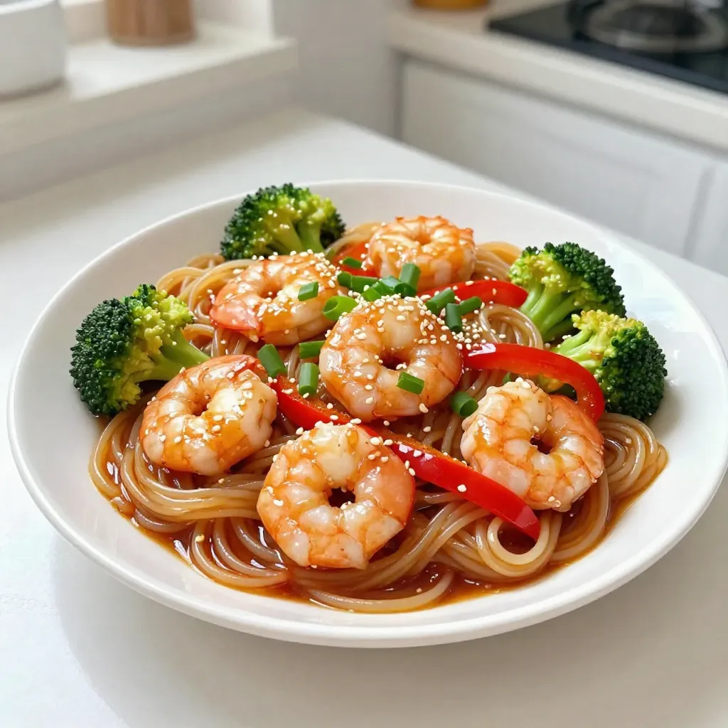 To make honey garlic shrimp noodles, gather these tasty ingredients: - 8 oz. rice noodles - 1 lb. large shrimp, peeled and deveined - 4 cloves garlic, minced - 1/4 cup honey - 1/4 cup soy sauce - 2 tablespoons sesame oil - 1 tablespoon fresh ginger, grated - 1 red bell pepper, thinly sliced - 3 green onions, chopped - 2 cups broccoli florets - Sesame seeds for garnish - Salt and pepper to taste Each item plays a key role in the dish's flavor. Rice noodles provide a soft base. Shrimp adds protein and a lovely texture. Aromatics like garlic and ginger create a fragrant backdrop. Honey and soy sauce bring sweetness and umami, making every bite delicious. The red bell pepper adds color and crunch. Broccoli brings a fresh taste and nutrition. Green onions give a pop of flavor and garnish appeal. Sesame seeds add a nutty finish, making your dish look and taste gourmet. Having all these ingredients ready will make cooking smooth and fun. You can enjoy a delightful meal in just 30 minutes! {{ingredient_image_1}} First, cook the rice noodles. Follow the package instructions closely. Once they are cooked, drain them well. Set the noodles aside for later use. This step is key for a great texture. Next, grab a large skillet or wok. Heat 2 tablespoons of sesame oil over medium-high heat. Add 4 cloves of minced garlic and 1 tablespoon of grated ginger. Sauté these for about 1-2 minutes. You want them to smell good, not burn. Now, it’s time for the shrimp. Add 1 pound of large shrimp to the skillet. Season with salt and pepper. Cook the shrimp for 2-3 minutes on each side. They should turn pink and look opaque. Once they are done, remove them from the skillet and set them aside. In the same skillet, add 1 thinly sliced red bell pepper and 2 cups of broccoli florets. Stir-fry these for about 4-5 minutes. You want them tender-crisp. They should keep some bite and color. Return the cooked shrimp to the skillet. Drizzle in 1/4 cup of honey and 1/4 cup of soy sauce. Toss everything together to coat well. Next, gently fold in the cooked rice noodles. Mix until everything is heated through, about 2-3 minutes. This is where the magic happens! To make your Honey Garlic Shrimp Noodles shine, start with salt and pepper. Adjust these to your taste. A little salt can enhance the sweetness of the honey. Always taste your dish before serving. If it feels flat, a pinch of salt can help. Garnishes add beauty and flavor. I love using chopped green onions and sesame seeds. They give a fresh look and a nice crunch. Try adding a squeeze of lime for extra zing. This small step can really brighten the dish. You can cook shrimp in many ways. Grilling or baking shrimp adds a smoky flavor. If you prefer, pan-searing works well too. Just remember, shrimp cook fast. Keep an eye on them to avoid overcooking. For stir-frying, use high heat. This helps keep your shrimp juicy. Move the ingredients quickly in the pan. A good stir-fry should take only a few minutes. Don't overcrowd the pan; work in batches if needed. If you want a change from shrimp, chicken or tofu works great. Chicken adds a different texture, while tofu is perfect for a vegetarian option. Just ensure chicken is fully cooked before serving. Feel free to swap vegetables too. Broccoli and bell pepper are great, but think about adding snap peas or carrots. Seasonal veggies make your dish look colorful and fresh. Use what you have on hand for a quick meal! Pro Tips Fresh Ingredients: Always use fresh shrimp and vegetables for the best flavor and texture in your dish. Customize Your Veggies: Feel free to add or substitute other vegetables like snap peas, carrots, or bok choy based on your preference. Perfect Noodles: Rinse the cooked rice noodles under cold water to prevent them from sticking together before adding them to the skillet. Adjust Sweetness: Taste the sauce before serving and adjust the honey or soy sauce to your desired sweetness or saltiness. {{image_2}} You can make your dish even better by adding colorful vegetables. Think red bell pepper, green broccoli, and vibrant carrots. Each vegetable adds flavor and crunch. You can also use seasonal produce. Fresh zucchini in the summer or root veggies in fall can change the taste. If you like heat, try adding chili flakes or sriracha. This gives your noodles a kick. The spice balances well with the sweet honey. You can start with a little and add more if you want more heat. This adds a nice depth to your dish. For those needing gluten-free options, use gluten-free noodles. Rice noodles are a great choice and work well here. You can also look for alternative sauces. Tamari is a good option for soy sauce. This way, you can enjoy the same great flavor without any gluten. To keep your honey garlic shrimp noodles fresh, store them in airtight containers. This step prevents air from getting in and keeps the flavors intact. You can refrigerate the noodles for up to three days. After that, they may lose quality and taste. When it's time to enjoy your leftovers, the best methods are using a skillet or microwave. If using a skillet, heat it to medium and add a splash of water. Stir the noodles gently to warm them up. In the microwave, place the noodles in a bowl and cover them with a damp paper towel. Heat for 1-2 minutes, checking to avoid overcooking. Be careful with the shrimp; they can become tough if reheated too long. Yes, you can freeze honey garlic shrimp noodles! Place them in freezer-safe containers. Make sure to leave some space for expansion. They can last in the freezer for up to three months. To reheat, let them thaw overnight in the fridge. Then, follow the reheating tips mentioned above. This way, you can enjoy a quick meal later! Yes, you can use frozen shrimp. First, thaw the shrimp before cooking. To thaw, place them in a bowl of cold water for about 15-20 minutes. Change the water halfway through to speed up the process. Once thawed, pat the shrimp dry with paper towels to remove excess moisture. This helps them cook evenly. Cook the shrimp as you would fresh shrimp. They will turn pink and opaque in just a few minutes. You can prepare this dish ahead of time. Cook the rice noodles and shrimp, then store them separately. Keep the noodles in a sealed container in the fridge for up to three days. Store the shrimp in another container. You can also chop the veggies in advance. When you're ready to eat, stir-fry the veggies, add the shrimp and noodles, and finish with the sauce. This way, you can enjoy a fresh meal quickly. Yes, you can easily adjust the sweetness. If you prefer a sweeter sauce, add more honey. If you want it less sweet, reduce the honey amount. You can also adjust the soy sauce ratio. For a well-balanced flavor, try using a 2:1 ratio of soy sauce to honey. Taste the sauce as you mix to find your perfect balance. Adjust as needed to match your taste. This blog post covered a tasty shrimp noodle dish. We looked at ingredients, step-by-step cooking, and useful tips. You can swap shrimp for chicken or tofu. Also, try spicy or gluten-free versions for more variety. In the end, cooking is about using your favorite ingredients. Don’t hesitate to experiment. Happy cooking!