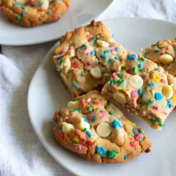 To make these fun cookie bars, gather these key ingredients: - 2 &frac12; cups all-purpose flour - 1 teaspoon baking powder - &frac12; teaspoon baking soda - &frac12; teaspoon salt - &frac34; cup unsalted butter, softened - 1 cup granulated sugar - &frac12; cup brown sugar, packed - 2 large eggs - 1 teaspoon vanilla extract - 1 teaspoon almond extract - &frac34; cup rainbow sprinkles (plus extra for topping) - 1 cup white chocolate chips These ingredients work together to create soft, chewy bars packed with flavor and color. You can customize these cookie bars for fun! Consider adding: - Chopped nuts for crunch - Different flavored extracts like coconut or lemon - Other types of chocolate chips, like dark or milk chocolate - Seasonal sprinkles to match holidays These options let you personalize the bars to your taste and mood. If you need to make changes, here are some helpful tips: - All-purpose flour can be swapped for gluten-free flour. - If you don't have brown sugar, use more granulated sugar. - For dairy-free options, choose vegan butter or coconut oil. - Replace eggs with unsweetened applesauce or flaxseed meal mixed with water. These substitutions keep the yummy taste while adapting to your needs. {{ingredient_image_1}} First, preheat your oven to 350&deg;F (175&deg;C). This step warms the oven for even baking. Next, grab your 9x13 inch baking dish. Line it with parchment paper. Leave some paper hanging over the edges. This helps you lift the bars out later. Now, take a medium bowl. Whisk together 2 &frac12; cups of all-purpose flour, 1 teaspoon of baking powder, &frac12; teaspoon of baking soda, and &frac12; teaspoon of salt. Mixing these dry ingredients helps the cookie bars rise. Set this bowl aside for now. In a large bowl, use an electric mixer to cream together &frac34; cup of softened unsalted butter, 1 cup of granulated sugar, and &frac12; cup of brown sugar. Mix on medium speed for about 3 minutes. The mixture should look light and fluffy. This adds air and makes the bars soft. Now it's time to add flavor! Crack in 2 large eggs. Pour in 1 teaspoon of vanilla extract and 1 teaspoon of almond extract. Mix until everything is well combined. Gradually add the dry flour mixture to this wet mixture. Mix on low speed until just combined. Be gentle here! Now comes the fun part! Gently fold in &frac34; cup of rainbow sprinkles and 1 cup of white chocolate chips. Use a spatula for this step. Make sure to fold carefully. You want to keep the sprinkles bright and not break them. Next, pour your cookie dough into the lined baking dish. Use a spatula to spread it evenly. This helps the cookie bars bake uniformly. Before baking, add a few extra sprinkles on top for extra color. It looks festive! Place your baking dish in the preheated oven. Bake for 20-25 minutes. To check doneness, insert a toothpick in the center. If it comes out clean, your bars are ready. The edges should look lightly golden. Once baked, let the cookie bars cool in the pan for about 10 minutes. After that, use the parchment paper to lift them out onto a wire rack. Let them cool completely. Finally, cut the bars into squares and serve. Enjoy the colorful, tasty treat! To make the best confetti sugar cookie bars, use fresh ingredients. Fresh eggs and butter make a big difference. Cream the butter and sugars well. You want a light and fluffy mixture. This step adds air, giving your bars a nice rise. Don't overmix the dough after adding the sprinkles and chocolate chips. Gently fold them in to keep the bars soft. When you serve your cookie bars, make them pop! Stack a few bars on a bright plate. Add extra rainbow sprinkles on top for a fun look. You can also use tiny cupcake liners under each bar. This adds a cute touch and makes serving easy. For a special treat, drizzle some melted chocolate over the top. It will look fancy and taste even better! Every oven is a bit different. Some run hotter or cooler than others. Keep an eye on your bars as they bake. If your oven runs hot, check them a few minutes early. If they look golden at the edges, they are likely done. Use a toothpick to test the center. If it comes out clean, your cookie bars are ready. If not, give them a couple more minutes. Pro Tips Use Room Temperature Ingredients: Make sure your butter and eggs are at room temperature for a smoother, creamier batter that incorporates air better, resulting in fluffier cookie bars. Don't Overmix: When adding the flour mixture and fold in the sprinkles and chocolate chips, mix just until combined to keep the cookie bars soft and chewy. Check for Doneness: Keep an eye on baking time; all ovens are different. Start checking at the 20-minute mark to prevent overbaking. Cool Completely: Allow the bars to cool completely before cutting them to ensure neat slices and prevent them from falling apart. {{image_2}} You can change the flavor of these cookie bars in fun ways. Swap the vanilla extract for other flavors like coconut or lemon. Each extract gives a new twist. You can also use only vanilla for a classic taste. The almond extract adds a nice touch too. Try mixing in different extracts to find your favorite. If you need to make these bars gluten-free, use a gluten-free flour blend. This works well and keeps the taste delicious. For dairy-free options, swap the butter for coconut oil or a plant-based butter. You can also use flax eggs instead of regular eggs for a vegan version. Just mix 1 tablespoon of ground flaxseed with 2.5 tablespoons of water and let it sit for 5 minutes. Make these cookie bars festive by changing the sprinkles. Use red and green for Christmas, or pastel colors for Easter. For Halloween, try orange and black sprinkles. You can also add mini chocolate candies or themed decorations on top. Each season brings a chance to create a new treat! To keep your confetti sugar cookie bars fresh, store them in an airtight container. This will help prevent them from drying out. Place a piece of parchment paper between the layers if you stack them. This way, they won&rsquo;t stick together. Keep the container in a cool, dry place. Avoid direct sunlight and heat as they can affect the texture. Freezing these cookie bars is easy and a great way to save some for later. First, let the bars cool completely. Then, cut them into squares. Wrap each square tightly in plastic wrap. Place the wrapped bars in a freezer-safe bag or container. Label it with the date to keep track. You can freeze them for up to three months. When you want to enjoy a bar, simply thaw it in the fridge overnight. When stored properly, confetti sugar cookie bars last about one week at room temperature. In the fridge, they can last up to two weeks. However, freezing them is the best way to extend their shelf life. They will taste great even after a few months in the freezer. Just remember to wrap them well! Yes, you can make these cookie bars ahead of time. Just bake them, let them cool, and store them in an airtight container. They stay fresh for about a week. You can also freeze them for longer storage. Wrap each bar tightly in plastic wrap and then place them in a freezer bag. They last up to three months in the freezer. If you want to swap white chocolate chips, try using semi-sweet chocolate chips or milk chocolate chips. You could also use butterscotch chips for a different flavor. Chopped nuts or dried fruit can add nice texture too. Be creative with your choices! To check if your cookie bars are done, look for lightly golden edges. Insert a toothpick in the center; it should come out clean or with a few crumbs. If the toothpick has wet batter on it, bake for a few more minutes. One common mistake is overmixing the dough. This can make the bars tough. Another mistake is not measuring flour correctly. Too much flour can lead to dry bars. Always spoon the flour into the measuring cup and level it off. Lastly, don&rsquo;t skip cooling them before slicing; they set better when cool. Absolutely! You can use any type of sprinkles you like. Try chocolate sprinkles for a rich twist or seasonal sprinkles for holidays. You can even mix different colors and shapes for a fun look. The choice is yours, so have fun with it! These Confetti Sugar Cookie Bars are fun and easy to make. We covered essential ingredients and measurements for perfect results. I shared step-by-step baking instructions and helpful tips for success. You can try different flavors, substitutes, and decorating ideas to make these bars your own. Remember, proper storage keeps them fresh longer. Enjoy making these tasty treats for any occasion! With a little practice, you'll impress everyone with your skills. Happy baking!