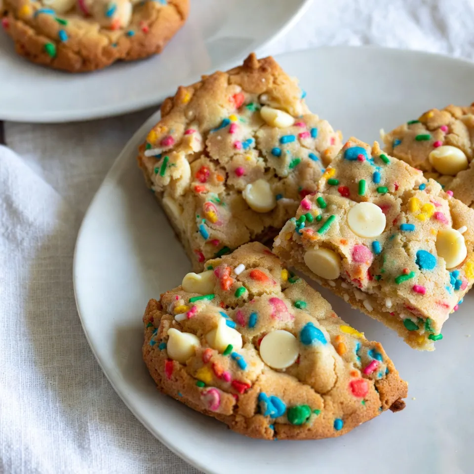 To make these fun cookie bars, gather these key ingredients: - 2 ½ cups all-purpose flour - 1 teaspoon baking powder - ½ teaspoon baking soda - ½ teaspoon salt - ¾ cup unsalted butter, softened - 1 cup granulated sugar - ½ cup brown sugar, packed - 2 large eggs - 1 teaspoon vanilla extract - 1 teaspoon almond extract - ¾ cup rainbow sprinkles (plus extra for topping) - 1 cup white chocolate chips These ingredients work together to create soft, chewy bars packed with flavor and color. You can customize these cookie bars for fun! Consider adding: - Chopped nuts for crunch - Different flavored extracts like coconut or lemon - Other types of chocolate chips, like dark or milk chocolate - Seasonal sprinkles to match holidays These options let you personalize the bars to your taste and mood. If you need to make changes, here are some helpful tips: - All-purpose flour can be swapped for gluten-free flour. - If you don't have brown sugar, use more granulated sugar. - For dairy-free options, choose vegan butter or coconut oil. - Replace eggs with unsweetened applesauce or flaxseed meal mixed with water. These substitutions keep the yummy taste while adapting to your needs. {{ingredient_image_1}} First, preheat your oven to 350°F (175°C). This step warms the oven for even baking. Next, grab your 9x13 inch baking dish. Line it with parchment paper. Leave some paper hanging over the edges. This helps you lift the bars out later. Now, take a medium bowl. Whisk together 2 ½ cups of all-purpose flour, 1 teaspoon of baking powder, ½ teaspoon of baking soda, and ½ teaspoon of salt. Mixing these dry ingredients helps the cookie bars rise. Set this bowl aside for now. In a large bowl, use an electric mixer to cream together ¾ cup of softened unsalted butter, 1 cup of granulated sugar, and ½ cup of brown sugar. Mix on medium speed for about 3 minutes. The mixture should look light and fluffy. This adds air and makes the bars soft. Now it's time to add flavor! Crack in 2 large eggs. Pour in 1 teaspoon of vanilla extract and 1 teaspoon of almond extract. Mix until everything is well combined. Gradually add the dry flour mixture to this wet mixture. Mix on low speed until just combined. Be gentle here! Now comes the fun part! Gently fold in ¾ cup of rainbow sprinkles and 1 cup of white chocolate chips. Use a spatula for this step. Make sure to fold carefully. You want to keep the sprinkles bright and not break them. Next, pour your cookie dough into the lined baking dish. Use a spatula to spread it evenly. This helps the cookie bars bake uniformly. Before baking, add a few extra sprinkles on top for extra color. It looks festive! Place your baking dish in the preheated oven. Bake for 20-25 minutes. To check doneness, insert a toothpick in the center. If it comes out clean, your bars are ready. The edges should look lightly golden. Once baked, let the cookie bars cool in the pan for about 10 minutes. After that, use the parchment paper to lift them out onto a wire rack. Let them cool completely. Finally, cut the bars into squares and serve. Enjoy the colorful, tasty treat! To make the best confetti sugar cookie bars, use fresh ingredients. Fresh eggs and butter make a big difference. Cream the butter and sugars well. You want a light and fluffy mixture. This step adds air, giving your bars a nice rise. Don't overmix the dough after adding the sprinkles and chocolate chips. Gently fold them in to keep the bars soft. When you serve your cookie bars, make them pop! Stack a few bars on a bright plate. Add extra rainbow sprinkles on top for a fun look. You can also use tiny cupcake liners under each bar. This adds a cute touch and makes serving easy. For a special treat, drizzle some melted chocolate over the top. It will look fancy and taste even better! Every oven is a bit different. Some run hotter or cooler than others. Keep an eye on your bars as they bake. If your oven runs hot, check them a few minutes early. If they look golden at the edges, they are likely done. Use a toothpick to test the center. If it comes out clean, your cookie bars are ready. If not, give them a couple more minutes. Pro Tips Use Room Temperature Ingredients: Make sure your butter and eggs are at room temperature for a smoother, creamier batter that incorporates air better, resulting in fluffier cookie bars. Don't Overmix: When adding the flour mixture and fold in the sprinkles and chocolate chips, mix just until combined to keep the cookie bars soft and chewy. Check for Doneness: Keep an eye on baking time; all ovens are different. Start checking at the 20-minute mark to prevent overbaking. Cool Completely: Allow the bars to cool completely before cutting them to ensure neat slices and prevent them from falling apart. {{image_2}} You can change the flavor of these cookie bars in fun ways. Swap the vanilla extract for other flavors like coconut or lemon. Each extract gives a new twist. You can also use only vanilla for a classic taste. The almond extract adds a nice touch too. Try mixing in different extracts to find your favorite. If you need to make these bars gluten-free, use a gluten-free flour blend. This works well and keeps the taste delicious. For dairy-free options, swap the butter for coconut oil or a plant-based butter. You can also use flax eggs instead of regular eggs for a vegan version. Just mix 1 tablespoon of ground flaxseed with 2.5 tablespoons of water and let it sit for 5 minutes. Make these cookie bars festive by changing the sprinkles. Use red and green for Christmas, or pastel colors for Easter. For Halloween, try orange and black sprinkles. You can also add mini chocolate candies or themed decorations on top. Each season brings a chance to create a new treat! To keep your confetti sugar cookie bars fresh, store them in an airtight container. This will help prevent them from drying out. Place a piece of parchment paper between the layers if you stack them. This way, they won’t stick together. Keep the container in a cool, dry place. Avoid direct sunlight and heat as they can affect the texture. Freezing these cookie bars is easy and a great way to save some for later. First, let the bars cool completely. Then, cut them into squares. Wrap each square tightly in plastic wrap. Place the wrapped bars in a freezer-safe bag or container. Label it with the date to keep track. You can freeze them for up to three months. When you want to enjoy a bar, simply thaw it in the fridge overnight. When stored properly, confetti sugar cookie bars last about one week at room temperature. In the fridge, they can last up to two weeks. However, freezing them is the best way to extend their shelf life. They will taste great even after a few months in the freezer. Just remember to wrap them well! Yes, you can make these cookie bars ahead of time. Just bake them, let them cool, and store them in an airtight container. They stay fresh for about a week. You can also freeze them for longer storage. Wrap each bar tightly in plastic wrap and then place them in a freezer bag. They last up to three months in the freezer. If you want to swap white chocolate chips, try using semi-sweet chocolate chips or milk chocolate chips. You could also use butterscotch chips for a different flavor. Chopped nuts or dried fruit can add nice texture too. Be creative with your choices! To check if your cookie bars are done, look for lightly golden edges. Insert a toothpick in the center; it should come out clean or with a few crumbs. If the toothpick has wet batter on it, bake for a few more minutes. One common mistake is overmixing the dough. This can make the bars tough. Another mistake is not measuring flour correctly. Too much flour can lead to dry bars. Always spoon the flour into the measuring cup and level it off. Lastly, don’t skip cooling them before slicing; they set better when cool. Absolutely! You can use any type of sprinkles you like. Try chocolate sprinkles for a rich twist or seasonal sprinkles for holidays. You can even mix different colors and shapes for a fun look. The choice is yours, so have fun with it! These Confetti Sugar Cookie Bars are fun and easy to make. We covered essential ingredients and measurements for perfect results. I shared step-by-step baking instructions and helpful tips for success. You can try different flavors, substitutes, and decorating ideas to make these bars your own. Remember, proper storage keeps them fresh longer. Enjoy making these tasty treats for any occasion! With a little practice, you'll impress everyone with your skills. Happy baking!