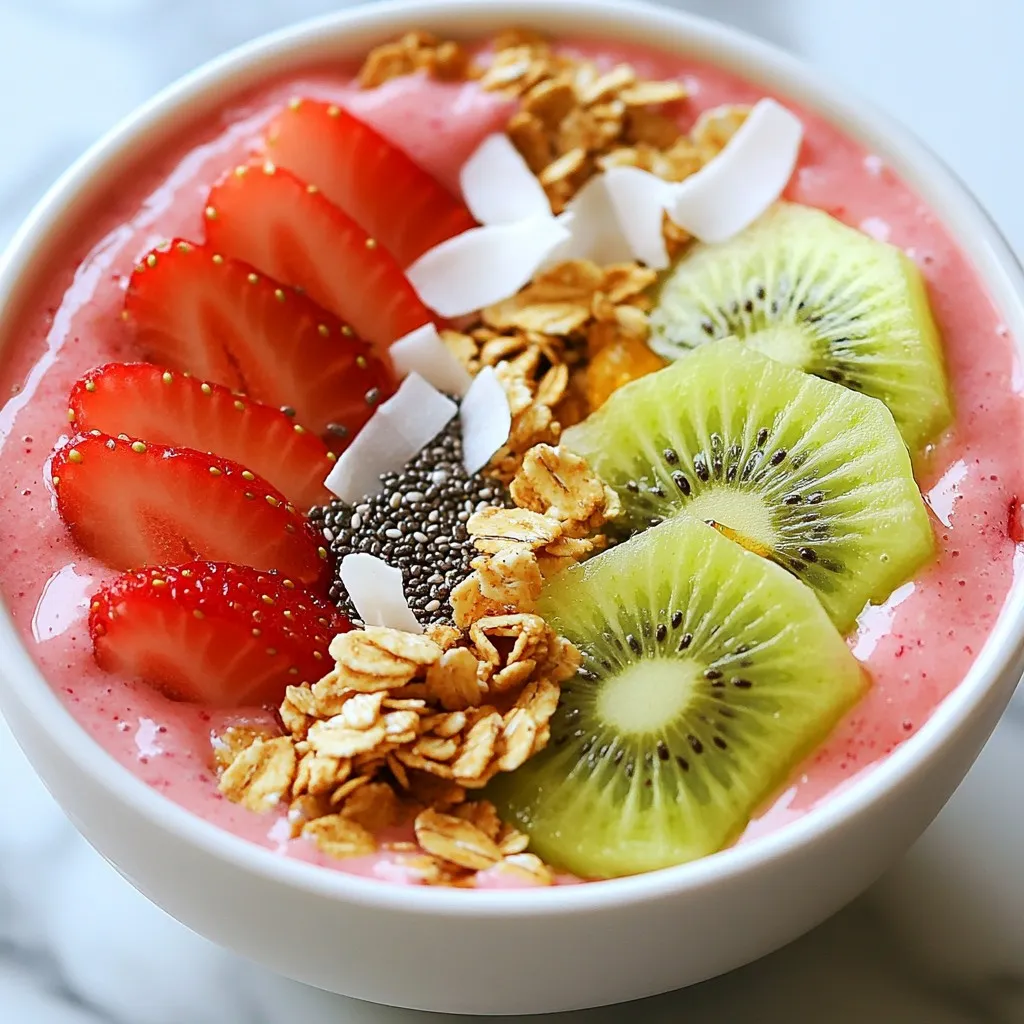 - 1 cup fresh strawberries, hulled and sliced - 2 ripe kiwis, peeled and chopped - 1 frozen banana - 1/2 cup Greek yogurt or plant-based yogurt - 1/2 cup almond milk or any milk of choice - 1 tablespoon honey or maple syrup (optional) - Suggested toppings: sliced kiwi, strawberries, granola, chia seeds, shredded coconut The Strawberry Kiwi Smoothie Bowl is packed with flavor and nutrients. Fresh strawberries and kiwis shine in this recipe. They offer a sweet and tangy taste that makes each bite a joy. The frozen banana adds creaminess and natural sweetness. You can use Greek yogurt for added protein. If you prefer a plant-based option, go for plant-based yogurt. Almond milk, or any milk you like, gives this bowl a smooth texture. For a hint of sweetness, honey or maple syrup works well. You can skip it if you want a less sweet option. The toppings make this bowl fun and colorful. Add sliced fruits, granola, chia seeds, or shredded coconut for extra crunch. This blend of ingredients makes the perfect smoothie bowl. It’s a healthy treat that everyone will love. {{ingredient_image_1}} 1. Start by hulling and slicing your fresh strawberries. Remove the green tops and slice them into thin pieces. This makes them easy to blend and eat. 2. Next, peel your ripe kiwis. After peeling, chop them into small pieces. You want them to blend well with other fruits. 3. If you haven’t done so already, freeze a banana. A frozen banana gives the smoothie a nice, creamy texture. 1. Now, it's time to blend. In your blender, combine the sliced strawberries, chopped kiwis, and frozen banana. 2. Add 1/2 cup of Greek yogurt and 1/2 cup of almond milk. If you like it sweeter, include a tablespoon of honey or maple syrup. 3. Blend everything on high speed until it’s smooth and creamy. If the mixture feels too thick, add a little more almond milk to reach your desired consistency. 1. Once blended, pour the smoothie mixture into a bowl. 2. Next, arrange your sliced kiwi and strawberries on top. Make it look pretty and colorful! 3. Finally, sprinkle granola, chia seeds, and shredded coconut over the top. This adds crunch and flavor. Enjoy your vibrant and tasty smoothie bowl! To make your smoothie bowl just right, focus on thickness. If it's too thick, add a splash more almond milk. Blend until smooth. If you have tough ingredients like kiwi, make sure to chop them small. This helps them blend better. If your smoothie bowl needs a sweet boost, try honey or maple syrup. Just one tablespoon works wonders. You can also use dates or agave syrup as natural sweeteners. They add flavor and keep it healthy. A beautiful bowl makes it even more special. Arrange sliced kiwi and strawberries on top in patterns. Use a mix of colors to make it pop. For added crunch, sprinkle granola, chia seeds, and shredded coconut evenly. This not only looks great, but it also adds different textures. Pro Tips Use Frozen Bananas: For a creamier texture, make sure your banana is fully frozen. This will enhance the smoothie bowl's consistency and chill factor. Experiment with Toppings: Feel free to mix and match your favorite toppings like nuts, seeds, or other fruits to customize your smoothie bowl to your taste. Adjust Sweetness to Taste: Depending on the ripeness of your fruits, you may or may not need the honey or maple syrup. Always taste before adding extra sweetness! Blend in Superfoods: Boost the nutritional value by adding superfoods like spinach or protein powder into your smoothie mix without changing the flavor significantly. {{image_2}} You can mix in different fruits to change the flavor of your smoothie bowl. Try adding mango, which brings sweetness. Blueberries offer a nice burst of flavor and color, too. If you want to sneak in some greens, toss in a handful of spinach. It blends well and adds nutrients without changing the taste. Using seasonal fruits boosts freshness. In summer, peaches and berries shine. In fall, think about adding apples or pears. Each fruit offers unique flavors and health benefits, so explore what’s in season near you. If you prefer a dairy-free smoothie bowl, there are great alternatives. Use non-dairy yogurt, like coconut or almond yogurt. These options keep your bowl creamy and delicious. For milk, try almond milk, oat milk, or soy milk. Each has its flavor, so choose what you enjoy most. This way, you can make your smoothie bowl fit your diet while keeping it tasty. Want to boost the nutrition? Add some protein powder to your smoothie. It makes your bowl filling and great after workouts. You can also blend in spinach for extra vitamins. The taste remains light while adding healthy benefits. For a richer flavor, try using nut butters like almond or peanut butter. They add creaminess and a unique taste. Plus, you get healthy fats and protein, making your smoothie bowl even more satisfying. To store leftover smoothie bowl mixtures, pour the extras into a sealed container. Keep it in the fridge for up to two days. It’s best to eat it fresh, but this method works if you need to save some. For toppings, store them separately in airtight containers. This keeps them fresh and crunchy. Use them within a day or two to enjoy the best texture. For meal prep, wash and chop your fruits ahead of time. You can slice strawberries and kiwis and store them in the fridge. Also, you can freeze banana slices in advance. This can save you time on busy mornings. If you want to make smoothie bowls ahead, blend the base and store it in the fridge. Just add toppings before serving for a fresh taste. To freeze smoothie bowls, pour them into freezer-safe containers. Leave some space at the top to allow for expansion. You can freeze them for up to a month. When you're ready to eat, move the bowl to the fridge overnight to thaw. For a quick thaw, you can use the microwave on low power. Just make sure to stir well before serving. Enjoy your smoothie bowl whenever you like! Yes, you can use frozen strawberries! They can make your smoothie bowl colder and thicker. Frozen fruit blends well and helps create a creamy texture. Just remember, if you use frozen strawberries, you might want to add a bit more liquid. This will help blend everything smoothly. To make your smoothie bowl thicker, try these tips: - Use less almond milk. Start with a small amount and add more if needed. - Add more frozen fruit like bananas or strawberries. - Include ingredients like oats or chia seeds. They soak up liquid and add thickness. - Blend less; stop blending when you reach your desired thickness. Toppings can make your smoothie bowl fun and tasty! Here are some great ideas: - Sliced kiwis and strawberries for freshness. - Granola for a nice crunch. - Chia seeds for extra nutrients. - Shredded coconut for a tropical twist. - Nuts or seeds for added protein. You can mix and match toppings to create your perfect bowl! This blog post covered how to make a delicious smoothie bowl. We looked at fresh produce, yogurt, and sweeteners. You learned simple steps for blending and assembling your bowl. Tips for the right consistency and presentation added flair. Variations let you mix fruits and explore dairy-free options. Finally, we shared storage and meal prep tips for convenience. Enjoy making your perfect smoothie bowl. Have fun with flavors and toppings!