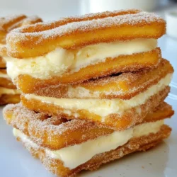 - 1 cup water - 1/2 cup unsalted butter - 1 tablespoon granulated sugar - 1/4 teaspoon salt - 1 cup all-purpose flour - 2 large eggs - 1 teaspoon vanilla extract - 1 cup sugar (for coating) - 1 tablespoon ground cinnamon - 4 cups your favorite ice cream (suggestions: vanilla, chocolate, dulce de leche) To make churro ice cream sandwiches, you need simple ingredients. First, gather the water, unsalted butter, granulated sugar, and salt. These form the base of your churro dough. Then, you will need all-purpose flour to give it structure. Next, add two large eggs for richness and a teaspoon of vanilla extract for flavor. For the sweet coating, prepare one cup of sugar and a tablespoon of ground cinnamon. This will add a lovely crunch and flavor to your churros. Finally, choose four cups of your favorite ice cream. Vanilla, chocolate, or dulce de leche work great. These ingredients create a fun and tasty treat. You can easily find them at your local store. Once you have everything, you are ready to start cooking! {{ingredient_image_1}} Start by making the churro dough. In a medium saucepan, mix 1 cup of water, 1/2 cup of unsalted butter, 1 tablespoon of granulated sugar, and 1/4 teaspoon of salt. Heat this mixture on medium until it boils. Once boiling, remove it from the heat. Now, add 1 cup of all-purpose flour. Stir quickly until the dough pulls away from the sides of the pan. Let the dough cool for about 5 minutes. Next, add 2 large eggs one at a time. Mix well after each egg. This makes the dough smooth. Finally, stir in 1 teaspoon of vanilla extract for a nice flavor. Heat about 2 inches of vegetable oil in a deep frying pan over medium heat. The oil should reach 350&deg;F (175&deg;C). Once hot, transfer your churro dough to a piping bag with a large star tip. Pipe 6-8 inch strips into the hot oil. Fry each churro for about 2-3 minutes on each side. When they turn golden brown, remove them using a slotted spoon and let them drain on paper towels. While the churros are still warm, mix together 1 cup of sugar and 1 tablespoon of ground cinnamon in a bowl. Roll the hot churros in this cinnamon sugar mixture for a sweet finish. Once the churros cool enough to handle, you can cut them in half lengthwise or leave them whole. Place a scoop of your favorite ice cream, like vanilla, chocolate, or dulce de leche, between two churro pieces. This is how you make your ice cream sandwich. Serve the churro ice cream sandwiches right after making them. For an extra treat, drizzle some chocolate or caramel sauce on top. Enjoy your delicious creation! To get the perfect churro, use the right dough consistency. Your dough should be thick but smooth. If it&rsquo;s too wet, the churros will not hold their shape. If it's too dry, they will turn out hard. When you pipe the churros, make sure you do it quickly. This helps keep the dough from drying out. Ice cream can really change the taste of your sandwich. I love using vanilla, chocolate, or dulce de leche. Vanilla pairs well with the cinnamon sugar. Chocolate brings a rich taste that feels indulgent. Dulce de leche adds a caramel-like sweetness. Feel free to mix flavors, too! To fry churros evenly, keep an eye on the oil temperature. It should be around 350&deg;F (175&deg;C). Use a thermometer for best results. Fry only a few churros at a time. This helps keep the oil hot and gives a nice golden color. Turn them halfway through to cook evenly. While cinnamon sugar is classic, you can try other coatings. Consider using crushed nuts for crunch or even sprinkles for fun. You can also add chocolate chips to the dough for a sweet surprise. Get creative with flavors like matcha or espresso in the dough. Each option makes for a unique treat! Pro Tips Use Cold Ingredients: Ensure your butter is at room temperature and your eggs are cold for optimal dough consistency. Perfect Frying Temperature: Use a thermometer to maintain the oil temperature at 350&deg;F (175&deg;C) for perfectly crispy churros. Variations on the Ice Cream: Try different ice cream flavors or even sorbet to customize your churro sandwiches. Serving Suggestions: Serve with a side of chocolate or caramel dipping sauce for an extra indulgent treat. {{image_2}} You can mix and match ice cream flavors for these sandwiches. Try classic vanilla or rich chocolate. Dulce de leche adds a sweet twist. For a fun twist, use fruity flavors like strawberry or mango. You can even try cookies and cream or mint chocolate chip. Each flavor brings a unique taste. Get creative and find your favorite combo! You can make gluten-free churros easily. Just swap all-purpose flour for a gluten-free blend. Look for a blend that includes xanthan gum for the best texture. Follow the same steps for making churros. They will still be crispy and delicious. Enjoy these treats without worry! You can make churro ice cream sandwiches fun for every season. In fall, add pumpkin spice to your ice cream. For winter, peppermint ice cream works great. In summer, try fresh fruit flavors like peach or raspberry. You can even add festive sprinkles or toppings for holidays. This way, you can celebrate all year long with tasty treats! To keep leftover churros fresh, store them in an airtight container. Place parchment paper between layers to prevent sticking. They will stay good for about 1-2 days at room temperature. If you want them to last longer, refrigerate them for up to a week. You can freeze churro ice cream sandwiches for a quick treat later. Wrap each sandwich tightly in plastic wrap. Then, place them in a freezer bag to avoid freezer burn. These sandwiches can last up to one month in the freezer. When you're ready to eat, let them sit for a few minutes to soften. For reheating churros, use an oven for the best texture. Preheat the oven to 350&deg;F (175&deg;C). Place the churros on a baking sheet and heat for about 5-10 minutes. This will make them crisp again. Avoid using a microwave, as it can make them chewy. Churro ice cream sandwiches taste best on the day you make them. The churros may get soggy if stored too long. If you must store them, keep them in an airtight container in the fridge for up to one day. Yes, you can make churro dough ahead of time. After cooking, cool the dough and place it in a sealed bag. Store it in the fridge for up to 24 hours. Just remember to bring it back to room temperature before frying. To reheat churros, use an oven. Preheat it to 350&deg;F (175&deg;C). Place churros on a baking sheet and warm them for about 5-7 minutes. This keeps them crispy. Not at all! Churros are simple to make with a few ingredients. The hardest part is frying them. Just follow the steps closely, and you&rsquo;ll have delicious churros. You can find churro ice cream sandwiches at many ice cream shops. Some restaurants also offer them as a dessert option. Check local dessert spots or food trucks for a fun treat. Absolutely! While vanilla, chocolate, and dulce de leche are great options, you can use any ice cream you like. Try strawberry, mint, or even coffee for a twist. Your taste buds will thank you! You can create tasty churro ice cream sandwiches with simple ingredients and clear steps. Start with the dough, fry the churros, and coat them well. Choosing the right ice cream can change everything. Feel free to try different flavors and use tips for better results. Store any leftovers properly to enjoy later. Making these treats is fun and perfect for sharing. Dive into your next sweet adventure today!