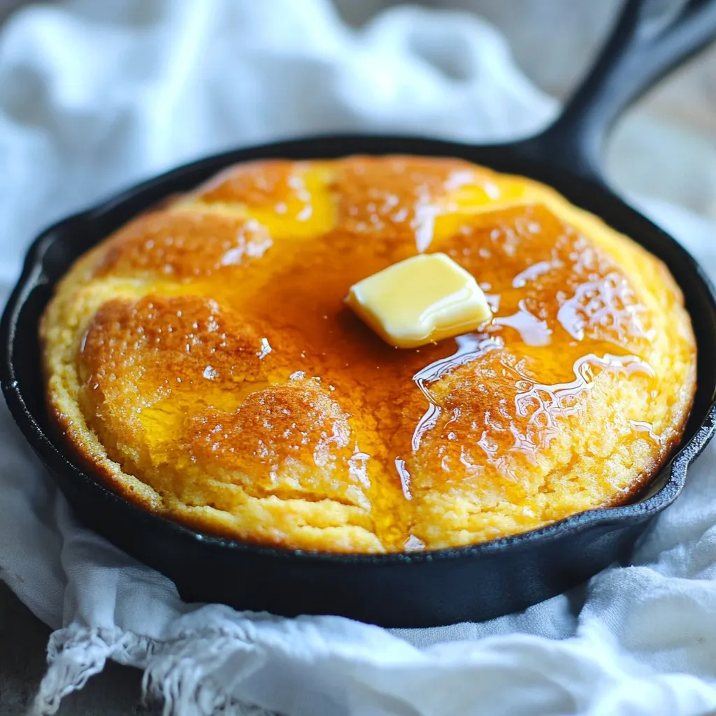 To make the Honey Butter Cornbread Skillet, gather these items: - 1 cup cornmeal - 1 cup all-purpose flour - 1 tablespoon baking powder - 1/2 teaspoon salt - 1/4 cup sugar - 1 cup buttermilk - 2 large eggs - 1/2 cup unsalted butter, melted - 1/4 cup honey - 1/2 teaspoon cinnamon (optional) - Additional butter and honey for serving You will need some important tools for this recipe: - A 10-inch cast-iron skillet - Two mixing bowls - A whisk or fork - A measuring cup and spoons - A spatula for mixing You can swap some ingredients if needed: - For buttermilk, use milk with a splash of vinegar or lemon juice. - If you need a gluten-free option, use gluten-free all-purpose flour. - You can replace honey with maple syrup for a different flavor. - For a dairy-free version, use coconut milk and dairy-free butter. {{ingredient_image_1}} 1. Preheat your oven to 400°F (200°C). Put a 10-inch cast-iron skillet inside to heat up. 2. In a large bowl, whisk together these dry ingredients: - 1 cup cornmeal - 1 cup all-purpose flour - 1 tablespoon baking powder - 1/2 teaspoon salt - 1/4 cup sugar 3. In a separate bowl, mix these wet ingredients: - 1 cup buttermilk - 2 large eggs - 1/2 cup melted unsalted butter - 1/4 cup honey - 1/2 teaspoon cinnamon (optional) 4. Pour the wet mixture into the dry mixture. Stir gently until just combined. Do not overmix. 5. Carefully take the hot skillet from the oven. Add a tablespoon of butter and swirl it around to coat the bottom and sides. 6. Pour the cornbread batter into the skillet. Spread it evenly with a spatula. 7. Bake for 20-25 minutes. The top should be golden brown. A toothpick should come out clean when inserted into the center. 8. Let the cornbread cool for a few minutes before slicing. Drizzle extra honey over the cornbread before serving. Add pats of butter on top for extra flavor. You can serve the cornbread directly in the skillet for a rustic touch. A sprinkle of fresh herbs can make it even more appealing. Enjoy your delightful comfort food with family or friends! To get soft and fluffy cornbread, mix the dry and wet ingredients gently. Overmixing makes it dense. Combine just until you see no dry flour. The key is using a hot cast-iron skillet. This helps the cornbread rise. Make sure your butter is melted but not too hot. It should blend well without cooking the eggs in your mix. If you have leftovers, let them cool completely before storing. Wrap the cornbread in plastic wrap or foil. Place it in an airtight container. It stays fresh for up to three days at room temperature. For longer storage, keep it in the fridge. Always reheat in the oven for the best taste. Want to add more flavor? Try mixing in some fresh herbs like rosemary or thyme. A pinch of cheddar cheese gives a nice twist. You can also add jalapeños for a spicy kick. If you like sweetness, toss in some berries or chocolate chips. Each option makes the cornbread unique and fun! Pro Tips Use Fresh Ingredients: Fresh cornmeal and quality honey will enhance the flavor of your cornbread significantly. Don’t Overmix: Mixing just until combined helps keep the cornbread light and fluffy. Overmixing can lead to a dense texture. Let It Cool: Allow the cornbread to cool for a few minutes before slicing to help it hold its shape better. Experiment with Mix-ins: Add jalapeños, cheese, or herbs for a unique twist on the classic cornbread flavor. {{image_2}} You can change the flavor of your cornbread easily. Adding herbs makes it unique. Try adding fresh chives or rosemary for a savory touch. If you like heat, mix in some diced jalapeños or red pepper flakes. These add a fun kick. For sweetness, consider a dash of cinnamon, as it pairs well with honey. If you need a gluten-free option, swap the all-purpose flour. Use a gluten-free flour blend instead. This blend usually works well in most recipes. You can also use almond flour for a nutty flavor. Just remember to adjust the liquid if needed, as some flours absorb more moisture. Want to make your cornbread sweeter? You can add fruit! Blueberries or diced apples can bring a juicy burst of flavor. Chocolate chips are another sweet option. They melt into the cornbread, making each bite rich and delightful. Just fold these ingredients into the batter gently, so they mix in well. To keep your honey butter cornbread fresh, store it in an airtight container. Let the cornbread cool down completely before placing it inside. If you have leftovers, it can last up to three days at room temperature. For longer storage, refrigerate it, and it will stay good for about a week. Reheating is easy. Preheat your oven to 350°F (175°C). Place the cornbread in a baking dish. Cover it with foil to keep it moist. Heat for about 10-15 minutes. You can also reheat individual slices in the microwave for 20-30 seconds. Add a little butter on top for extra taste. Freezing cornbread is a great way to save it for later. Cut the cornbread into slices, then wrap each slice in plastic wrap. Place the wrapped slices in a freezer bag. This way, they won’t stick together. You can freeze the cornbread for up to three months. To enjoy, thaw it in the fridge overnight and reheat as needed. You can use milk mixed with vinegar or lemon juice. Just add 1 tablespoon of vinegar or lemon juice to 1 cup of regular milk. Let it sit for five minutes. This will mimic the tangy taste of buttermilk. Yes, you can use any oven-safe pan. A regular baking dish works well too. Just remember to grease it well. This helps keep the cornbread from sticking. Check for a golden brown top and a clean toothpick. Insert the toothpick in the center. If it comes out clean, your cornbread is ready. It should also feel firm to the touch. You learned about essential ingredients, kitchen tools, and substitutions for cornbread. We covered simple steps for preparing, baking, and serving. Tips for texture and flavor made your cornbread even better. You discovered tasty variations and storage tips for leftovers. With these insights, you'll create a delicious cornbread every time. Enjoy experimenting and sharing your creations!