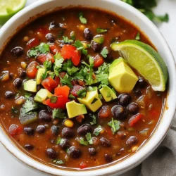 To make a tasty spicy black bean soup, you need these key ingredients: - 2 cans (15 oz each) black beans, rinsed and drained - 1 medium onion, diced - 3 cloves garlic, minced - 1 red bell pepper, diced - 1 green bell pepper, diced - 1 jalape&ntilde;o pepper, finely chopped (seeds removed for less heat) - 4 cups vegetable broth - 1 teaspoon cumin - 1 teaspoon smoked paprika - &frac12; teaspoon cayenne pepper (adjust to taste) - Salt and pepper to taste - 2 tablespoons olive oil - Juice of 1 lime These ingredients blend well to create a rich, flavorful base. Black beans add protein and fiber. The bell peppers and onion provide sweetness, while the spices bring heat and depth. Garnishing can elevate your soup. Consider these options: - Fresh cilantro, chopped - Avocado slices These garnishes add freshness and creaminess. They also make the soup look beautiful. Having the right tools makes cooking easier. For this soup, I recommend: - Large pot - Wooden spoon - Immersion blender or regular blender - Measuring spoons and cups These tools help you mix and blend the flavors smoothly. You can create a delicious and satisfying meal with just a few essentials. {{ingredient_image_1}} Start by gathering your fresh ingredients. Dice the onion, red bell pepper, and green bell pepper into small pieces. Mince the garlic cloves and chop the jalape&ntilde;o pepper. If you want less heat, make sure to remove the seeds from the jalape&ntilde;o. This step adds a nice kick without being too spicy. In a large pot, heat 2 tablespoons of olive oil over medium heat. Once the oil is hot, add the diced onion and garlic. Saut&eacute; for about 5-7 minutes until they soften and smell great. Next, toss in the red and green bell peppers along with the jalape&ntilde;o. Stir the mix well and let it cook for a few more minutes. After your vegetables are nicely softened, it&rsquo;s time to add flavor. Sprinkle in 1 teaspoon of cumin, 1 teaspoon of smoked paprika, and &frac12; teaspoon of cayenne pepper. Stir everything together and let it cook for another minute. This helps the spices release their flavors, making your soup even tastier. Next, pour in 2 cans of rinsed black beans and 4 cups of vegetable broth. Bring the soup to a gentle boil. Once it starts boiling, lower the heat and let it simmer for 15-20 minutes. This simmering time helps the flavors blend together beautifully. For a creamier soup, you can blend part of it. Use an immersion blender and blend some of the soup right in the pot. If you don&rsquo;t have one, transfer about half of the soup to a regular blender. Be careful with hot liquids! Blend until smooth, then return it to the pot. Now, add the juice of 1 lime and season with salt and pepper to taste. Stir well and check the flavors. Adjust as needed. Your soup is now ready to serve! Ladle it into bowls and garnish with chopped cilantro and avocado slices. Enjoy your warm, spicy black bean soup! To boost the flavor of your soup, always start with fresh, high-quality ingredients. Use ripe bell peppers and firm onions. Saut&eacute; these veggies well to bring out their sweetness. The secret to deep flavor lies in your spices. Always cook your cumin and smoked paprika briefly before adding liquid. This helps release their rich aromas. Don't forget to add lime juice at the end. It brightens the dish and adds a fresh touch. The spiciness of this soup can be adjusted easily. For a mild soup, remove the seeds from the jalape&ntilde;o pepper before chopping. If you love heat, add more cayenne pepper. Start with a half teaspoon and taste as you go. Remember, you can always add more spice, but it&rsquo;s hard to take it out. Keep a little lime juice handy. It helps balance the heat if your soup becomes too spicy. When serving your soup, use rustic bowls for a cozy feel. Top each bowl with fresh cilantro and creamy avocado slices. For extra richness, drizzle some olive oil or add a dollop of sour cream. Pair the soup with crusty bread for dipping. You can also serve it with a side salad for a balanced meal. A light, zesty salad works well to complement the bold flavors of the soup. Enjoy this hearty dish with friends or family for a warm gathering. Pro Tips Adjust the Heat: If you prefer a milder soup, remove the seeds from the jalape&ntilde;o and use less cayenne pepper. You can always add more heat later if desired. Fresh Ingredients: For the best flavor, use fresh garlic and spices. This can significantly enhance the overall aroma and taste of your soup. Make it Creamy: Blending part of the soup creates a creamier texture. If you like it even creamier, consider adding a bit of coconut milk or cream after blending. Garnish Creatively: Besides cilantro and avocado, try adding a dollop of Greek yogurt or a sprinkle of queso fresco for an extra layer of flavor and creaminess. {{image_2}} You can easily make this soup vegetarian or vegan. The base of black beans and veggies already fits these diets well. Just use vegetable broth as you do in the recipe. If you want added creaminess, try coconut milk instead of sour cream. This keeps the soup rich and tasty while staying true to vegan ideals. While black beans shine in this soup, feel free to switch things up. You can use pinto beans or kidney beans for a change. Each type has its unique flavor but will still work well in the soup. If you want a mix, combine different beans for a fun twist. Just make sure you rinse and drain them well before adding them to the pot. This soup is a blank canvas for your creativity. Add corn for sweetness, or diced tomatoes for a fresh bite. You can toss in chopped carrots or zucchini for extra veggies. If you love protein, try adding cooked chicken or turkey. For more heat, add more jalape&ntilde;os or sprinkle some hot sauce before serving. The options are endless, so have fun and make this soup your own! To store your spicy black bean soup, let it cool first. Pour it into an airtight container. Make sure to keep it in the fridge. It will stay fresh for about 3 to 4 days. If you want to save it for longer, freezing is a great option. To freeze the soup, use freezer-safe containers or bags. Leave some space at the top, as soup expands when frozen. Label the containers with the date. The soup can last up to 3 months in the freezer. When you are ready to eat it, just take it out and enjoy! For reheating, you can use the stovetop or microwave. If using the stovetop, heat it in a pot over medium heat. Stir it often to prevent sticking. If using the microwave, place it in a microwave-safe bowl. Heat in short bursts, stirring in between. Always check the temperature before serving. Black beans are packed with nutrients. They are high in protein and fiber. This helps you feel full and satisfied. They support digestive health and may lower cholesterol. Black beans also have antioxidants that protect your cells. They are rich in iron, which is good for your blood. Eating black beans can help keep your heart healthy too. Yes, you can use dried black beans! Just soak them overnight before cooking. After soaking, boil them for about an hour until soft. This method takes longer than canned beans but adds great flavor. You may need to adjust the broth amount. Dried beans require more liquid as they cook. This soup is already gluten-free! All the ingredients are safe for a gluten-free diet. Just check the vegetable broth to ensure it&rsquo;s gluten-free. If you want to add bread or crackers, choose gluten-free options. Enjoy this soup without worry! In this post, I covered how to make spicy black bean soup. You learned about key ingredients, helpful kitchen tools, and steps to cook it. I shared tips for perfecting flavor and adjusting heat. We explored variations to suit your taste and discussed storage options. Now, get creative with your soup. Use your favorite ingredients and enjoy a healthy meal. You can adapt this recipe to fit your needs, making it fun and unique. Happy cooking!