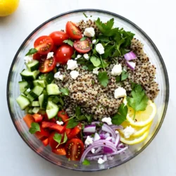 To make a tasty Lemon Herb Quinoa Salad, gather these ingredients: - 1 cup quinoa, rinsed - 2 cups vegetable broth (or water) - 1 cup cherry tomatoes, halved - 1 cucumber, diced - 1 bell pepper (any color), diced - 1/4 red onion, finely chopped - 1/4 cup fresh parsley, chopped - 1/4 cup fresh mint, chopped - 1/4 cup feta cheese, crumbled (optional) - 3 tablespoons olive oil - 2 tablespoons lemon juice - Zest of 1 lemon - Salt and pepper to taste For the best flavor, choose fresh, high-quality ingredients. Look for bright, firm vegetables. Fresh herbs should be vibrant and fragrant. Use ripe cherry tomatoes for sweetness, and pick a lemon that feels heavy for its size; this means it's juicy. Fresh feta adds a creamy touch, so opt for that if you can. You can add fun extras to your salad. Try diced avocado for creaminess. Chickpeas add protein and make it hearty. You might also like sliced olives for a salty kick. If you want more crunch, consider adding nuts or seeds. These add-ins can make your salad even more exciting! {{ingredient_image_1}} Start by rinsing 1 cup of quinoa under cold water. This step removes bitterness. In a medium pot, combine the rinsed quinoa and 2 cups of vegetable broth or water. Bring this mix to a boil over medium-high heat. After it boils, lower the heat to low. Cover the pot and let it simmer for about 15 minutes. The quinoa will absorb the liquid and become fluffy. Once done, take it off the heat and let it cool in the pot. While the quinoa cools, chop your veggies. Take 1 cup of halved cherry tomatoes and add them to a large mixing bowl. Dice 1 cucumber and 1 bell pepper, then toss them in too. Finely chop 1/4 of a red onion and add this to the bowl. Now, chop 1/4 cup of fresh parsley and 1/4 cup of fresh mint. These herbs add a bright flavor to your salad. Mix all these ingredients well to combine. For the dressing, grab a small bowl. In it, whisk together 3 tablespoons of olive oil, 2 tablespoons of lemon juice, and the zest of 1 lemon. Add salt and pepper to taste. This dressing will make your salad zesty and fresh. Fluff the cooled quinoa with a fork and add it to the bowl with the veggies. Pour the dressing over the quinoa and veggies. Gently toss everything together to coat it in the dressing. Taste and adjust the seasoning if needed. If you like, sprinkle 1/4 cup of crumbled feta cheese on top before serving. Enjoy your bright and tasty Lemon Herb Quinoa Salad! To cook fluffy quinoa, rinse it first. Rinsing removes the bitter taste. Use a medium saucepan for cooking. Combine one cup of rinsed quinoa with two cups of vegetable broth or water. Bring it to a boil over medium-high heat. Once it boils, reduce the heat to low. Cover and let it simmer for about 15 minutes. When done, the quinoa should be fluffy and all the liquid absorbed. Remove it from heat and let it cool. You can easily adjust flavors in this salad. Start with the dressing. Mix three tablespoons of olive oil, two tablespoons of lemon juice, and zest of one lemon. This mix adds a fresh taste. If you want more zing, add extra lemon juice. For a savory touch, include more salt and pepper. Fresh herbs like parsley and mint bring brightness. Don't forget to taste as you go! For serving, choose a large glass bowl. This way, the colorful ingredients shine. You can garnish it with more fresh herbs or lemon wedges. If you like cheese, sprinkle crumbled feta on top. This adds creaminess and depth. Serve this salad as a side or a light main dish. It pairs well with grilled meats or roasted veggies. Enjoy it fresh for the best taste! Pro Tips Use Fresh Ingredients: Fresh herbs and vegetables enhance the flavor and nutritional value of your salad. Chill Before Serving: Let the salad chill in the refrigerator for at least 30 minutes to allow the flavors to meld beautifully. Customize Your Greens: Feel free to add other greens like spinach or arugula for extra texture and flavor. Make It a Meal: Add grilled chicken or chickpeas to make this salad a more filling option for lunch or dinner. {{image_2}} For a tasty Mediterranean twist, add olives and artichokes. These ingredients boost flavor and texture. You can also use sun-dried tomatoes instead of fresh ones. Try swapping parsley with fresh oregano or basil for added zest. If you like, toss in cooked chickpeas for more protein. This twist makes the salad heartier and more filling. This salad is already vegan if you skip the feta cheese. Use vegetable broth to keep it gluten-free. Make sure to check labels on all ingredients. You can use quinoa, which is naturally gluten-free. For added creaminess, blend avocado into the dressing. This makes the salad rich and smooth without any dairy. Seasonal swaps keep your salad fresh and exciting. In summer, add diced zucchini and corn. In fall, try roasted sweet potatoes or butternut squash. You can also use diced apples or pears in winter for a sweet crunch. In spring, add fresh peas or asparagus for a bright touch. These swaps keep your salad vibrant and full of life all year round. Store leftover lemon herb quinoa salad in an airtight container. This keeps the salad fresh. Place it in the fridge for up to three days. If you notice any liquid, simply drain it before serving. Always give it a good stir to mix the flavors before enjoying it again. For meal prep, divide the salad into single servings. Use small containers to make it easy to grab on busy days. Keep the dressing separate until you are ready to eat. This keeps the salad crisp and fresh. You can prep the quinoa and veggies in advance. Just mix them together when you want to enjoy your meal. Freezing quinoa salad is not ideal, but you can freeze the base. Store cooked quinoa without vegetables and dressing in a freezer-safe bag. Remove as much air as possible. You can freeze it for up to three months. When ready to use, thaw it in the fridge overnight. Mix in fresh veggies and dressing after thawing for the best taste. Yes, you can use water instead of broth in this recipe. However, broth adds more flavor. If you want a tasty salad, I recommend using vegetable broth. It enhances the taste of the quinoa and vegetables. If you want to skip feta cheese, try using goat cheese or even avocado. Both options add creaminess and flavor. For a vegan choice, use tofu or nutritional yeast for a cheesy taste without dairy. This salad stays fresh for about 3 days in the fridge. To keep it fresh, store it in an airtight container. If you notice any sogginess, just give it a stir before serving. Yes, you can make this salad ahead of time. It tastes better after sitting for a few hours. Just prepare the salad and store it in the fridge. Add the dressing just before serving for the best taste. This blog post covered essential ingredients for a great quinoa salad. We explored how to prepare, mix, and dress the salad perfectly. I shared tips for cooking quinoa and adjusting flavors to fit your taste. We discussed unique variations and smart storage methods for leftovers. Remember, fresh ingredients lead to the best flavor. Feel free to get creative with your add-ins. Keep these tips in mind, and your quinoa salad will amaze everyone. Enjoy your cooking adventure!