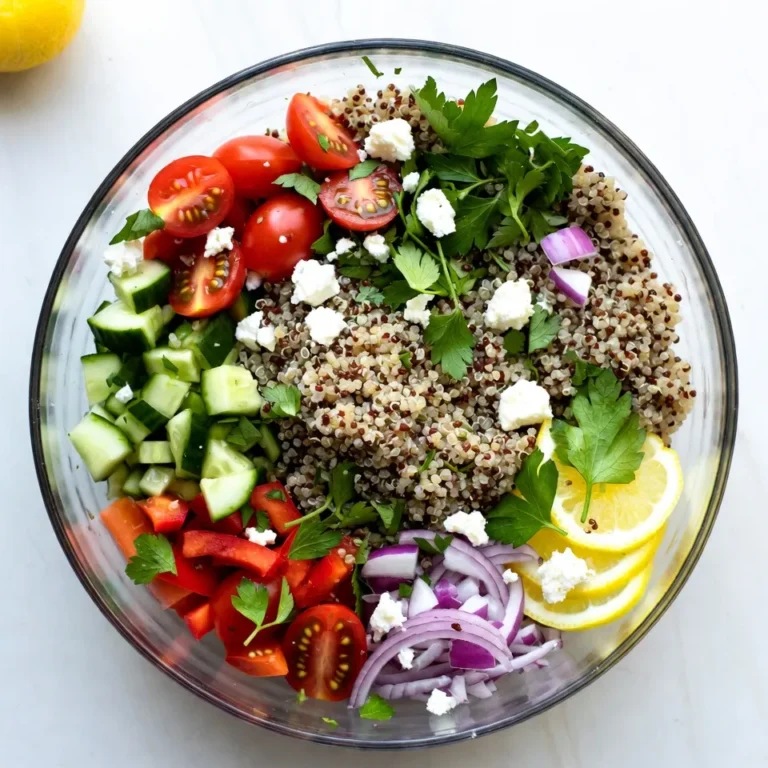 To make a tasty Lemon Herb Quinoa Salad, gather these ingredients: - 1 cup quinoa, rinsed - 2 cups vegetable broth (or water) - 1 cup cherry tomatoes, halved - 1 cucumber, diced - 1 bell pepper (any color), diced - 1/4 red onion, finely chopped - 1/4 cup fresh parsley, chopped - 1/4 cup fresh mint, chopped - 1/4 cup feta cheese, crumbled (optional) - 3 tablespoons olive oil - 2 tablespoons lemon juice - Zest of 1 lemon - Salt and pepper to taste For the best flavor, choose fresh, high-quality ingredients. Look for bright, firm vegetables. Fresh herbs should be vibrant and fragrant. Use ripe cherry tomatoes for sweetness, and pick a lemon that feels heavy for its size; this means it's juicy. Fresh feta adds a creamy touch, so opt for that if you can. You can add fun extras to your salad. Try diced avocado for creaminess. Chickpeas add protein and make it hearty. You might also like sliced olives for a salty kick. If you want more crunch, consider adding nuts or seeds. These add-ins can make your salad even more exciting! {{ingredient_image_1}} Start by rinsing 1 cup of quinoa under cold water. This step removes bitterness. In a medium pot, combine the rinsed quinoa and 2 cups of vegetable broth or water. Bring this mix to a boil over medium-high heat. After it boils, lower the heat to low. Cover the pot and let it simmer for about 15 minutes. The quinoa will absorb the liquid and become fluffy. Once done, take it off the heat and let it cool in the pot. While the quinoa cools, chop your veggies. Take 1 cup of halved cherry tomatoes and add them to a large mixing bowl. Dice 1 cucumber and 1 bell pepper, then toss them in too. Finely chop 1/4 of a red onion and add this to the bowl. Now, chop 1/4 cup of fresh parsley and 1/4 cup of fresh mint. These herbs add a bright flavor to your salad. Mix all these ingredients well to combine. For the dressing, grab a small bowl. In it, whisk together 3 tablespoons of olive oil, 2 tablespoons of lemon juice, and the zest of 1 lemon. Add salt and pepper to taste. This dressing will make your salad zesty and fresh. Fluff the cooled quinoa with a fork and add it to the bowl with the veggies. Pour the dressing over the quinoa and veggies. Gently toss everything together to coat it in the dressing. Taste and adjust the seasoning if needed. If you like, sprinkle 1/4 cup of crumbled feta cheese on top before serving. Enjoy your bright and tasty Lemon Herb Quinoa Salad! To cook fluffy quinoa, rinse it first. Rinsing removes the bitter taste. Use a medium saucepan for cooking. Combine one cup of rinsed quinoa with two cups of vegetable broth or water. Bring it to a boil over medium-high heat. Once it boils, reduce the heat to low. Cover and let it simmer for about 15 minutes. When done, the quinoa should be fluffy and all the liquid absorbed. Remove it from heat and let it cool. You can easily adjust flavors in this salad. Start with the dressing. Mix three tablespoons of olive oil, two tablespoons of lemon juice, and zest of one lemon. This mix adds a fresh taste. If you want more zing, add extra lemon juice. For a savory touch, include more salt and pepper. Fresh herbs like parsley and mint bring brightness. Don't forget to taste as you go! For serving, choose a large glass bowl. This way, the colorful ingredients shine. You can garnish it with more fresh herbs or lemon wedges. If you like cheese, sprinkle crumbled feta on top. This adds creaminess and depth. Serve this salad as a side or a light main dish. It pairs well with grilled meats or roasted veggies. Enjoy it fresh for the best taste! Pro Tips Use Fresh Ingredients: Fresh herbs and vegetables enhance the flavor and nutritional value of your salad. Chill Before Serving: Let the salad chill in the refrigerator for at least 30 minutes to allow the flavors to meld beautifully. Customize Your Greens: Feel free to add other greens like spinach or arugula for extra texture and flavor. Make It a Meal: Add grilled chicken or chickpeas to make this salad a more filling option for lunch or dinner. {{image_2}} For a tasty Mediterranean twist, add olives and artichokes. These ingredients boost flavor and texture. You can also use sun-dried tomatoes instead of fresh ones. Try swapping parsley with fresh oregano or basil for added zest. If you like, toss in cooked chickpeas for more protein. This twist makes the salad heartier and more filling. This salad is already vegan if you skip the feta cheese. Use vegetable broth to keep it gluten-free. Make sure to check labels on all ingredients. You can use quinoa, which is naturally gluten-free. For added creaminess, blend avocado into the dressing. This makes the salad rich and smooth without any dairy. Seasonal swaps keep your salad fresh and exciting. In summer, add diced zucchini and corn. In fall, try roasted sweet potatoes or butternut squash. You can also use diced apples or pears in winter for a sweet crunch. In spring, add fresh peas or asparagus for a bright touch. These swaps keep your salad vibrant and full of life all year round. Store leftover lemon herb quinoa salad in an airtight container. This keeps the salad fresh. Place it in the fridge for up to three days. If you notice any liquid, simply drain it before serving. Always give it a good stir to mix the flavors before enjoying it again. For meal prep, divide the salad into single servings. Use small containers to make it easy to grab on busy days. Keep the dressing separate until you are ready to eat. This keeps the salad crisp and fresh. You can prep the quinoa and veggies in advance. Just mix them together when you want to enjoy your meal. Freezing quinoa salad is not ideal, but you can freeze the base. Store cooked quinoa without vegetables and dressing in a freezer-safe bag. Remove as much air as possible. You can freeze it for up to three months. When ready to use, thaw it in the fridge overnight. Mix in fresh veggies and dressing after thawing for the best taste. Yes, you can use water instead of broth in this recipe. However, broth adds more flavor. If you want a tasty salad, I recommend using vegetable broth. It enhances the taste of the quinoa and vegetables. If you want to skip feta cheese, try using goat cheese or even avocado. Both options add creaminess and flavor. For a vegan choice, use tofu or nutritional yeast for a cheesy taste without dairy. This salad stays fresh for about 3 days in the fridge. To keep it fresh, store it in an airtight container. If you notice any sogginess, just give it a stir before serving. Yes, you can make this salad ahead of time. It tastes better after sitting for a few hours. Just prepare the salad and store it in the fridge. Add the dressing just before serving for the best taste. This blog post covered essential ingredients for a great quinoa salad. We explored how to prepare, mix, and dress the salad perfectly. I shared tips for cooking quinoa and adjusting flavors to fit your taste. We discussed unique variations and smart storage methods for leftovers. Remember, fresh ingredients lead to the best flavor. Feel free to get creative with your add-ins. Keep these tips in mind, and your quinoa salad will amaze everyone. Enjoy your cooking adventure!