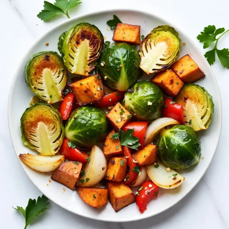 - 2 cups brussels sprouts - 1 large sweet potato - 1 red bell pepper - 1 yellow onion - 3 cloves garlic - 3 tablespoons honey - 2 tablespoons olive oil - 1 teaspoon dried thyme - Salt and pepper - Fresh parsley for garnish For this honey garlic roasted vegetables recipe, you need fresh ingredients. Start with brussels sprouts, sweet potato, bell pepper, and onion. The brussels sprouts should be halved. Cut the sweet potato into cubes. Chop the bell pepper and quarter the onion. The garlic gives a strong flavor. Use three cloves, minced well. Honey adds a sweet touch. You will need three tablespoons. For richness, use two tablespoons of olive oil. Dried thyme adds an herby note. Season with salt and pepper to taste. Finally, fresh parsley will make your dish look nice and bright. Using fresh ingredients ensures the best flavor. This dish is colorful and healthy. It’s perfect for any meal. You can even serve it as a side dish for dinner. {{ingredient_image_1}} First, preheat your oven to 425°F (220°C). This high heat helps the veggies get nice and crispy. Next, line a large baking sheet with parchment paper. This makes cleanup easy and helps the veggies roast evenly. In a large mixing bowl, combine the halved brussels sprouts, cubed sweet potato, chopped red bell pepper, and quartered onion. Make sure to mix them well. This way, every veggie gets coated with flavor later on. Now, let’s make the honey garlic sauce. In a small bowl, whisk together three cloves of minced garlic, three tablespoons of honey, and two tablespoons of olive oil. Add one teaspoon of dried thyme, salt, and pepper to taste. Mix until it’s all combined. This sauce will add a sweet and savory punch to your roasted vegetables. Pour the honey garlic mixture over the veggies in the bowl. Toss the vegetables well until they are evenly coated with the sauce. Spread the coated veggies out in a single layer on your prepared baking sheet. Roast the vegetables in the preheated oven for about 25-30 minutes. Stir them halfway through cooking. This helps them cook evenly and caramelize nicely. Once they are tender and golden, take them out and let them cool slightly. Enjoy the wonderful aroma filling your kitchen! Roasting vegetables can be simple and fun. Here are some tips to help you succeed: - Choose Fresh Veggies: Start with fresh brussels sprouts, sweet potatoes, bell peppers, and onions. Fresh produce tastes best. - Cut Evenly: Make sure all your veggies are cut to the same size. This helps them cook evenly. - Use Parchment Paper: Lining your baking sheet with parchment paper makes cleanup easier and helps prevent sticking. - Toss Well: After adding the honey garlic sauce, toss the veggies well. This ensures every bite is full of flavor. - Stir Midway: Stir the veggies halfway through cooking. This helps them roast evenly and prevents burning. Presentation can make your dish shine. Here are some ideas: - Use a Platter: Serve the roasted veggies on a large platter. This allows guests to see the colorful mix. - Drizzle Sauce: Pour any leftover honey garlic sauce over the veggies. This adds extra flavor and makes it more appealing. - Garnish with Parsley: Sprinkle fresh parsley on top for a pop of color. It also adds a fresh taste. - Pair with Proteins: These veggies work well with grilled chicken, fish, or tofu. Serve them alongside your favorite protein for a complete meal. - Add a Grain: Consider serving these veggies with rice or quinoa. This brings more texture and nutrition to your plate. Pro Tips Use Fresh Vegetables: For the best flavor and texture, use fresh, seasonal vegetables. This enhances the overall taste of the dish. Adjust Sweetness: Feel free to adjust the amount of honey based on your preference for sweetness. You can also substitute with maple syrup for a different flavor. Mix and Match: Experiment with different vegetables such as carrots, zucchini, or cauliflower based on what you have on hand or your personal taste. Store Leftovers Properly: If you have leftovers, store them in an airtight container in the refrigerator for up to 3 days. Reheat in the oven for the best texture. {{image_2}} If you want to switch things up, try different veggies. Instead of brussels sprouts, use broccoli or cauliflower. Carrots or zucchini can add color and taste, too. You can also swap the sweet potato for butternut squash for a sweet twist. When it comes to sweeteners, honey is great, but maple syrup works well, too. Agave nectar or brown sugar can add a unique flavor. Just remember to adjust the amount, as some sweeteners are sweeter than honey. To make your dish pop, consider adding spices. A pinch of cayenne pepper can add heat. Smoked paprika gives a nice, deep flavor. You can also use fresh herbs like rosemary or basil for a fragrant touch. Adding nuts or seeds can give your vegetables a nice crunch. Try tossing in some toasted almonds or sunflower seeds. They add texture and make the dish more filling. You can also sprinkle some sesame seeds before serving for extra flavor and flair. To store your honey garlic roasted vegetables, let them cool first. Place them in an airtight container. Make sure to cover the container tightly. This keeps the veggies fresh and tasty. In the fridge, they can last for about 3 to 5 days. If you want to keep them longer, consider freezing. Just make sure to use a freezer-safe container. When you are ready to enjoy the leftovers, reheating them is easy. The best way is to use the oven. Preheat your oven to 350°F (175°C). Spread the vegetables on a baking sheet. Heat for about 10-15 minutes until they are warm. You can also use a microwave if you're in a hurry. Place them in a microwave-safe dish and cover. Heat for 1-2 minutes, stirring halfway. This method works well, but the oven gives better texture. Honey garlic roasted vegetables can last for about 3 to 5 days in the fridge. Make sure to store them in an airtight container. This keeps them fresh and tasty. If you want to enjoy them later, let them cool first before putting them away. Yes, you can use fresh garlic instead of minced. Just chop the fresh garlic into small pieces. Fresh garlic has a strong flavor. You may want to adjust the amount to suit your taste. Usually, one clove of fresh garlic is about one teaspoon of minced. You can use many different vegetables in this recipe. Some great choices include carrots, zucchini, and cauliflower. These vegetables roast well and soak up the honey garlic flavor nicely. Feel free to mix and match based on what you have at home or what is in season. This blog post covered a tasty recipe for honey garlic roasted vegetables. We listed all the ingredients, provided step-by-step instructions, and shared valuable tips. Each part helps you create a delicious dish that is fun to make and share. Remember to play with different veggies and flavors to make it your own. Enjoy your cooking journey and savor every bite!