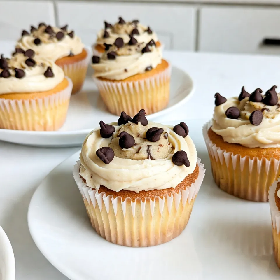 To make the base of these cupcakes, you will need: - 1 cup all-purpose flour - 1/2 teaspoon baking soda - 1/4 teaspoon salt - 1/2 cup unsalted butter, softened - 1/2 cup brown sugar, packed - 1/4 cup granulated sugar - 1 large egg - 1 teaspoon vanilla extract - 1 cup semi-sweet chocolate chips These ingredients create a soft and rich cupcake. The butter gives moisture, while the sugars add sweetness. The chocolate chips ensure every bite is a treat. For the cookie dough filling, gather: - 3/4 cup mini chocolate chips - 1/4 cup all-purpose flour - 2 tablespoons milk - 2 tablespoons unsalted butter, softened - 2 tablespoons brown sugar - Pinch of salt This filling adds a fun surprise inside the cupcake. The mini chocolate chips give a nice crunch. The flour and butter create that classic cookie dough texture. To top off your cupcakes, you'll need: - 1/2 cup icing sugar - 2 tablespoons unsalted butter - 1 tablespoon milk - 1/4 teaspoon vanilla extract This frosting is creamy and sweet. It balances the rich flavors of the cupcake and filling. Use it generously for a delightful finish. {{ingredient_image_1}} First, preheat your oven to 350°F (175°C). This step is key for baking. Then, line a standard muffin tin with cupcake liners. This keeps your cupcakes from sticking. In a medium bowl, whisk together 1 cup of all-purpose flour, 1/2 teaspoon baking soda, and 1/4 teaspoon salt. Set this bowl aside. In a large mixing bowl, cream together 1/2 cup softened unsalted butter, 1/2 cup packed brown sugar, and 1/4 cup granulated sugar. Mix until the blend is light and fluffy. Next, beat in 1 large egg and 1 teaspoon vanilla extract. Mix until everything is well combined. Gradually add the flour mixture to this wet mixture, mixing until just combined. Finally, fold in 1 cup of semi-sweet chocolate chips. Now, divide the dough evenly into the cupcake liners. Fill each liner about two-thirds full. Bake in the preheated oven for 18 to 20 minutes. Check for doneness by inserting a toothpick into the center. If it comes out clean, they are done. Let them cool completely. While the cupcakes cool, prepare the cookie dough filling. In a bowl, mix together 2 tablespoons softened butter, 2 tablespoons brown sugar, 1/4 cup all-purpose flour, and a pinch of salt. Stir until creamy. Gradually add in 2 tablespoons of milk to reach the desired consistency. Fold in 3/4 cup mini chocolate chips. Once the cupcakes are cool, use a small knife or cupcake corer to remove the center of each. Fill the holes with your cookie dough filling. For the frosting, beat together 2 tablespoons unsalted butter, 1/2 cup icing sugar, 1 tablespoon milk, and 1/4 teaspoon vanilla extract until smooth and creamy. Frost the tops of the cupcakes generously. For a fun touch, you can add more mini chocolate chips or small dollops of cookie dough on top. Enjoy your delightful treat! To make soft cupcakes, start with room temperature butter. This helps create a light mix. Cream the butter with sugars until fluffy. This step adds air, making cupcakes tender. Do not overmix the batter after adding flour. Just mix until you see no dry flour. Fill each liner about two-thirds full. This allows room for rising. For a creamy cookie dough filling, use softened butter. Combine it with brown sugar and a pinch of salt in a bowl. Mix until smooth and creamy. Add flour slowly, then add milk. You want a thick but spreadable dough. Finally, fold in mini chocolate chips for that classic cookie taste. To make a smooth frosting, start with softened butter. Beat it well before adding icing sugar. Add milk in small amounts to reach the right texture. If the frosting is too thick, add more milk. If it’s too runny, add more icing sugar. A smooth frosting makes your cupcakes look great and taste even better! Pro Tips Use Room Temperature Ingredients: Make sure your butter and eggs are at room temperature for better emulsification, leading to a fluffier cupcake. Don’t Overmix the Batter: Mix just until the ingredients are combined to avoid dense cupcakes. A few lumps are okay! Cool Completely Before Filling: Allow the cupcakes to cool completely before filling with cookie dough to prevent it from melting into the cupcakes. Experiment with Toppings: Get creative with your frosting by adding different toppings like sprinkles, crushed cookies, or caramel drizzle for extra flavor and visual appeal. {{image_2}} You can change the chocolate chips in your cupcakes. Use dark chocolate chips for a richer taste. Milk chocolate chips can add extra sweetness. If you want a twist, try white chocolate chips. You can also mix different types of chips for fun flavors. Mini chocolate chips work great in the cookie dough filling. While the classic frosting is delicious, you can try other options. Cream cheese frosting adds a tangy flavor. Whipped cream frosting is light and fluffy. For a fun twist, use peanut butter frosting for a nutty taste. You can also add cocoa powder to the frosting for a chocolatey kick. Add some extra flavors to your cupcakes for fun. A dash of cinnamon gives warmth and spice. You can also mix in a little coffee to enhance the chocolate taste. For a fruity touch, add some orange or lemon zest. If you want a nutty crunch, fold in chopped nuts or toffee bits. Each of these options can make your cupcakes unique and exciting. To keep your cupcakes fresh, store them in an airtight container. This method prevents them from drying out. You can place a piece of parchment paper between the cupcakes to avoid sticking. Store them at room temperature for up to three days. If you want to keep them longer, consider freezing. Freezing cupcakes is a smart option for later enjoyment. First, let them cool completely after baking. Wrap each cupcake in plastic wrap and then in aluminum foil. This double-wrapping prevents freezer burn. You can freeze them for up to three months. When ready to eat, let them thaw in the fridge overnight. To maintain freshness, avoid adding frosting until you are ready to eat. Frosting can trap moisture and make cupcakes soggy. If you have leftover frosting, store it in an airtight container in the fridge. It can last for about a week. Re-whip the frosting before using it again to restore its texture. Yes, you can make these cupcakes gluten-free. Use a gluten-free flour blend instead of all-purpose flour. Many blends work well for baking, but check that they contain xanthan gum for better texture. To prevent sinking, do not overmix the batter. Mix until just combined. Also, make sure your baking powder is fresh. Fill the liners two-thirds full to allow room for rising. You can use applesauce or mashed bananas as an egg substitute. Use 1/4 cup of either for each egg. This keeps the cupcakes moist and adds a hint of flavor. Absolutely! These cupcakes are fun and visually appealing. They combine a classic cookie flavor with a twist. They are a hit with both kids and adults. You now know how to make delicious cupcakes with cookie dough filling. We covered essential ingredients and easy steps to bake. Tips ensure your cupcakes stay soft and tasty. Explore fun variations for unique flavors and see how to store them for later. Baking can be simple and fun with the right recipes. Experiment and enjoy your sweet treats!