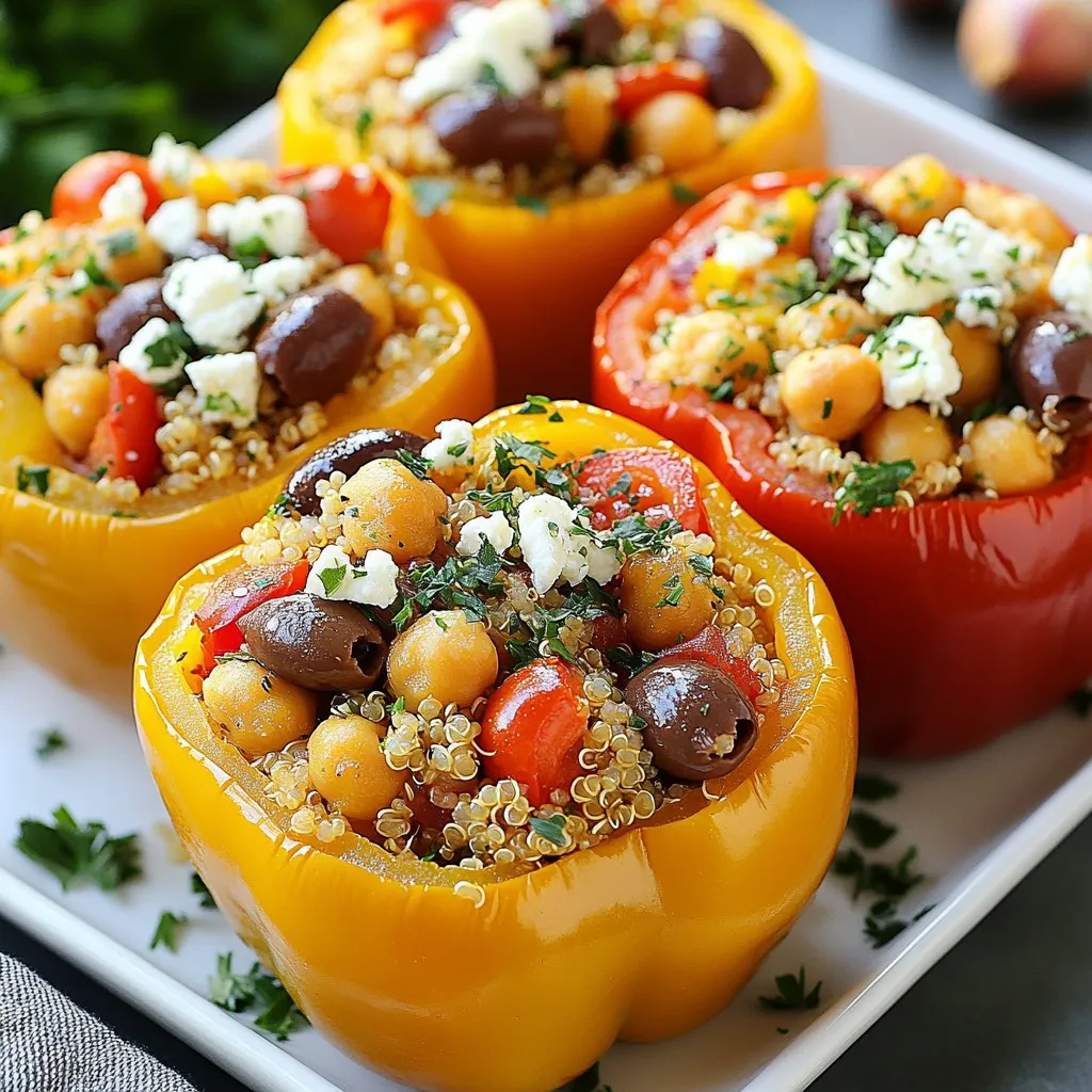 To make Mediterranean stuffed peppers, gather these simple ingredients: - 4 large bell peppers (any color) - 1 cup quinoa, rinsed - 2 cups vegetable broth - 1 cup canned chickpeas, rinsed and drained - 1 small red onion, finely chopped - 2 cloves garlic, minced - 1 cup cherry tomatoes, halved - ½ cup Kalamata olives, sliced - 1 teaspoon dried oregano - 1 teaspoon ground cumin - ½ teaspoon salt - ½ teaspoon black pepper - ½ cup feta cheese, crumbled - Fresh parsley, chopped (for garnish) You can swap ingredients based on your taste or what you have. Here are some ideas: - Quinoa: Use rice or couscous instead. - Chickpeas: Black beans or lentils work well. - Kalamata olives: Use green olives or skip them if you prefer. - Feta cheese: Try goat cheese or omit it for a dairy-free dish. - Vegetable broth: Water can replace broth, but it may lack flavor. Fresh ingredients make a big difference. Here’s how to pick the best: - Bell Peppers: Look for firm, shiny skin. Avoid any soft spots or wrinkles. - Cherry Tomatoes: Choose vibrant, plump tomatoes with no blemishes. - Onion: Pick onions that feel heavy for their size and have dry, papery skin. - Garlic: Look for firm bulbs with no sprouts. Fresh garlic has a strong scent. - Olives: Choose olives packed in brine for the best taste. With these tips, you’ll create a tasty dish that shines with fresh flavors. {{ingredient_image_1}} First, grab your bell peppers. You can use any color you like. Slice the tops off each pepper. Make sure to remove the seeds and membranes inside. This helps the filling fit well. Lightly brush the outside of the peppers with olive oil. This adds flavor and helps them roast nicely. Place the peppers upright in a baking dish. They are now ready for the stuffing! Next, let’s cook the quinoa. In a medium saucepan, bring the vegetable broth to a boil. Once it’s bubbling, add the rinsed quinoa. Reduce the heat to low and cover the pot. Let it simmer for about 15 minutes. This allows the quinoa to soak up the broth. When the liquid disappears, fluff it with a fork. Set it aside to cool. Now, we’ll sauté the vegetables. Heat a splash of olive oil in a skillet over medium heat. Add the chopped red onion and minced garlic. Sauté them for about 3 to 4 minutes. You want them to soften and smell great. Next, toss in the halved cherry tomatoes, chickpeas, and olives. Don’t forget the oregano, cumin, salt, and pepper! Cook this mix for another 3 to 4 minutes until everything is warm. This blend of flavors is key to our dish. To bake stuffed peppers just right, start with the right oven temp. Preheat your oven to 375°F (190°C). This temp helps the peppers cook evenly. Make sure to cover the baking dish with foil for the first part of baking. This keeps moisture in and helps the peppers soften. After 25 minutes, remove the foil. Let the tops get a bit golden. Bake for another 10-15 minutes. You want them tender and slightly charred. One common mistake is not cooking the quinoa fully. Make sure the quinoa is fluffy before mixing it with the veggies. Another mistake is overstuffing the peppers. Pack the filling lightly so it doesn't burst. Also, don’t forget to season! Salt and pepper are key to bringing out flavor. Lastly, remember to let the peppers cool a bit before serving. This helps the flavors settle. When serving, a bright platter makes your dish pop. Drizzle some olive oil over the peppers for shine. Top with fresh parsley for a nice touch. You can also pair them with a simple salad or crusty bread. This adds a nice crunch and balances the meal. For extra flavor, serve with a lemon wedge. A squeeze of lemon brightens the dish! Pro Tips Choose Colorful Peppers: Using a mix of red, yellow, and green bell peppers not only adds visual appeal but also enhances the flavor profile of your dish. Cook Quinoa Perfectly: Rinse quinoa thoroughly before cooking to remove its natural bitterness. Cooking it in vegetable broth instead of water adds extra flavor. Feta Cheese Alternatives: If you're looking for a dairy-free option, try using crumbled tofu or a vegan feta substitute to maintain creaminess without dairy. Make Ahead: These stuffed peppers can be prepared in advance. Assemble them, cover tightly, and refrigerate until ready to bake for a quick weeknight meal. {{image_2}} You can easily make this recipe vegetarian or vegan. To do this, just skip the feta cheese. You can add a handful of nuts or seeds for a tasty crunch. Try sunflower seeds or pine nuts for added texture. For a vegan version, use vegetable broth and keep all other ingredients as is. They taste great and still look good on the plate! Feel free to switch up the filling. You can use brown rice or couscous instead of quinoa. If you want a protein boost, add lentils or black beans. For a twist, mix in roasted vegetables like zucchini or eggplant. Each change brings a new flavor and texture. You can even make a Mediterranean-style filling with spinach and artichokes. Want to add some heat? You can include red pepper flakes to the mix. Start with a small pinch, then add more if you like it spicier. You can also use fresh jalapeños for a fresh kick. If you prefer mild flavors, simply skip the spicy additions. The key is to make it fit your taste! To keep your leftover stuffed peppers fresh, let them cool first. Place them in an airtight container. You can store them in the fridge for up to three days. Layer the peppers carefully so they do not get squished. Remember to separate them with parchment paper if needed. This keeps the flavors intact. When you’re ready to enjoy the leftovers, reheating is simple. You can use the oven or microwave. For the oven, preheat it to 350°F (175°C). Place the peppers in a baking dish and cover with foil. Bake for about 15 to 20 minutes. If using a microwave, put a pepper on a plate. Heat it for one to two minutes. Always check if it’s warm inside before eating. Freezing stuffed peppers is a great way to save them. First, let the peppers cool down completely. Wrap each pepper in plastic wrap and place them in a freezer bag. Squeeze out the air to avoid freezer burn. You can freeze them for up to three months. When you’re ready to eat, thaw them in the fridge overnight. Then, reheat as mentioned above. Enjoy your delicious stuffed peppers later! Yes, you can make Mediterranean stuffed peppers ahead of time. Prepare the filling and stuff the peppers. Store them in the fridge for up to 24 hours before baking. When ready, simply bake them as directed. This saves you time on busy days. If you need a substitute for quinoa, try using rice, farro, or couscous. Each option brings a different texture and flavor. Just make sure to adjust the cooking time based on what you choose. You want it to cook fully before you stuff the peppers. Peppers are fully cooked when they are tender and slightly charred. You should be able to pierce them easily with a fork. The filling should be hot all the way through. If you see them turning a little golden, that’s a great sign! You learned about the ingredients, cooking steps, and tips for making stuffed peppers. Remember to choose fresh ingredients and avoid common mistakes. Vary fillings and spice levels to match your taste. Proper storage lets you enjoy leftovers later. Mediterranean stuffed peppers are simple but full of flavor. Enjoy your cooking journey, and have fun with every bite!