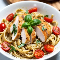 - 8 oz. fettuccine pasta - 2 boneless, skinless chicken breasts - 1 cup heavy cream - &frac12; cup basil pesto - 1 cup cherry tomatoes, halved - 2 cloves garlic, minced - 1 tablespoon olive oil - Salt and pepper to taste - &frac12; cup grated Parmesan cheese - Fresh basil leaves for garnish Fettuccine pasta gives this dish a nice, rich texture. You can use other types of pasta if you want. Chicken breasts are lean and cook quickly. They soak up flavor well. Heavy cream makes the sauce rich and smooth. Basil pesto adds a burst of fresh taste. You can buy it or make your own for more fun. Cherry tomatoes add some sweetness and color. Fresh basil leaves are great for garnish. They look nice and taste fresh. If you want to change things up, try whole wheat pasta for a healthier choice. You can swap chicken for shrimp or tofu if you want meatless. For a lighter sauce, use half-and-half instead of heavy cream. If you don&rsquo;t have cherry tomatoes, diced regular tomatoes work. Use nutritional yeast instead of Parmesan for a dairy-free option. These changes still taste great and keep the dish delicious. {{ingredient_image_1}} First, bring a large pot of salted water to a boil. Add 8 ounces of fettuccine pasta. Cook it according to the package directions until it is al dente. This usually takes about 8 to 10 minutes. After cooking, drain the pasta well, but save &frac12; cup of the pasta water. Set the pasta aside while you prepare the chicken and sauce. Next, take 2 boneless, skinless chicken breasts. Season both sides with salt and pepper. Heat 1 tablespoon of olive oil in a large skillet over medium-high heat. Once the oil is hot, add the chicken breasts. Cook them for about 6 to 7 minutes on each side. The chicken should be golden brown and fully cooked. Remove the chicken from the skillet and let it rest. Once it cools a bit, slice it into strips. In the same skillet, add 2 cloves of minced garlic. Cook the garlic for about 1 minute until it smells great. Then, pour in 1 cup of heavy cream, stirring well. Bring this mixture to a gentle simmer. Add &frac12; cup of basil pesto, either store-bought or homemade, and mix it in until the sauce is smooth. Next, toss in 1 cup of halved cherry tomatoes. Let them soften for about 3 to 4 minutes. Now it&rsquo;s time to bring everything together. Add the cooked fettuccine to the creamy pesto sauce. If you want a creamier dish, use some of the reserved pasta water. Then, add the sliced chicken, mixing it all until the chicken is well-coated with the sauce. Finally, stir in &frac12; cup of grated Parmesan cheese. Ensure it melts and blends into the dish. Adjust the seasoning with more salt and pepper if needed. To cook chicken breast well, start with even pieces. This helps them cook evenly. Season both sides with salt and pepper. Heat olive oil in a skillet over medium-high heat. Cook the chicken for about 6-7 minutes on each side. Look for a golden brown color. Use a meat thermometer to check if they reach 165&deg;F. After cooking, let the chicken rest for a few minutes. This keeps it juicy and tender. Slice it just before serving. When cooking fettuccine, follow the package directions closely. Use a large pot with plenty of water. Add salt to the water for flavor. Stir the pasta occasionally to prevent sticking. Cook it until al dente, which means firm to the bite. Remember to save some pasta water before draining. This water is starchy and helps the sauce stick better. For a creamy sauce, use heavy cream as your base. Heat it gently in the skillet after cooking garlic. Stir in basil pesto until it mixes well. If the sauce is too thick, add some reserved pasta water. This will help you reach the perfect creamy texture. Mix in the grated Parmesan cheese last, allowing it to melt smoothly. Taste and adjust seasoning with salt and pepper to make it just right. Pro Tips Use Fresh Basil Pesto: For the best flavor, opt for fresh basil pesto if possible, as it adds a vibrant taste that elevates the dish. Perfectly Cooked Chicken: Ensure the chicken is cooked until golden brown and juicy by using a meat thermometer; it should reach an internal temperature of 165&deg;F (75&deg;C). Reserve Pasta Water: Always save some pasta water before draining; it can help adjust the sauce consistency and make it creamier. Garnish Creatively: Enhance presentation by garnishing with not only fresh basil leaves but also a sprinkle of crushed red pepper flakes for an added kick. {{image_2}} You can make this dish gluten-free by using gluten-free pasta. Many brands offer great options that cook well. Just follow the package directions. The rest of the recipe stays the same. To make this dish vegetarian, skip the chicken. You can add more veggies instead. Try using mushrooms, zucchini, or bell peppers. Saut&eacute; them in the olive oil before adding garlic. This will give your dish a nice depth of flavor. You can boost the flavor in many ways. Adding fresh spinach will give it a nice pop of color and nutrients. Simply toss in a few cups of spinach when you add the cherry tomatoes. Sun-dried tomatoes also work great. They add a sweet and tangy taste. Just chop them up and mix them in with the sauce. After enjoying your creamy pesto chicken pasta, let it cool before storing. Place the pasta in an airtight container. This helps keep it fresh for later. You can store it in the fridge for up to three days. If you want it to last longer, freezing is a great option. When you&rsquo;re ready to eat the leftovers, take them out of the fridge. You can reheat the pasta on the stove or in the microwave. If using the stove, add a splash of water to keep it moist. Heat over low until warm. In the microwave, use medium power and heat in short bursts. Stir in between to avoid hot spots. To freeze creamy pesto chicken pasta, use a freezer-safe container. Make sure to leave some space at the top, as it will expand when frozen. It can last in the freezer for up to three months. When you&rsquo;re ready to eat it, thaw it in the fridge overnight. Then reheat as mentioned above. This way, you can enjoy this rich and flavorful dish anytime! Yes, you can skip the heavy cream. Use Greek yogurt or coconut milk instead. These will give you a creamy texture without dairy. If you want a lighter sauce, try using vegetable broth mixed with a bit of cornstarch. This will help thicken the sauce and keep it creamy. Cooking chicken breasts takes about 12 to 15 minutes. Sear them for 6 to 7 minutes on each side. Make sure the chicken reaches an internal temperature of 165&deg;F. This ensures it is safe to eat. Let it rest for a few minutes before slicing. This keeps the juices inside and makes it more tender. This dish pairs well with a fresh salad or garlic bread. A simple green salad adds crunch and freshness. You can also serve roasted vegetables for extra flavor. If you love cheese, sprinkle some extra Parmesan on top for a rich finish. To make basil pesto, gather these ingredients: - 2 cups fresh basil leaves - &frac12; cup grated Parmesan cheese - ⅓ cup pine nuts - 2 cloves garlic - &frac12; cup olive oil - Salt to taste Blend basil, cheese, pine nuts, and garlic in a food processor. Slowly add olive oil until smooth. Taste and add salt as needed. This homemade pesto adds a fresh, bold flavor to your creamy pesto chicken pasta. This blog post covered the key ingredients for creamy pesto chicken pasta and offered step-by-step cooking instructions. I also shared useful tips for perfect chicken, pasta, and sauce texture. We explored different variations, including gluten-free and vegetarian options. Finally, I provided guidance on storing leftovers and answered common questions. No matter your skill level, this dish is easy to make and sure to impress. Enjoy your cooking adventure!