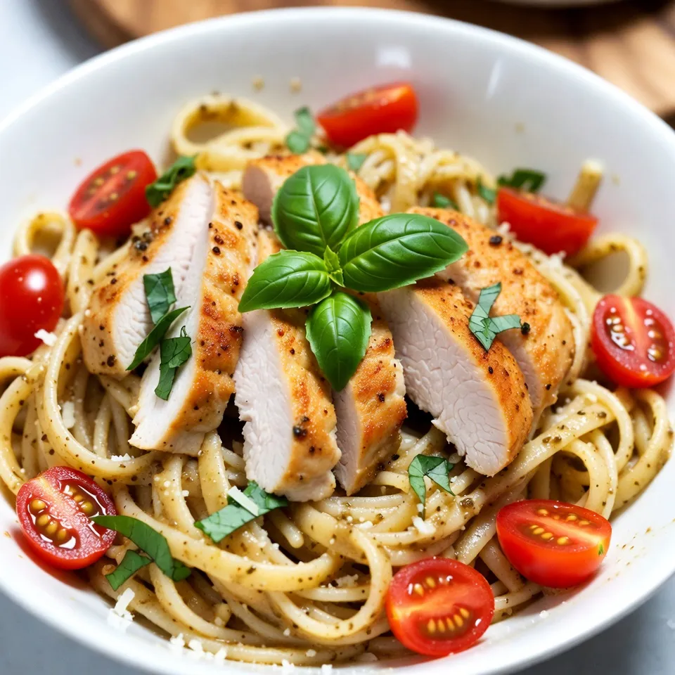 - 8 oz. fettuccine pasta - 2 boneless, skinless chicken breasts - 1 cup heavy cream - ½ cup basil pesto - 1 cup cherry tomatoes, halved - 2 cloves garlic, minced - 1 tablespoon olive oil - Salt and pepper to taste - ½ cup grated Parmesan cheese - Fresh basil leaves for garnish Fettuccine pasta gives this dish a nice, rich texture. You can use other types of pasta if you want. Chicken breasts are lean and cook quickly. They soak up flavor well. Heavy cream makes the sauce rich and smooth. Basil pesto adds a burst of fresh taste. You can buy it or make your own for more fun. Cherry tomatoes add some sweetness and color. Fresh basil leaves are great for garnish. They look nice and taste fresh. If you want to change things up, try whole wheat pasta for a healthier choice. You can swap chicken for shrimp or tofu if you want meatless. For a lighter sauce, use half-and-half instead of heavy cream. If you don’t have cherry tomatoes, diced regular tomatoes work. Use nutritional yeast instead of Parmesan for a dairy-free option. These changes still taste great and keep the dish delicious. {{ingredient_image_1}} First, bring a large pot of salted water to a boil. Add 8 ounces of fettuccine pasta. Cook it according to the package directions until it is al dente. This usually takes about 8 to 10 minutes. After cooking, drain the pasta well, but save ½ cup of the pasta water. Set the pasta aside while you prepare the chicken and sauce. Next, take 2 boneless, skinless chicken breasts. Season both sides with salt and pepper. Heat 1 tablespoon of olive oil in a large skillet over medium-high heat. Once the oil is hot, add the chicken breasts. Cook them for about 6 to 7 minutes on each side. The chicken should be golden brown and fully cooked. Remove the chicken from the skillet and let it rest. Once it cools a bit, slice it into strips. In the same skillet, add 2 cloves of minced garlic. Cook the garlic for about 1 minute until it smells great. Then, pour in 1 cup of heavy cream, stirring well. Bring this mixture to a gentle simmer. Add ½ cup of basil pesto, either store-bought or homemade, and mix it in until the sauce is smooth. Next, toss in 1 cup of halved cherry tomatoes. Let them soften for about 3 to 4 minutes. Now it’s time to bring everything together. Add the cooked fettuccine to the creamy pesto sauce. If you want a creamier dish, use some of the reserved pasta water. Then, add the sliced chicken, mixing it all until the chicken is well-coated with the sauce. Finally, stir in ½ cup of grated Parmesan cheese. Ensure it melts and blends into the dish. Adjust the seasoning with more salt and pepper if needed. To cook chicken breast well, start with even pieces. This helps them cook evenly. Season both sides with salt and pepper. Heat olive oil in a skillet over medium-high heat. Cook the chicken for about 6-7 minutes on each side. Look for a golden brown color. Use a meat thermometer to check if they reach 165°F. After cooking, let the chicken rest for a few minutes. This keeps it juicy and tender. Slice it just before serving. When cooking fettuccine, follow the package directions closely. Use a large pot with plenty of water. Add salt to the water for flavor. Stir the pasta occasionally to prevent sticking. Cook it until al dente, which means firm to the bite. Remember to save some pasta water before draining. This water is starchy and helps the sauce stick better. For a creamy sauce, use heavy cream as your base. Heat it gently in the skillet after cooking garlic. Stir in basil pesto until it mixes well. If the sauce is too thick, add some reserved pasta water. This will help you reach the perfect creamy texture. Mix in the grated Parmesan cheese last, allowing it to melt smoothly. Taste and adjust seasoning with salt and pepper to make it just right. Pro Tips Use Fresh Basil Pesto: For the best flavor, opt for fresh basil pesto if possible, as it adds a vibrant taste that elevates the dish. Perfectly Cooked Chicken: Ensure the chicken is cooked until golden brown and juicy by using a meat thermometer; it should reach an internal temperature of 165°F (75°C). Reserve Pasta Water: Always save some pasta water before draining; it can help adjust the sauce consistency and make it creamier. Garnish Creatively: Enhance presentation by garnishing with not only fresh basil leaves but also a sprinkle of crushed red pepper flakes for an added kick. {{image_2}} You can make this dish gluten-free by using gluten-free pasta. Many brands offer great options that cook well. Just follow the package directions. The rest of the recipe stays the same. To make this dish vegetarian, skip the chicken. You can add more veggies instead. Try using mushrooms, zucchini, or bell peppers. Sauté them in the olive oil before adding garlic. This will give your dish a nice depth of flavor. You can boost the flavor in many ways. Adding fresh spinach will give it a nice pop of color and nutrients. Simply toss in a few cups of spinach when you add the cherry tomatoes. Sun-dried tomatoes also work great. They add a sweet and tangy taste. Just chop them up and mix them in with the sauce. After enjoying your creamy pesto chicken pasta, let it cool before storing. Place the pasta in an airtight container. This helps keep it fresh for later. You can store it in the fridge for up to three days. If you want it to last longer, freezing is a great option. When you’re ready to eat the leftovers, take them out of the fridge. You can reheat the pasta on the stove or in the microwave. If using the stove, add a splash of water to keep it moist. Heat over low until warm. In the microwave, use medium power and heat in short bursts. Stir in between to avoid hot spots. To freeze creamy pesto chicken pasta, use a freezer-safe container. Make sure to leave some space at the top, as it will expand when frozen. It can last in the freezer for up to three months. When you’re ready to eat it, thaw it in the fridge overnight. Then reheat as mentioned above. This way, you can enjoy this rich and flavorful dish anytime! Yes, you can skip the heavy cream. Use Greek yogurt or coconut milk instead. These will give you a creamy texture without dairy. If you want a lighter sauce, try using vegetable broth mixed with a bit of cornstarch. This will help thicken the sauce and keep it creamy. Cooking chicken breasts takes about 12 to 15 minutes. Sear them for 6 to 7 minutes on each side. Make sure the chicken reaches an internal temperature of 165°F. This ensures it is safe to eat. Let it rest for a few minutes before slicing. This keeps the juices inside and makes it more tender. This dish pairs well with a fresh salad or garlic bread. A simple green salad adds crunch and freshness. You can also serve roasted vegetables for extra flavor. If you love cheese, sprinkle some extra Parmesan on top for a rich finish. To make basil pesto, gather these ingredients: - 2 cups fresh basil leaves - ½ cup grated Parmesan cheese - ⅓ cup pine nuts - 2 cloves garlic - ½ cup olive oil - Salt to taste Blend basil, cheese, pine nuts, and garlic in a food processor. Slowly add olive oil until smooth. Taste and add salt as needed. This homemade pesto adds a fresh, bold flavor to your creamy pesto chicken pasta. This blog post covered the key ingredients for creamy pesto chicken pasta and offered step-by-step cooking instructions. I also shared useful tips for perfect chicken, pasta, and sauce texture. We explored different variations, including gluten-free and vegetarian options. Finally, I provided guidance on storing leftovers and answered common questions. No matter your skill level, this dish is easy to make and sure to impress. Enjoy your cooking adventure!