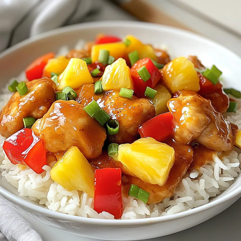 To make a delicious Sweet Hawaiian Chicken Skillet, you'll need the following fresh and vibrant ingredients: - 1 lb boneless, skinless chicken thighs, cut into bite-sized pieces - 1 tablespoon olive oil - 1 red bell pepper, sliced - 1 green bell pepper, sliced - 1 cup pineapple chunks (fresh or canned) - 1/3 cup low-sodium soy sauce - 1/4 cup honey - 2 cloves garlic, minced - 1 teaspoon ginger, grated - 1 tablespoon cornstarch mixed with 2 tablespoons water (optional for thickening) - Salt and pepper to taste - 2 green onions, chopped (for garnish) - Cooked jasmine rice or quinoa (for serving) These ingredients come together to create a balance of sweet and savory flavors. The chicken thighs stay tender and juicy, while the bell peppers and pineapple add a fresh crunch. Honey and soy sauce combine to form a delightful glaze. You can even thicken the sauce with cornstarch if you prefer a richer texture. This dish is simple yet full of flavor, making it a perfect choice for any weeknight dinner. {{ingredient_image_1}} Start by cutting 1 pound of boneless, skinless chicken thighs into bite-sized pieces. This size helps the chicken cook evenly. Heat 1 tablespoon of olive oil in a large skillet over medium-high heat. Once the oil is hot, add the chicken pieces. Season with salt and pepper to taste. Cook the chicken for about 5 to 7 minutes, stirring often, until it is browned and cooked through. Once done, remove the chicken from the skillet and set it aside on a plate. In the same skillet, add sliced red and green bell peppers. You’ll need one of each. Cook these for about 3 to 4 minutes, stirring occasionally, until they are slightly tender. Next, add 1 cup of pineapple chunks to the skillet. You can use fresh or canned pineapple. Cook this mixture for an additional 2 minutes. The sweet and tangy flavors will mix beautifully with the peppers. In a small bowl, whisk together 1/3 cup of low-sodium soy sauce, 1/4 cup of honey, 2 cloves of minced garlic, and 1 teaspoon of grated ginger. This sauce adds a wonderful depth of flavor to your dish. Pour this sauce over the cooked peppers and pineapple in the skillet. Stir well to combine everything. Now it’s time to bring everything together. Return the cooked chicken to the skillet. Stir the chicken into the pepper and pineapple mixture. If you want a thicker sauce, mix 1 tablespoon of cornstarch with 2 tablespoons of water in a small bowl. Stir this mixture into the skillet. Let it simmer for another 2 to 3 minutes until the sauce thickens. Taste your dish and adjust the seasoning if needed. To serve, spoon the chicken mixture over cooked jasmine rice or quinoa. This adds a nice base to soak up the sauce. Garnish with chopped green onions for a fresh touch. Enjoy your Sweet Hawaiian Chicken Skillet! I recommend using boneless, skinless chicken thighs for this dish. Thighs stay juicy and tender as they cook. You could use chicken breasts, but they might dry out more easily. If you want a fun twist, consider trying chicken tenders too. They cook quickly and are great for a fast weeknight meal. To boost flavor, try marinating the chicken before cooking. A mix of soy sauce, honey, garlic, and ginger works well. Let the chicken sit in the marinade for at least 30 minutes. This adds depth to the dish. Also, adding fresh herbs like cilantro or basil can brighten up the flavors. You can even squeeze some lime juice over the top before serving for a zesty finish. If you want a thicker sauce, use cornstarch. Mix one tablespoon of cornstarch with two tablespoons of water. Stir this into the skillet during the last few minutes of cooking. Let it simmer until it thickens. This gives your dish a nice glossy look. If you don’t have cornstarch, you can mash some of the pineapple chunks into the sauce. This adds natural sweetness and thickness. Pro Tips Marinate for More Flavor: For an extra depth of flavor, marinate the chicken in the soy sauce, honey, garlic, and ginger mixture for at least 30 minutes before cooking. Use Fresh Pineapple: If possible, use fresh pineapple instead of canned for a brighter taste and better texture. Fresh pineapple will enhance the sweetness and acidity of the dish. Vegetable Variations: Feel free to add other vegetables like snap peas or broccoli for added nutrition and color. Just adjust the cooking time so they remain crisp. Serve with a Twist: Try serving the Hawaiian chicken with coconut rice instead of plain jasmine rice for a tropical flair that complements the flavors beautifully. {{image_2}} You can switch up the protein in this dish. Instead of chicken, try shrimp or tofu. Both options bring unique flavors and textures. Shrimp cooks quickly, giving a nice bite. Tofu absorbs the sauce well, making it very tasty. For veggies, feel free to get creative. Broccoli or snap peas work great in this dish. They add a nice crunch and color. Just make sure to adjust the cooking time to keep them crisp. When it comes to grains, jasmine rice is a classic choice. However, you can also use brown rice or quinoa. Both options add fiber and nutrients. Quinoa has a nutty flavor that pairs well with the sweet sauce. You could also serve the chicken in wraps or over salads. These options make for a lighter meal. Plus, they are great for lunch the next day. Just pack the chicken mixture separately to keep it fresh. To keep your Sweet Hawaiian Chicken Skillet fresh, let it cool down first. Place it in an airtight container. This helps keep the flavors locked in. You can store it in the fridge for up to 3 days. If you want to keep it longer, consider freezing. Reheating is simple! You can use a microwave or stove. For the microwave, place the chicken in a bowl and cover it. Heat it for about 2-3 minutes. Stir halfway to ensure it warms evenly. If using the stove, heat it in a pan over medium heat. Add a splash of water or soy sauce to keep it moist. To freeze, store the chicken in a freezer-safe container. Make sure to label it with the date. It will last up to 2 months in the freezer. When ready to eat, thaw it overnight in the fridge. Reheat as mentioned above to enjoy its sweet and savory flavors once more. Yes, you can make Sweet Hawaiian Chicken Skillet ahead of time. Cook the chicken and veggies, then store them in an airtight container. This dish tastes great even after a day in the fridge. Just reheat it in a skillet or microwave before serving. This helps save time on busy nights. I love serving Sweet Hawaiian Chicken Skillet over jasmine rice or quinoa. The rice soaks up the sweet sauce well. You can also pair it with a fresh salad or steamed veggies for a lighter meal. If you want something crunchy, try adding a side of crispy wontons. Absolutely! Sweet Hawaiian Chicken Skillet is perfect for meal prep. It stays fresh for a few days in the fridge. Pack it in single-serving containers. This makes it easy to grab and go for lunch or dinner. Just warm it up, and you have a tasty meal ready. Yes, canned pineapple works well in this recipe. It saves time and adds sweetness. Just drain it before using to reduce extra juice. This keeps the dish from getting too watery. Fresh pineapple also tastes great, but canned is a good option if that’s what you have. This blog covered an easy recipe for Sweet Hawaiian Chicken Skillet. We detailed the ingredients you'll use, such as chicken thighs and pineapple. You learned step-by-step instructions for cooking and mixing. We shared tips on enhancing flavor and storage info. In the end, this dish is fun and flexible. You can make it yours by changing proteins or grains. Enjoy cooking and experimenting with the recipe!