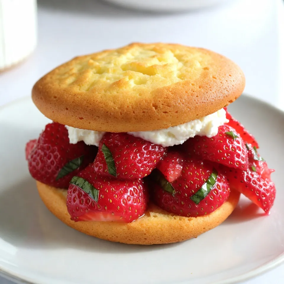 You need two cups of fresh strawberries for this treat. Make sure to hull and slice them. The strawberries bring sweetness and a juicy burst to each bite. They are the star of this dessert! This recipe calls for one tablespoon of fresh basil, finely chopped. Basil adds a unique twist to the classic shortcake. It gives the dish a fresh, herbal note that complements the strawberries well. For the shortcake, gather these items: - 2 cups all-purpose flour - 1 tablespoon baking powder - 1/2 teaspoon salt - 1/4 cup unsalted butter, cold and cubed - 1 cup heavy cream - 1 teaspoon vanilla extract - 1/2 cup mascarpone cheese These ingredients create a tender and flaky shortcake. The butter makes it rich, while the cream adds moisture. Don't forget the vanilla; it gives a lovely flavor to the cake. {{ingredient_image_1}} First, prepare the strawberries. In a medium bowl, add 2 cups of sliced strawberries. Sprinkle in 1/4 cup of granulated sugar and 1 tablespoon of finely chopped basil. Mix gently to coat the strawberries. Let this sit for about 30 minutes. This step draws out the juices and enhances the flavor of the strawberries. You will see them become juicy and fragrant. Next, gather the dry ingredients. In a large bowl, whisk together 2 cups of all-purpose flour, 1 tablespoon of baking powder, and 1/2 teaspoon of salt. Cut in 1/4 cup of cold and cubed unsalted butter. Use your fingers or a pastry cutter to mix until it looks like coarse crumbs. In a separate bowl, mix 1 cup of heavy cream with 1 teaspoon of vanilla extract. Gradually add this to the flour mix. Stir just until combined. Be careful not to overmix the dough. Now, it’s time to shape the dough. Turn the dough onto a floured surface. Knead it gently a few times until it comes together. Pat it down into a 1-inch thick rectangle. Use a biscuit cutter to cut out rounds. Place these shortcakes on a baking sheet lined with parchment paper. Preheat your oven to 425°F (220°C). Bake the shortcakes for 12-15 minutes until they turn golden brown. Let them cool for 5 minutes on the baking sheet, then move to a wire rack to cool completely. To put it all together, slice each shortcake in half. Spoon the macerated strawberries onto the bottom half. Add a dollop of 1/2 cup of mascarpone cheese on top of the strawberries. Place the top half of the shortcake over the filling. For a lovely touch, you can garnish with extra strawberries and basil if you wish. Now you’re ready to enjoy a delightful summer dessert! When picking strawberries, look for bright red ones. They should feel firm but not hard. Check for a sweet aroma; this tells you they are ripe. Avoid any berries with soft spots or mold. Fresh strawberries make your dessert taste better. To create fluffy shortcakes, keep your butter cold. Cold butter creates steam when baked, which gives your shortcakes height. Do not overmix your dough. Mix just until combined; this keeps the shortcakes tender. Finally, handle the dough gently to avoid compacting it. You can swap heavy cream for coconut cream if you want a dairy-free option. Instead of mascarpone cheese, use cream cheese for a tangy twist. If you don’t have fresh basil, try mint for a different flavor. Always adjust sugar based on the sweetness of your strawberries. Pro Tips Use Fresh Ingredients: Always use the freshest strawberries and basil for the best flavor. The quality of your ingredients can significantly affect the overall taste of the shortcake. Chill Your Butter: Make sure your butter is cold when you incorporate it into the flour mixture. This helps to create a flaky texture in your shortcakes. Don’t Overmix the Dough: When combining the wet and dry ingredients, mix just until combined. Overmixing can lead to tough shortcakes. Experiment with Flavors: Feel free to add other herbs or citrus zest to the strawberries for a unique twist. Lemon or mint can add a refreshing contrast to the sweetness of the strawberries. {{image_2}} You can make this dessert gluten-free. Use a gluten-free flour blend instead of all-purpose flour. Look for blends that work well in baking. They often have a mix of rice flour, tapioca flour, and potato starch. This keeps the taste and texture light. Follow the same steps from the original recipe, and you’ll end up with a tasty treat. If you want to mix it up, try different cream options. You can use whipped coconut cream instead of heavy cream. This adds a nice tropical flavor. Greek yogurt is another great choice. It gives a tangy twist while keeping it rich. Mix it with a bit of honey or maple syrup for added sweetness. Feel free to experiment and find what you love. You can add other fruits to your shortcake for fun flavors. Peaches, blueberries, and raspberries work well with strawberries and basil. Simply slice them and mix them in with the strawberries. This makes the dessert colorful and adds a variety of tastes. You can even create a fruit medley for a unique twist. To make your Strawberry Basil Shortcake shine, focus on color and texture. Start by stacking the shortcake layers high. Use fresh strawberries and basil as a bright garnish. Place the shortcakes on rustic wooden boards or elegant plates. A drizzle of the strawberry juice adds a nice touch. Keep it simple yet beautiful. You want your guests to be excited to dig in! This dessert pairs well with many drinks. For a refreshing touch, serve iced tea or lemonade. A glass of sparkling wine brings a festive vibe. You can also enjoy it with a light, fruity white wine. If you want something non-alcoholic, try a basil-infused soda. The flavors in the drink will match the dessert perfectly! Strawberry Basil Shortcake is great for many occasions. Serve it at summer picnics or backyard barbecues. It’s a hit at birthday parties and family gatherings. You can also delight guests at brunch or afternoon tea. This dessert adds a touch of elegance while remaining fun and light. It’s perfect for any celebration! Yes, you can make the shortcakes ahead of time. Bake them and let them cool completely. Store them in an airtight container at room temperature. They stay fresh for up to two days. This way, you can enjoy a quick dessert when friends come over. If you don’t have mascarpone cheese, you can use cream cheese. Soften the cream cheese first for a smooth texture. You can also mix it with a bit of heavy cream for a creamier taste. Greek yogurt is another option, giving a tangy flavor. Store any leftover shortcakes in an airtight container. Keep the strawberry basil mixture separate. The shortcakes will last for two days at room temperature. However, the strawberry mix is best in the fridge and should be used within a day. Yes, you can prepare the strawberry basil mixture ahead of time. Just mix the sliced strawberries, sugar, and basil. Let it sit in the fridge. This allows the flavors to blend well. It’s best to use it within a day for the freshest taste. This blog post covered all you need for a delightful Strawberry Basil Shortcake. We started with fresh strawberries and basil, then moved to the shortcake dough. I shared step-by-step instructions to macerate the strawberries and bake the shortcakes. I also provided tips to choose the best fruit and ensure fluffiness. You can try variations like gluten-free options or adding other fruits. Remember, good presentation and pairing can elevate your dish. Enjoy making this treat, and don’t forget to share your results!