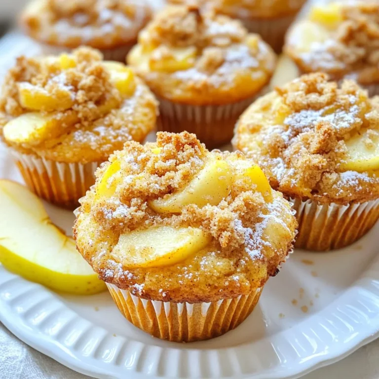 - 1 ½ cups all-purpose flour - ½ cup granulated sugar - ½ cup brown sugar, packed - 2 cups peeled and diced apples (Granny Smith or Honeycrisp) - ½ cup unsweetened applesauce - 1 teaspoon baking powder - ½ teaspoon baking soda - ½ teaspoon salt - 1 teaspoon ground cinnamon - 1 large egg - ½ cup vegetable oil - 1 teaspoon vanilla extract - ½ cup rolled oats - ¼ cup cold butter, diced - ¼ cup all-purpose flour (for the crumble) - 2 tablespoons brown sugar (for the crumble) - ½ teaspoon cinnamon (for the crumble) To make these muffins, you will need a few key items. The main ingredients include flour, sugar, and apples. I love using Granny Smith or Honeycrisp apples because they add a nice tartness. The applesauce keeps the muffins moist and tasty. For the dry ingredients, baking powder and baking soda help the muffins rise. A pinch of salt enhances the flavor, while ground cinnamon adds warmth. Next, for the wet ingredients, you need a large egg, oil, and vanilla extract. The egg binds everything together, and the oil keeps it soft. Finally, the crumble topping is a must. It has oats, diced cold butter, extra flour, and brown sugar. This topping gives the muffins a crunchy edge that contrasts with the soft inside. Gather all these ingredients to create a lovely batch of Cinnamon Apple Crumble Muffins. {{ingredient_image_1}} Preheat your oven to 350°F (180°C). Grease your muffin tin to prevent sticking. You can also line it with muffin liners for easy removal. In a large bowl, whisk together 1 ½ cups of flour, 1 teaspoon of baking powder, ½ teaspoon of baking soda, ½ teaspoon of salt, and 1 teaspoon of cinnamon. This mix gives the muffins a warm flavor and light texture. In another bowl, combine ½ cup of granulated sugar, ½ cup of brown sugar, 1 large egg, ½ cup of unsweetened applesauce, ½ cup of vegetable oil, and 1 teaspoon of vanilla extract. Mix until everything is smooth and well combined. Gradually pour the wet mix into the dry mix. Stir gently until just blended. Be careful not to overmix, as this can make the muffins tough. Fold in 2 cups of peeled and diced apples. The apples add moisture and sweetness. In a small bowl, combine ½ cup of rolled oats, ¼ cup of flour, 2 tablespoons of brown sugar, and ½ teaspoon of cinnamon. Add ¼ cup of cold diced butter. Use your fingertips to rub the butter into the mix until it looks like coarse crumbs. Spoon the muffin batter into your prepared muffin tin, filling each cup about two-thirds full. Sprinkle the crumble topping generously over each muffin. Bake for 18-20 minutes. Check with a toothpick; it should come out clean when done. To get the best muffins, avoid overmixing the batter. Mix just until you see no dry flour. This keeps your muffins light and fluffy. For apples, I recommend using Granny Smith or Honeycrisp. Both have great taste and texture. Granny Smith adds a nice tartness, while Honeycrisp gives sweetness. For the best crumble, combine the oats, flour, brown sugar, and cinnamon well. Then, rub in cold butter with your fingers. You want it to look like coarse crumbs. This way, your crumble stays crispy. You can also add nuts or a pinch of nutmeg for extra flavor. Serve the muffins warm for the best taste. Dust them with powdered sugar for a sweet touch. Arrange them on a nice plate. You can add thin apple slices around the muffins. A drizzle of honey or maple syrup makes them even better. Enjoy! Pro Tips Use Fresh Apples: Choose crisp and tart apples like Granny Smith or Honeycrisp for the best flavor and texture in your muffins. Don’t Overmix: Gently fold the wet ingredients into the dry ingredients to keep the muffins light and fluffy. Overmixing can lead to dense muffins. Chill the Butter: Make sure your butter is cold for the crumble topping; this helps create a nice, crumbly texture that bakes beautifully. Store Properly: Keep leftover muffins in an airtight container at room temperature for up to 3 days, or freeze them for longer storage. {{image_2}} You can easily change the flavor of these muffins. Adding nuts like walnuts or pecans gives a nice crunch. Dried fruits like raisins or cranberries add a sweet touch. You can even toss in chocolate chips for a fun twist. Try adding different spices, too. A bit of nutmeg can give a warm feel, while ginger adds a zing. You can mix and match flavors to find what you love best! If you need gluten-free muffins, you can use almond flour or oat flour instead of regular flour. Just make sure to check the labels for gluten-free options. For vegan muffins, replace the egg with a flax egg. Mix 1 tablespoon of ground flaxseed with 2.5 tablespoons of water. Let it sit for 5 minutes to thicken. You can also swap the oil for applesauce or a plant-based butter. These adjustments keep the muffins tasty while fitting various diets! To keep your muffins fresh, place them in an airtight container. This prevents air from drying them out. You can also use plastic wrap. For best results, store them at room temperature. Avoid placing them in the fridge unless you need to keep them longer. Freezing muffins is a great way to save leftovers. First, let them cool completely. Then, wrap each muffin in plastic wrap. Place the wrapped muffins in a freezer bag. Be sure to label the bag with the date. When you want to enjoy a muffin, take it out and let it thaw at room temperature. You can also microwave it for a quick warm-up. At room temperature, these muffins stay fresh for about 2 to 3 days. If you store them in the fridge, they last about a week. However, they taste best fresh. If you freeze them, muffins can last for up to 3 months. Just remember, the sooner you eat them, the better they will taste! For muffins, I love using Granny Smith or Honeycrisp apples. - Granny Smith: These apples are tart and firm. They hold their shape well when baked. - Honeycrisp: They have a sweet flavor and a juicy crunch. They add a nice balance to the muffins. Both types add great taste and texture to your muffins. Yes, you can make these muffins ahead of time. - Batter preparation: Mix the batter and store it in the fridge for up to 24 hours. - Baked muffins: You can also bake them and keep them at room temperature for two days. - Freezing: For longer storage, freeze the muffins for up to three months. Just thaw them before serving. You can check if the muffins are done by looking for a few signs. - They should be golden brown on top. - A toothpick inserted in the center should come out clean. - The muffins will spring back when you gently press the tops. These tests work well to ensure your muffins are perfectly baked. Absolutely! The crumble topping is easy to customize. - Add nuts: Try adding chopped walnuts or pecans for extra crunch. - Spices: You can mix in a pinch of nutmeg or ginger for more flavor. - Sweeteners: Use maple sugar or coconut sugar to change the taste. Feel free to get creative and make it your own! To recap, we explored how to make delicious Cinnamon Apple Crumble Muffins. We covered key ingredients, step-by-step directions, and helpful tips. You learned how to mix flavors and achieve a perfect crumble. We also discussed storage methods to keep your muffins fresh. These muffins are easy and fun to make. Enjoy your baking and let your creativity shine through!