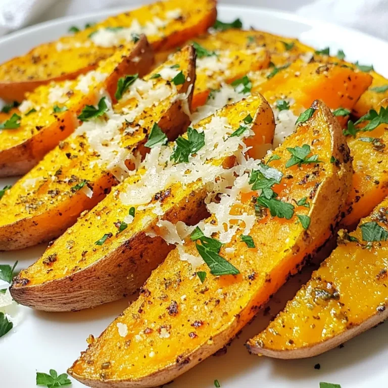 To make Garlic Parmesan Sweet Potato Wedges, you will need: - 2 large sweet potatoes, cut into wedges - 3 tablespoons olive oil - 4 cloves garlic, minced - 1 teaspoon dried oregano - 1 teaspoon paprika - Salt and pepper to taste - 1/2 cup grated Parmesan cheese - Fresh parsley, chopped for garnish You can make some swaps if you don't have certain items: - Olive oil: Use avocado oil or melted coconut oil. - Parmesan cheese: Try nutritional yeast for a vegan option. - Dried oregano: Fresh oregano works too, just use more. - Paprika: Smoked paprika gives a nice twist. Here’s a quick look at the nutritional value per serving (based on 4 servings): - Calories: 220 - Protein: 4g - Fat: 10g - Carbohydrates: 31g - Fiber: 5g - Sugar: 6g This dish packs a great balance of flavors and nutrients. Enjoy these sweet potato wedges as a tasty snack or a side! {{ingredient_image_1}} First, set your oven to 425°F (220°C). This high heat helps the sweet potatoes become crispy. While the oven warms up, line a baking sheet with parchment paper. This step makes cleanup easy and keeps the wedges from sticking. Next, take two large sweet potatoes. Wash them well and cut them into wedges. Aim for even sizes so they cook at the same rate. In a large bowl, add the sweet potato wedges. Pour in three tablespoons of olive oil. Then, add four minced garlic cloves, one teaspoon of dried oregano, one teaspoon of paprika, and salt and pepper to taste. Toss everything together until the wedges are fully coated. This mix adds flavor and helps the cheese stick later. Now, spread the sweet potato wedges on the prepared baking sheet. Make sure they are in a single layer. If they are too close, they won’t get crispy. Place the baking sheet in the preheated oven. Roast the wedges for 25 to 30 minutes. Flip them halfway through to ensure even cooking. They should turn golden brown and crispy. After roasting, take the sheet out of the oven. Sprinkle half a cup of grated Parmesan cheese over the hot wedges. Then, put them back in the oven for 2 to 3 minutes. This melts the cheese and gives a nice, crispy layer. Finish by garnishing with fresh chopped parsley before serving. Enjoy your tasty Garlic Parmesan Sweet Potato Wedges! To get crispy sweet potato wedges, follow these tips closely. First, cut your sweet potatoes evenly. This helps them cook at the same rate. Use a good amount of olive oil; it helps with browning. Spread the wedges out in a single layer on the baking sheet. Overcrowding will steam them instead of crisping them. Flip them halfway through cooking. This step ensures both sides get nice and golden. To boost flavor, try adding spices. You can mix in cayenne pepper for some heat. Or add rosemary for a fragrant touch. You can also try fresh herbs like thyme or basil. These can bring a different taste to your wedges. For an extra cheesy flavor, use a mix of Parmesan and cheddar cheese. This will make your wedges even more delicious. A beautiful plate can make a dish shine. After cooking, sprinkle fresh parsley on top. This adds color and freshness. Serve the wedges in a nice bowl or on a platter. You can even place a small bowl of dipping sauce beside them. This makes the dish look more inviting. A well-presented dish makes everyone want to dig in! Pro Tips Choose the Right Sweet Potatoes: Opt for firm, smooth-skinned sweet potatoes for the best texture and flavor. Don’t Skip the Soaking: Soak the sweet potato wedges in cold water for 30 minutes before cooking to help them crisp up better. Experiment with Seasonings: Feel free to add your favorite spices, like cayenne pepper or garlic powder, for an extra kick. Store Leftovers Properly: Keep any leftover wedges in an airtight container in the fridge for up to 3 days. Reheat in the oven for best results. {{image_2}} If you love heat, try adding spice. Mix in cayenne pepper or red pepper flakes. Start with a pinch and add more if you like. This will give your sweet potato wedges a nice kick. The spicy flavor pairs well with garlic and cheese. For a fresh twist, use herbs. Try fresh rosemary or thyme. Chop them finely and add to your olive oil mix. This adds a lovely aroma and taste. You can also use Italian seasoning for a different flavor. It makes the wedges taste even more gourmet. Want a vegan version? Skip the Parmesan cheese. Instead, use nutritional yeast. It gives a cheesy taste without dairy. Toss your sweet potatoes with olive oil and garlic as usual. Add the nutritional yeast right before baking. You'll have tasty, plant-based wedges that everyone can enjoy. To store your Garlic Parmesan Sweet Potato Wedges, let them cool first. Place them in an airtight container. They will stay fresh for up to three days in the fridge. If you want to keep them longer, freezing is a good option. When reheating, I recommend using the oven. Preheat it to 375°F (190°C). Spread the wedges on a baking sheet. Bake for about 10-15 minutes, or until they are hot and crispy again. You can also use an air fryer for quick reheating. To freeze, place the cooled wedges in a single layer on a baking sheet. Freeze them for about two hours until solid. Then, transfer them to a freezer bag. They can last up to three months in the freezer. When ready to eat, bake them directly from frozen, adding a few extra minutes to the cooking time. Yes, you can use regular potatoes. They will taste different. Regular potatoes are starchier and less sweet. They may need a bit more oil and seasoning. The cooking time may also change. Keep an eye on them while roasting. These wedges pair well with many dishes. Try them with grilled chicken or fish. They also go great with a fresh salad. You can serve them as a snack with dip. They are tasty with ranch or garlic aioli. To make them crispier, cut the wedges thinner. Thin wedges cook faster and get crisp. Make sure to toss them well with olive oil. Spread them out on the baking sheet. Avoid crowding them; this helps them crisp up nicely. Flip them halfway through cooking for even crispiness. In this blog post, we covered all aspects of making delicious garlic Parmesan sweet potato wedges. We explored ingredients, step-by-step instructions, and helpful tips for perfect results. You learned about tasty variations and how to store leftovers properly. Embrace your cooking skills and customize these wedges to fit your taste. Enjoy the flavors and textures, and impress everyone at your next meal. Cooking can be fun and rewarding, so get started now!