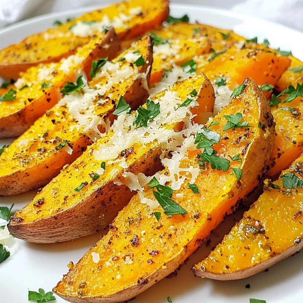 To make Garlic Parmesan Sweet Potato Wedges, you will need: - 2 large sweet potatoes, cut into wedges - 3 tablespoons olive oil - 4 cloves garlic, minced - 1 teaspoon dried oregano - 1 teaspoon paprika - Salt and pepper to taste - 1/2 cup grated Parmesan cheese - Fresh parsley, chopped for garnish You can make some swaps if you don't have certain items: - Olive oil: Use avocado oil or melted coconut oil. - Parmesan cheese: Try nutritional yeast for a vegan option. - Dried oregano: Fresh oregano works too, just use more. - Paprika: Smoked paprika gives a nice twist. Here’s a quick look at the nutritional value per serving (based on 4 servings): - Calories: 220 - Protein: 4g - Fat: 10g - Carbohydrates: 31g - Fiber: 5g - Sugar: 6g This dish packs a great balance of flavors and nutrients. Enjoy these sweet potato wedges as a tasty snack or a side! {{ingredient_image_1}} First, set your oven to 425°F (220°C). This high heat helps the sweet potatoes become crispy. While the oven warms up, line a baking sheet with parchment paper. This step makes cleanup easy and keeps the wedges from sticking. Next, take two large sweet potatoes. Wash them well and cut them into wedges. Aim for even sizes so they cook at the same rate. In a large bowl, add the sweet potato wedges. Pour in three tablespoons of olive oil. Then, add four minced garlic cloves, one teaspoon of dried oregano, one teaspoon of paprika, and salt and pepper to taste. Toss everything together until the wedges are fully coated. This mix adds flavor and helps the cheese stick later. Now, spread the sweet potato wedges on the prepared baking sheet. Make sure they are in a single layer. If they are too close, they won’t get crispy. Place the baking sheet in the preheated oven. Roast the wedges for 25 to 30 minutes. Flip them halfway through to ensure even cooking. They should turn golden brown and crispy. After roasting, take the sheet out of the oven. Sprinkle half a cup of grated Parmesan cheese over the hot wedges. Then, put them back in the oven for 2 to 3 minutes. This melts the cheese and gives a nice, crispy layer. Finish by garnishing with fresh chopped parsley before serving. Enjoy your tasty Garlic Parmesan Sweet Potato Wedges! To get crispy sweet potato wedges, follow these tips closely. First, cut your sweet potatoes evenly. This helps them cook at the same rate. Use a good amount of olive oil; it helps with browning. Spread the wedges out in a single layer on the baking sheet. Overcrowding will steam them instead of crisping them. Flip them halfway through cooking. This step ensures both sides get nice and golden. To boost flavor, try adding spices. You can mix in cayenne pepper for some heat. Or add rosemary for a fragrant touch. You can also try fresh herbs like thyme or basil. These can bring a different taste to your wedges. For an extra cheesy flavor, use a mix of Parmesan and cheddar cheese. This will make your wedges even more delicious. A beautiful plate can make a dish shine. After cooking, sprinkle fresh parsley on top. This adds color and freshness. Serve the wedges in a nice bowl or on a platter. You can even place a small bowl of dipping sauce beside them. This makes the dish look more inviting. A well-presented dish makes everyone want to dig in! Pro Tips Choose the Right Sweet Potatoes: Opt for firm, smooth-skinned sweet potatoes for the best texture and flavor. Don’t Skip the Soaking: Soak the sweet potato wedges in cold water for 30 minutes before cooking to help them crisp up better. Experiment with Seasonings: Feel free to add your favorite spices, like cayenne pepper or garlic powder, for an extra kick. Store Leftovers Properly: Keep any leftover wedges in an airtight container in the fridge for up to 3 days. Reheat in the oven for best results. {{image_2}} If you love heat, try adding spice. Mix in cayenne pepper or red pepper flakes. Start with a pinch and add more if you like. This will give your sweet potato wedges a nice kick. The spicy flavor pairs well with garlic and cheese. For a fresh twist, use herbs. Try fresh rosemary or thyme. Chop them finely and add to your olive oil mix. This adds a lovely aroma and taste. You can also use Italian seasoning for a different flavor. It makes the wedges taste even more gourmet. Want a vegan version? Skip the Parmesan cheese. Instead, use nutritional yeast. It gives a cheesy taste without dairy. Toss your sweet potatoes with olive oil and garlic as usual. Add the nutritional yeast right before baking. You'll have tasty, plant-based wedges that everyone can enjoy. To store your Garlic Parmesan Sweet Potato Wedges, let them cool first. Place them in an airtight container. They will stay fresh for up to three days in the fridge. If you want to keep them longer, freezing is a good option. When reheating, I recommend using the oven. Preheat it to 375°F (190°C). Spread the wedges on a baking sheet. Bake for about 10-15 minutes, or until they are hot and crispy again. You can also use an air fryer for quick reheating. To freeze, place the cooled wedges in a single layer on a baking sheet. Freeze them for about two hours until solid. Then, transfer them to a freezer bag. They can last up to three months in the freezer. When ready to eat, bake them directly from frozen, adding a few extra minutes to the cooking time. Yes, you can use regular potatoes. They will taste different. Regular potatoes are starchier and less sweet. They may need a bit more oil and seasoning. The cooking time may also change. Keep an eye on them while roasting. These wedges pair well with many dishes. Try them with grilled chicken or fish. They also go great with a fresh salad. You can serve them as a snack with dip. They are tasty with ranch or garlic aioli. To make them crispier, cut the wedges thinner. Thin wedges cook faster and get crisp. Make sure to toss them well with olive oil. Spread them out on the baking sheet. Avoid crowding them; this helps them crisp up nicely. Flip them halfway through cooking for even crispiness. In this blog post, we covered all aspects of making delicious garlic Parmesan sweet potato wedges. We explored ingredients, step-by-step instructions, and helpful tips for perfect results. You learned about tasty variations and how to store leftovers properly. Embrace your cooking skills and customize these wedges to fit your taste. Enjoy the flavors and textures, and impress everyone at your next meal. Cooking can be fun and rewarding, so get started now!