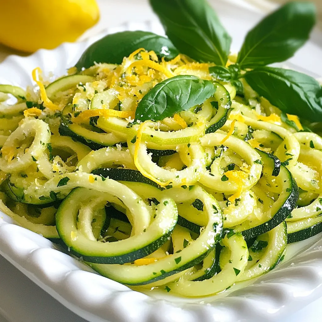 - 4 medium zucchini, spiralized into zoodles - 3 tablespoons olive oil - 4 cloves garlic, minced - Zest of 1 lemon - 2 tablespoons lemon juice - 1 teaspoon red pepper flakes - Salt and pepper to taste - ¼ cup freshly grated Parmesan cheese (optional) - Fresh basil leaves for garnish You can add extra flavor with optional ingredients. Try sun-dried tomatoes for a sweet touch. Fresh parsley also works well for added color. If you want protein, grilled chicken or shrimp boosts nutrition. Lemon Garlic Zoodles are healthy and low in calories. One serving has about 150 calories. This dish is rich in vitamins A and C. Zucchini is high in fiber, helping with digestion. Olive oil provides healthy fats, while garlic adds antioxidants. If you add Parmesan, it boosts calcium. This dish is filling but light, perfect for a healthy meal. {{ingredient_image_1}} First, you need to spiralize the zucchini. Use a spiralizer or a julienne peeler. You want nice, long zoodles. After spiralizing, place them on a clean kitchen towel. This helps soak up extra moisture. Zucchini has a lot of water, and we don’t want soggy zoodles! Next, grab a large skillet and heat the olive oil over medium heat. Once hot, add the minced garlic. Sauté it for about 1-2 minutes. You want it fragrant but not browned. If it browns, it will taste bitter. Now, toss in your zoodles. Cook them for about 3-4 minutes. Gently stir to mix them with the garlic and oil. After that, add the lemon zest, lemon juice, and red pepper flakes. This will give it a bright flavor. Season with salt and pepper to taste. Mix well so all zoodles get coated. Continue cooking for another 2-3 minutes. Look for tender zoodles that are still a bit firm. This keeps them from being mushy. When the zoodles are ready, remove the skillet from heat. If you want, sprinkle freshly grated Parmesan cheese on top. Toss gently to combine it with the zoodles. This adds a rich flavor. Serve your Lemon Garlic Zoodles right away. Garnish with fresh basil leaves for a pop of color and taste. Enjoy! When selecting zucchini, look for firm ones. They should have smooth skin and bright color. Avoid any with soft spots or blemishes. Smaller zucchini tend to have a sweeter taste and better texture. Aim for medium-sized zucchini, about six to eight inches long. Garlic can make or break this dish. Use fresh garlic for the best taste. Mince it finely to release its full flavor. Sauté it gently in olive oil. This step brings out its rich aroma without burning it. Stir the garlic for one to two minutes, just until fragrant. Serve your lemon garlic zoodles warm and fresh. They pair well with grilled chicken or shrimp. For a light meal, enjoy them as is. You can also top them with freshly grated Parmesan cheese. A sprinkle of fresh basil adds a pop of color and flavor too. Pro Tips Choose Fresh Zucchini: Opt for firm, shiny zucchini with a vibrant color for the best flavor and texture in your zoodles. Adjust the Garlic: If you're a garlic lover, feel free to add more minced garlic for an extra kick of flavor. Don’t Overcook the Zoodles: Keep an eye on the cooking time; zoodles should be tender yet still have a slight crunch to prevent them from becoming mushy. Garnish for Flavor: Fresh basil not only adds color but also enhances the dish's flavor profile, so don't skip this step! {{image_2}} You can easily make Lemon Garlic Zoodles vegan. Just skip the Parmesan cheese. Instead, use nutritional yeast for a cheesy flavor. This keeps the dish light yet tasty. You can also add more veggies like bell peppers or spinach for extra nutrition. These additions boost your meal and keep it plant-based. Want to make your zoodles heartier? Add protein! Cooked chicken or shrimp works well. They soak up the lemon and garlic flavor. Tofu is a great option, too. Just make sure to press it first to remove excess water. Cut it into cubes and sauté it in the pan before adding the zoodles. This adds texture and makes it filling. This dish is naturally gluten-free. Zoodles are made from zucchini, so they fit right in. If you want more bulk, serve them with gluten-free pasta. You can mix them together for a fun twist. Just check the labels on any sauces or added ingredients to ensure they are gluten-free. Enjoy your meal without worry! After you enjoy your Lemon Garlic Zoodles, store leftovers in a sealed container. Keep them in the fridge for up to three days. Make sure to let the zoodles cool before sealing. This keeps them fresh and tasty for your next meal. You can freeze zoodles, but they lose some texture. To freeze, spiralize the zucchini first. Then, blanch them in boiling water for one minute. After blanching, cool them in ice water. Drain and pat dry. Store in a freezer bag, removing as much air as possible. Zoodles can last up to three months in the freezer. To reheat your zoodles, use a skillet over medium heat. Add a bit of olive oil and toss in the zoodles. Heat for about three to five minutes. Stir gently to avoid sogginess. You can also use a microwave. Place zoodles in a microwave-safe dish. Heat for 1-2 minutes, stirring halfway. Enjoy your zoodles warm and flavorful! Yes, you can make Lemon Garlic Zoodles ahead of time. I suggest cooking them for about 80% of their cooking time. This keeps them firm. After cooking, let them cool. Store them in an airtight container in the fridge. They will last for up to three days. When you are ready to serve, just reheat them in a skillet for a few minutes. If you don’t have zucchini, you can use other veggies. Spaghetti squash works well. You can also try carrots or cucumber. They both have a nice crunch. Just spiralize or julienne them like you would zucchini. Each option will give a unique twist to the dish. To keep zoodles from becoming soggy, start by draining them. After spiralizing, place them on a clean kitchen towel. Let them sit for a few minutes to absorb moisture. Also, cook them quickly over medium heat. Avoid overcooking, as they can soften fast. Lastly, add the sauce just before serving to keep them fresh. In this post, I shared how to make Lemon Garlic Zoodles. We covered key ingredients, step-by-step cooking, and helpful tips. I also discussed variations, storage methods, and answered common questions. You can enjoy this dish in many ways. It is simple, healthy, and packed with flavor. I hope you feel inspired to try making your own zoodles soon!