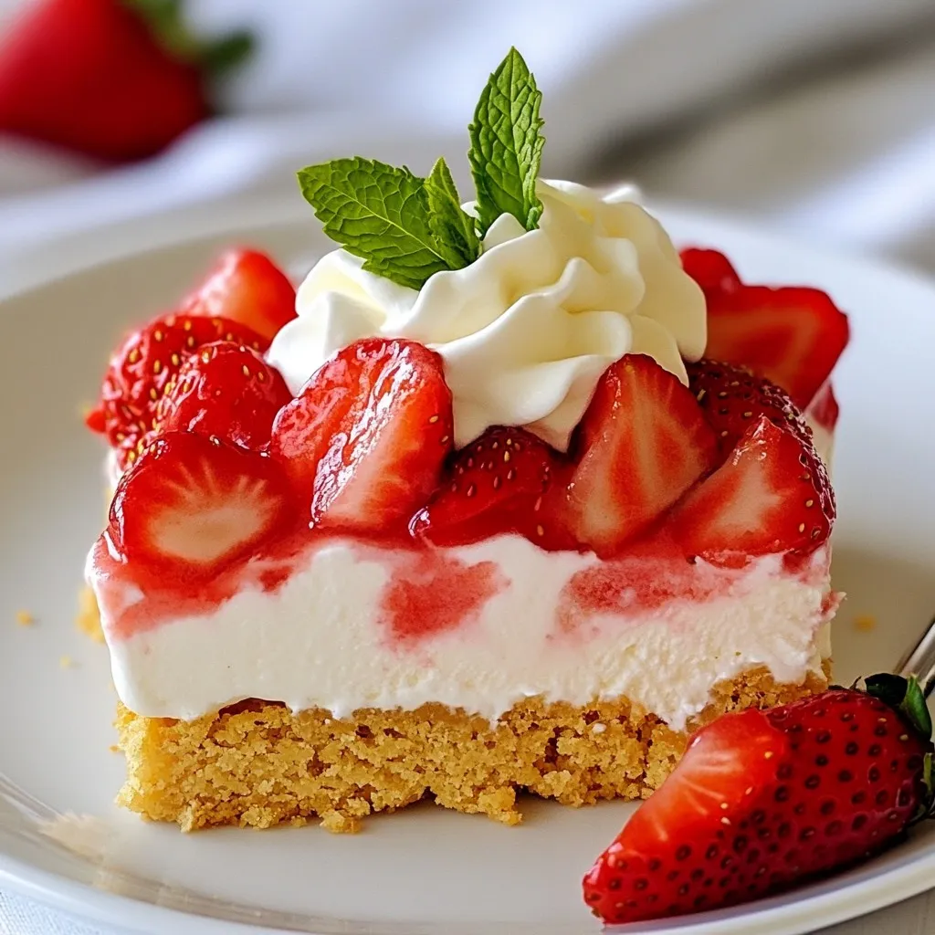 You need 2 cups of fresh strawberries. Start by hulling and slicing them. This means removing the green tops and cutting them into thin pieces. Fresh strawberries add great flavor and sweetness to your bars. They also give a nice color and texture. For this recipe, grab 1 pint of vanilla ice cream. Make sure it is slightly softened. This makes it easier to spread over the crust. Vanilla ice cream adds creaminess and a rich taste. It pairs well with the strawberries and crust. To make the crust, you will need: - 1 cup graham cracker crumbs - 1/2 cup unsalted butter, melted - 1 teaspoon vanilla extract Mix these three items together. The graham cracker crumbs give a nice crunch. The melted butter binds everything together. The vanilla extract adds extra flavor. This crust is the base for your ice cream bars. {{ingredient_image_1}} Start by washing your fresh strawberries. Then, hull and slice them. Place the sliced strawberries in a medium bowl. Add one tablespoon of sugar and one teaspoon of lemon juice. Toss the strawberries gently to coat them. Let them sit for about 15 to 20 minutes. This time helps draw out the juices. The strawberries will become sweet and juicy, perfect for our bars. While the strawberries sit, prepare the graham cracker crust. In a separate bowl, mix one cup of graham cracker crumbs with half a cup of melted unsalted butter. Add one teaspoon of vanilla extract for extra flavor. Stir until the mixture looks like wet sand. Line an 8x8-inch baking dish with parchment paper. Press the graham cracker mixture firmly into the bottom of the dish. Make sure it forms an even layer for a sturdy base. Now it’s time to assemble your bars. Spread one pint of slightly softened vanilla ice cream over the graham cracker crust. Use a spatula to smooth it out evenly. Next, spoon the macerated strawberries over the ice cream. Spread them out so every bite has strawberry goodness. Optionally, sprinkle some more graham cracker crumbs on top for added crunch. Cover the dish with plastic wrap and place it in the freezer. Let the bars freeze for at least four hours or until they are completely firm. Once frozen, lift the bars out using the parchment paper. Cut them into squares or rectangles. Serve with a dollop of whipped cream and a mint leaf on top for a lovely touch. To make the best crust, use fresh graham cracker crumbs. I suggest crushing the crackers by hand for a coarser texture. This adds a nice bite to each bar. Mix the crumbs with melted butter and vanilla extract. It should feel like wet sand. Press the mixture firmly into the dish. Make sure it’s even. This helps the crust hold together when you cut the bars. To cut the bars, first, let them sit at room temperature for about 5 minutes. This makes cutting easier. Use a sharp knife for clean edges. Wipe the knife between cuts to keep it clean. You can serve the bars straight from the freezer too. Just add a dollop of whipped cream and a fresh mint leaf on top. It makes for a pretty presentation! Feel free to get creative with flavors! You can swap strawberries for other fruits like raspberries or peaches. For a twist, try adding a splash of almond extract instead of vanilla. If you're feeling adventurous, mix in some cookie dough bites or chocolate chips. These changes add fun and surprise to each bite. Pro Tips Use Fresh Strawberries: For the best flavor and texture, always opt for fresh, ripe strawberries. They will enhance the overall taste of your ice cream bars. Chill Your Bowl: Before mixing the ice cream, chill your mixing bowl in the freezer for a few minutes. This helps keep the ice cream from melting too quickly while you spread it. Customize Your Crust: Feel free to experiment with different types of crumbs for the crust, such as chocolate or vanilla wafers, to add a unique twist to your ice cream bars. Let Them Set: For optimal texture, ensure your bars freeze for the full 4 hours. If you can wait longer, overnight is even better for a firmer consistency. {{image_2}} You can easily make dairy-free strawberry shortcake ice cream bars. Use coconut milk ice cream instead of vanilla. This adds a nice twist and keeps it creamy. You can also use almond milk or cashew milk ice cream. Both options taste great and are easy to find in stores. While strawberries are delicious, you can switch things up. Try blueberries, raspberries, or peaches for a fun twist. Just like with strawberries, mix them with sugar and lemon juice. This will give you a sweet filling that pairs well with the crust and ice cream. You can even combine different fruits for a colorful treat. Vanilla ice cream is classic, but feel free to explore! Use strawberry ice cream for a stronger berry flavor. Chocolate ice cream adds a rich taste and pairs well with all fruits. You can even try lemon or mint ice cream for a fresh burst. The key is to choose flavors that will complement your fruit choice. To store leftover strawberry shortcake ice cream bars, place them in an airtight container. Use parchment paper between layers to avoid sticking. This keeps the bars fresh and easy to grab. For best freshness, wrap each bar in plastic wrap before storing. This protects them from freezer burn. Ensure your freezer is set to 0°F (-18°C) or lower. This helps maintain the ice cream's creamy texture. These bars can last up to two weeks in the freezer. If you want to serve them later, remove them from the freezer and let them sit for a few minutes. This makes cutting easier. Serve with whipped cream and mint for a fun touch! Yes, you can make these bars ahead of time. In fact, they taste better after freezing overnight. This allows the flavors to blend nicely. You can store them in the freezer for up to two weeks. Just keep them covered with plastic wrap. This keeps them fresh and prevents freezer burn. You can add many fun ingredients to these bars. Try using crushed nuts for crunch. Chopped chocolate can add a sweet touch. You might also want to mix in some other fruits. Blueberries or raspberries work well with strawberries. Get creative and make it your own! You can find pre-made strawberry shortcake ice cream bars at most grocery stores. Check in the ice cream section. Look for brands that focus on natural ingredients. Local ice cream shops may also have their own version. These bars are a great option if you want a quick treat. You learned how to make delicious strawberry shortcake ice cream bars from fresh ingredients. We covered how to prepare strawberries, make the perfect graham cracker crust, and assemble the bars. I shared tips for cutting and serving, plus ideas for flavors and options. You can store leftovers well to keep them fresh. This treat is easy to customize and enjoy anytime. Now, grab your ingredients and start making these tasty bars today!