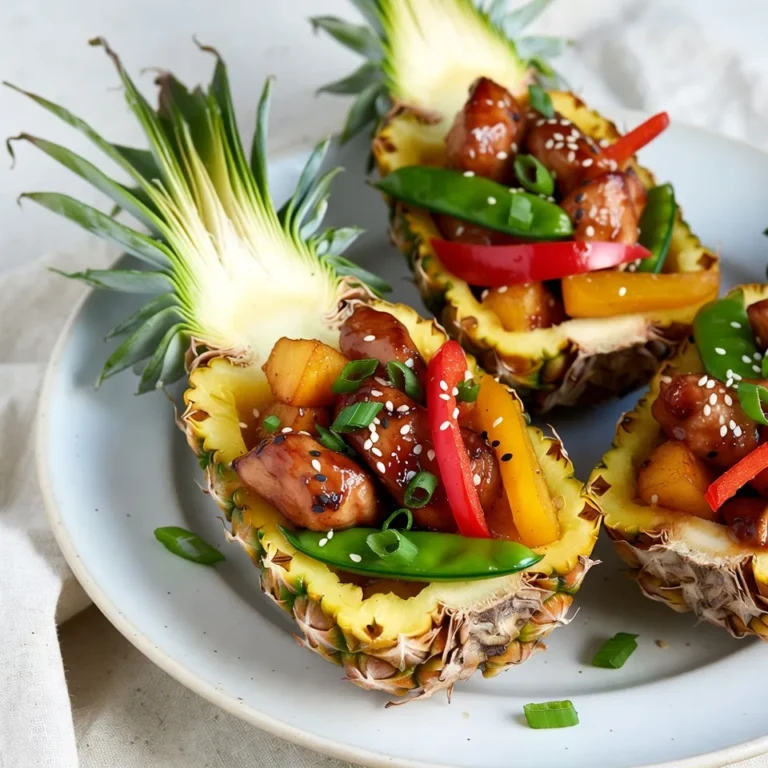 - 2 boneless, skinless chicken breasts, cut into bite-sized pieces - 1 cup teriyaki sauce (store-bought or homemade) - 1 medium pineapple, halved and cored - 1 red bell pepper, diced - 1 yellow bell pepper, diced - 1 cup snap peas, trimmed - 1 tablespoon olive oil - 1 tablespoon sesame seeds - 2 green onions, sliced for garnish - Cooked jasmine rice - Quinoa To make Teriyaki Chicken Pineapple Bowls, gather these fresh and vibrant ingredients. The chicken gives a hearty base, while the teriyaki sauce adds that sweet and savory kick. Using fresh pineapple not only makes it fun but also gives a tropical twist. You can mix in colorful vegetables like bell peppers and snap peas for crunch and nutrition. For a little extra flair, you can drizzle olive oil for cooking. Sesame seeds and green onions make great toppings. If you want more, serve it over cooked jasmine rice or fluffy quinoa. These bowls look great and taste even better. Enjoy the bright flavors and healthy goodness in every bite! {{ingredient_image_1}} First, toss the chicken pieces in a bowl with teriyaki sauce. Make sure each piece is well-coated. I recommend marinating for at least 30 minutes. If you have more time, let it sit for a few hours. This really helps the flavors blend. To cook the vegetables, heat a large skillet over medium heat. Add one tablespoon of olive oil. Once hot, toss in the diced red and yellow bell peppers along with the snap peas. Sauté them for about 5 to 7 minutes. They should be tender but still crisp. Season with salt and pepper, then remove them from the skillet and set them aside. Now it’s time to cook the chicken. Add the marinated chicken to the same skillet. Be sure to discard any extra marinade. Cook for about 7 to 10 minutes. Stir occasionally to ensure even cooking. The chicken should turn golden and caramelized when done. While the chicken cooks, prepare the pineapple bowls. Take your halved pineapple and use a spoon to scoop out the inside. Leave a small border to form a bowl. Chop the scooped pineapple into small pieces for later use. Once the chicken is cooked, mix it with the sautéed vegetables and chopped pineapple pieces. Stir everything together until evenly combined. Finally, fill each hollowed pineapple half with this tasty mixture. This adds a fun touch to your meal! To get the best flavor, marinate your chicken in teriyaki sauce. Toss the chicken pieces well and let them sit for at least 30 minutes. For deeper flavor, marinate for a few hours. The longer the chicken sits, the better it tastes! You can cook the chicken on a grill or in a skillet. For grilling, preheat your grill to medium-high heat. This gives the chicken great grill marks. When using a skillet, heat the olive oil first. Then add the marinated chicken directly to the skillet. Cook until golden brown and cooked through. Serve the filled pineapple bowls on a colorful platter. For a pop of color, add fresh herbs like cilantro or mint. If you choose to serve rice or quinoa, place a scoop beside each pineapple bowl. This makes your dish look even more inviting. Pro Tips Marinate for Best Flavor: Allow the chicken to marinate for at least 2 hours, or even overnight, to fully absorb the teriyaki sauce and enhance the flavor. Choose Ripe Pineapples: Select a pineapple that is slightly soft to the touch and has a sweet aroma at the base, indicating ripeness for the best taste in your bowls. Grill for Extra Char: For an authentic tropical flavor, grill the chicken and vegetables instead of sautéing them, which adds a delightful char and smokiness. Customize Your Veggies: Feel free to add other colorful vegetables like zucchini or carrots to the mix for added nutrition and visual appeal in your pineapple bowls. {{image_2}} If you want to switch things up, try using different proteins. You can use shrimp, beef, or tofu. Each option brings a unique flavor. Shrimp cooks fast and adds a nice touch. Beef gives a hearty bite, while tofu absorbs all those yummy teriyaki flavors. Make sure to adjust cooking times based on your choice. Shrimp cooks quickly, while beef may need a bit more time. For a plant-based teriyaki bowl, swap out the chicken for tofu or tempeh. Both options soak up the teriyaki sauce well. You can also add extra veggies like mushrooms or zucchini. Start by pressing the tofu to remove excess water. This helps it crisp up when cooked. Then marinate it in teriyaki sauce just like the chicken. Cook until golden brown and mix with your veggies. Want to kick it up a notch? Consider adding extra spices or sauces. Ginger adds warmth, while garlic brings depth. You can also try adding chili flakes for a spicy twist. A splash of lime juice can brighten the dish. Experiment with different sauces like sweet chili or sriracha for a fun twist. Each addition can change the whole vibe of your bowl! To store leftover teriyaki chicken pineapple bowls, let them cool first. Place the bowls in airtight containers. This keeps the chicken and veggies fresh. They will last up to three days in the fridge. Make sure to keep the sauce separate if possible. This helps prevent sogginess. You can freeze teriyaki chicken and pineapple bowls for later. Just pack the chicken and veggies in airtight freezer bags. Remove as much air as you can before sealing. This helps prevent freezer burn. You can freeze them for up to three months. However, avoid freezing the pineapple bowls themselves. The texture changes when thawed. When ready to eat, thaw the bowls overnight in the fridge. For reheating, you can use the microwave or stovetop. If using a microwave, heat on medium power. Stir every minute until warm. If using a skillet, add a splash of water to keep moisture. Heat on low until warmed through. Enjoy your tasty meal again! To make teriyaki sauce, you'll need simple ingredients. Here’s a quick recipe: - 1 cup soy sauce - 1/2 cup brown sugar - 1/4 cup honey - 1 tablespoon minced garlic - 1 tablespoon minced ginger - 1 tablespoon cornstarch mixed with 2 tablespoons water Combine the soy sauce, brown sugar, honey, garlic, and ginger in a pot. Heat it on medium until it simmers. Then, stir in the cornstarch mix to thicken. Cook for a few more minutes until it’s smooth. This sauce adds a sweet and savory touch to your teriyaki chicken. Yes, you can use frozen chicken. First, thaw it safely in the fridge overnight. If you forgot to thaw, you can use the microwave. Just make sure to cook it right after thawing. When cooking, ensure the chicken is fully cooked to an internal temperature of 165°F. This keeps it safe and tasty. There are many great sides to enjoy with your bowls. Here are some ideas: - Cooked jasmine rice - Quinoa - Steamed broccoli - Fresh salad - Grilled asparagus These sides balance the flavors and add nutrition to your meal. Enjoy the mix of tastes and colors on your plate! In this post, you learned how to make delicious teriyaki chicken pineapple bowls. We discussed key ingredients like chicken, teriyaki sauce, and fresh vegetables. You also discovered step-by-step cooking instructions and tips for marinating and serving. Don’t forget the fun variations to cater to different diets! Enjoy experimenting with this easy recipe. It’s perfect for family meals or meal prep. Let your creativity shine in the kitchen, and savor every bite!