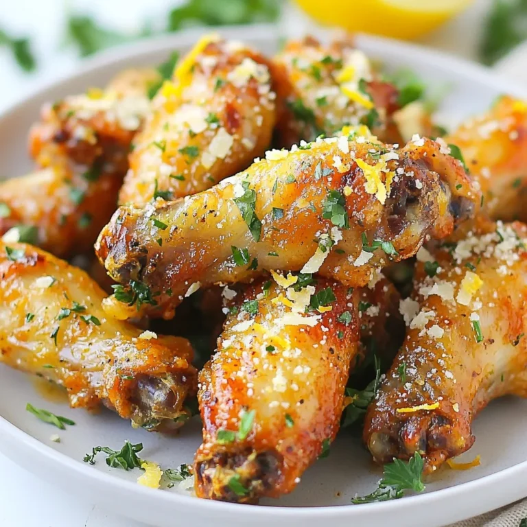 To make Garlic Parmesan Air Fryer Wings, you need fresh and simple ingredients. Each one adds flavor and makes the dish special. Here’s what you’ll need: - 2 pounds chicken wings - 1 tablespoon olive oil - 1 teaspoon garlic powder - 1 teaspoon onion powder - 1 teaspoon smoked paprika - ½ teaspoon salt - ½ teaspoon black pepper - ½ cup grated Parmesan cheese - 2 tablespoons fresh parsley, chopped - Zest of 1 lemon - 1 tablespoon lemon juice These ingredients come together to create a tasty wing dish. The chicken wings are the star, while the seasoning and sauce bring out their best. Using olive oil helps the spices stick and crisp the wings. Garlic powder and onion powder add a savory punch. Smoked paprika gives a subtle smokiness, while salt and black pepper balance the flavors. The Garlic Parmesan sauce is where the magic happens. Grated Parmesan makes it rich. Fresh parsley adds color and freshness. Lemon zest and juice brighten the sauce, making it zesty. Together, these ingredients create a flavorful delight that will have everyone asking for more. {{ingredient_image_1}} 1. Drying the chicken wings: First, use paper towels to pat the chicken wings dry. This step helps them get crispy when cooked. 2. Creating the seasoning mix: In a large bowl, mix the olive oil, garlic powder, onion powder, smoked paprika, salt, and black pepper. Stir until the spices blend well. 3. Tossing the wings in the seasoning: Add the dried wings to the bowl. Toss them in the seasoning mix until every wing is evenly coated. This ensures every bite is flavorful. 1. Preheating the air fryer: Set your air fryer to 400°F (200°C). Preheat it for about 5 minutes. This step helps the wings cook evenly. 2. Air frying the wings: Arrange the seasoned wings in a single layer in the air fryer basket. Cook them for 25 to 30 minutes. Shake the basket halfway through so they cook evenly. 1. Making the garlic parmesan sauce: In a small bowl, mix the grated Parmesan cheese, chopped parsley, lemon zest, and lemon juice. This sauce adds a fresh and zesty flavor. 2. Coating the wings after cooking: Once the wings are golden and crispy, remove them from the air fryer. Immediately toss them in the garlic parmesan sauce until they are fully coated. 3. Serving suggestions: Plate the wings and add some extra parsley and Parmesan cheese on top. This makes them look even more appealing. Enjoy your delicious garlic parmesan wings! To make your wings extra crispy, you need to dry them well. Use paper towels to pat each wing. This step helps remove moisture. Less moisture means better crispiness. Next, you can try a simple trick: let the wings air dry for 30 minutes. This enhances the crispiness even more. When cooking, avoid overcrowding the air fryer. Place wings in a single layer. This allows hot air to circulate. Shake the basket halfway through cooking. This ensures even crisping on all sides. To spice up your wings, think about adding cayenne pepper or smoked paprika. These give a nice kick. You can also use chili powder for a different flavor. For your garlic parmesan sauce, adjust to your taste. Want more garlic? Add a bit more garlic powder or fresh minced garlic. If you like a tangy touch, squeeze in more lemon juice. It brightens the flavor and balances the richness. Feel free to experiment with herbs too. Try adding thyme or oregano for a fresh twist. You can create your own unique version of garlic parmesan wings! Pro Tips Dry Wings for Crispiness: Make sure to pat the wings dry thoroughly before seasoning. This helps achieve that perfect crispy texture when air frying. Shake for Even Cooking: Don’t forget to shake the air fryer basket halfway through cooking. This ensures that all wings get evenly crispy and browned. Fresh Ingredients Matter: Use fresh parsley and freshly grated Parmesan cheese for the best flavor in your Garlic Parmesan sauce. It makes a noticeable difference! Experiment with Spices: Feel free to adjust the seasoning mix according to your taste. Adding a pinch of cayenne pepper can give your wings an extra kick! {{image_2}} To mix things up, try spicy garlic parmesan wings. Add a kick by including cayenne pepper or hot sauce in the seasoning mix. This boosts heat and flavor, perfect for spice lovers. You can also make honey garlic wings. Just add honey to your garlic parmesan sauce. This sweet touch pairs well with the savory cheese and garlic. If you don't have an air fryer, you can bake the wings in the oven. Preheat your oven to 425°F (220°C). Place the seasoned wings on a baking sheet. Bake them for about 40-45 minutes, flipping halfway. This method still gives you crispy wings. Grilling is another tasty option. Preheat your grill to medium-high heat. Place the wings on the grill and cook for about 20-25 minutes. Turn them often to avoid burning. This adds a smoky flavor, making them even more delicious. To keep your garlic parmesan air fryer wings fresh, use proper storage methods. First, let the wings cool to room temperature. This step prevents condensation and sogginess. Next, place the wings in an airtight container. You can use glass or plastic containers with tight lids. These containers will keep the wings safe from air and moisture. If you want to keep them longer, wrap the wings in foil or plastic wrap before putting them in a container. This will add extra protection. When it's time to enjoy your wings again, reheating is key. I recommend using the air fryer for the best results. Set it to 350°F (175°C) and place the wings in the basket. Heat them for about 5-7 minutes. This method keeps them crispy. You can also use an oven. Preheat it to 375°F (190°C) and lay the wings on a baking sheet. Bake for about 10-12 minutes. If you want to avoid dryness, cover them with foil for the first half of reheating. Enjoy your wings just as tasty as the first time! You should air fry chicken wings for 25 to 30 minutes. Set your air fryer to 400°F (200°C). Make sure to shake the basket halfway through. This helps cook the wings evenly. The wings will turn golden brown and crispy. Yes, you can use frozen wings. Just add a few extra minutes to the cooking time. Air fry them for about 30 to 35 minutes. Check for doneness by ensuring they reach an internal temperature of 165°F (74°C). This way, you can enjoy crispy wings even if they're frozen. Garlic parmesan wings pair well with many sides. Here are some tasty options: - Celery sticks with ranch or blue cheese dip - Crispy French fries or sweet potato fries - A fresh garden salad for a light option - Garlic bread to complement the flavors These sides will enhance your meal and make it even more enjoyable! We covered all you need to make great chicken wings. From ingredients to cooking steps, it’s simple. I shared tips for crispiness and variations for flavors. Storage and reheating methods help you enjoy leftovers. You can impress family and friends with these wings anytime. Try different sauces or cooking methods to find your favorite. Enjoy the process and the tasty results!